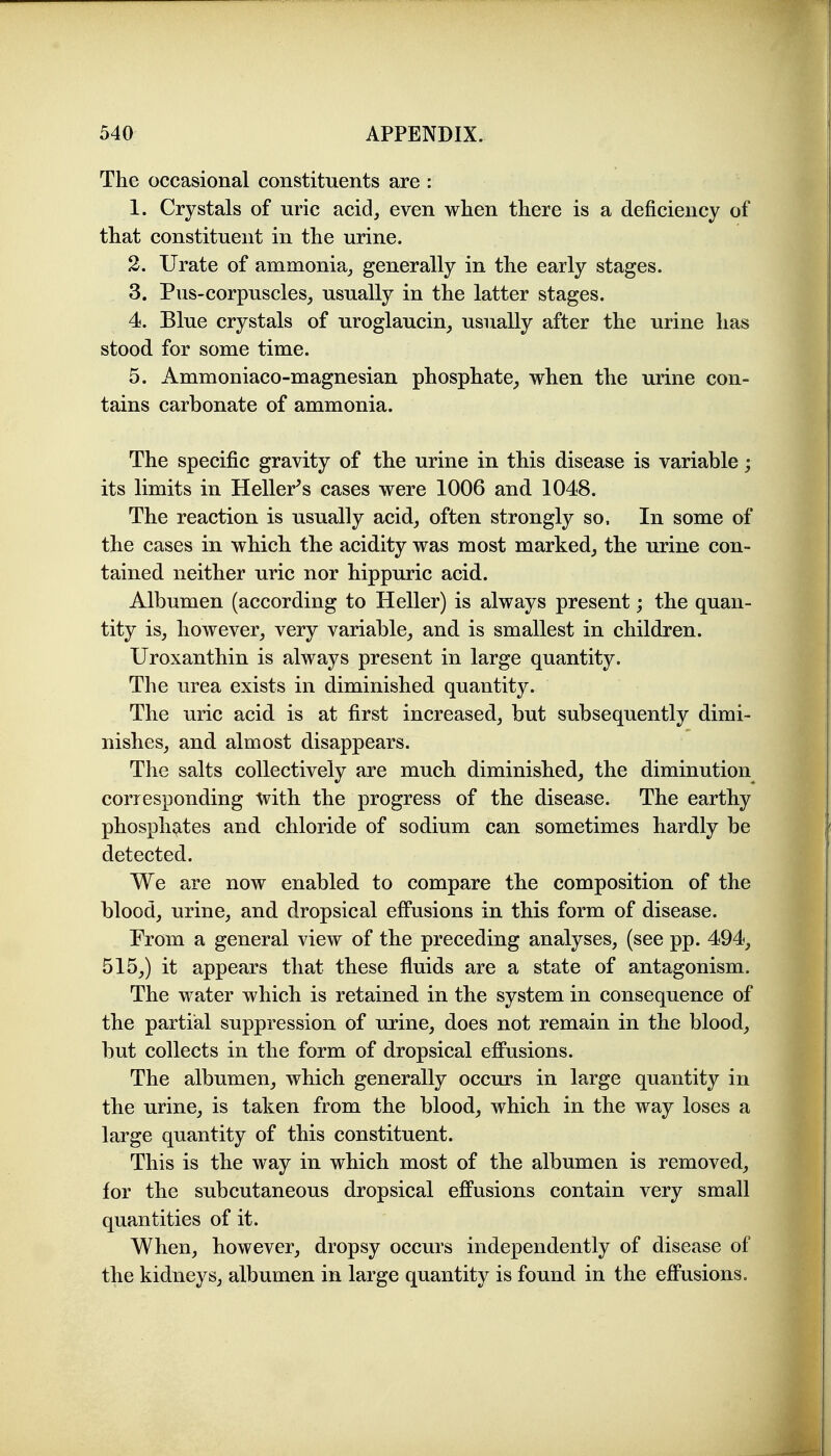 The occasional constituents are : 1. Crystals of uric acid, even when there is a deficiency of that constituent in the urine. 2. Urate of ammonia, generally in the early stages. 3. Pus-corpuscles, usually in the latter stages. 4. Blue crystals of uroglaucin, usually after the urine has stood for some time. 5. Ammoniaco-magnesian phosphate^ when the urine con- tains carbonate of ammonia. The specific gravity of the urine in this disease is variable; its limits in Heller's cases were 1006 and 1048. The reaction is usually acid, often strongly so. In some of the cases in which the acidity was most marked, the urine con- tained neither uric nor hippuric acid. Albumen (according to Heller) is always present; the quan- tity is, however, very variable, and is smallest in children. Uroxanthin is always present in large quantity. The urea exists in diminished quantity. The uric acid is at first increased, but subsequently dimi- nishes, and almost disappears. The salts collectively are much diminished, the diminution coriesponding -with the progress of the disease. The earthy phosphates and chloride of sodium can sometimes hardly be detected. We are now enabled to compare the composition of the blood, urine, and dropsical effusions in this form of disease. From a general view of the preceding analyses, (see pp. 494, 515,) it appears that these fluids are a state of antagonism. The water which is retained in the system in consequence of the partial suppression of urine, does not remain in the blood, but collects in the form of dropsical effusions. The albumen, which generally occurs in large quantity in the urine, is taken from the blood, which in the way loses a large quantity of this constituent. This is the way in which most of the albumen is removed, for the subcutaneous dropsical effusions contain very small quantities of it. When, however, dropsy occurs independently of disease of the kidneys, albumen in large quantity is found in the effusions.