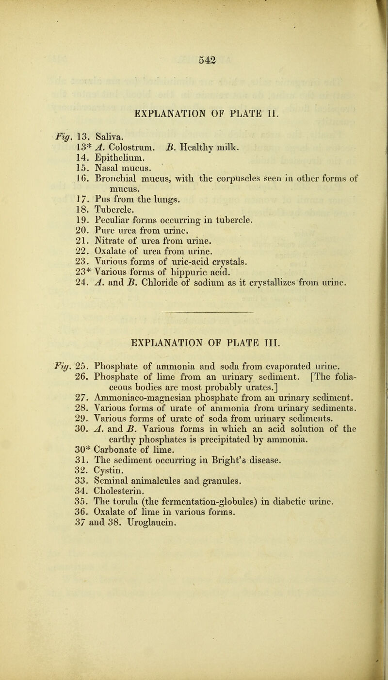 EXPLANATION OF PLATE IL Fig, 13. Saliva. 13* A. Colostrum. B. Healthy milk. 14. Epithelium. 15. Nasal mucus. 16. Bronchial mucus, with the corpuscles seen in other forms of mucus. 17. Pus from the lungs. 18. Tubercle. 19. Peculiar forms occurring in tubercle. 20. Pure urea from urine. 21. Nitrate of urea from urine. 22. Oxalate of urea from urine. 23. Various forms of uric-acid crystals. 23* Various forms of hippuric acid. 24. A. and B. Chloride of sodium as it crystallizes from urine. EXPLANATION OF PLATE III. Fig. 25. Phosphate of ammonia and soda from evaporated urine. 26. Phosphate of lime from an urinary sediment. [The folia- ceous bodies are most probably urates.] 27. Ammoniaco-magnesian phosphate from an urinary sediment. 28. Various forms of urate of ammonia from urinary sediments. 29. Various forms of urate of soda from urinary sediments. 30. A. and B. Various forms in which an acid solution of the earthy phosphates is precipitated by ammonia. 30* Carbonate of lime. 31. The sediment occurring in Bright's disease. 32. Cystin. 33. Seminal animalcules and granules. 34. Cholesterin. 35. The torula (the fermentation-globules) in diabetic urine. 36. Oxalate of lime in various forms. 37 and 38. Uroglaucin.