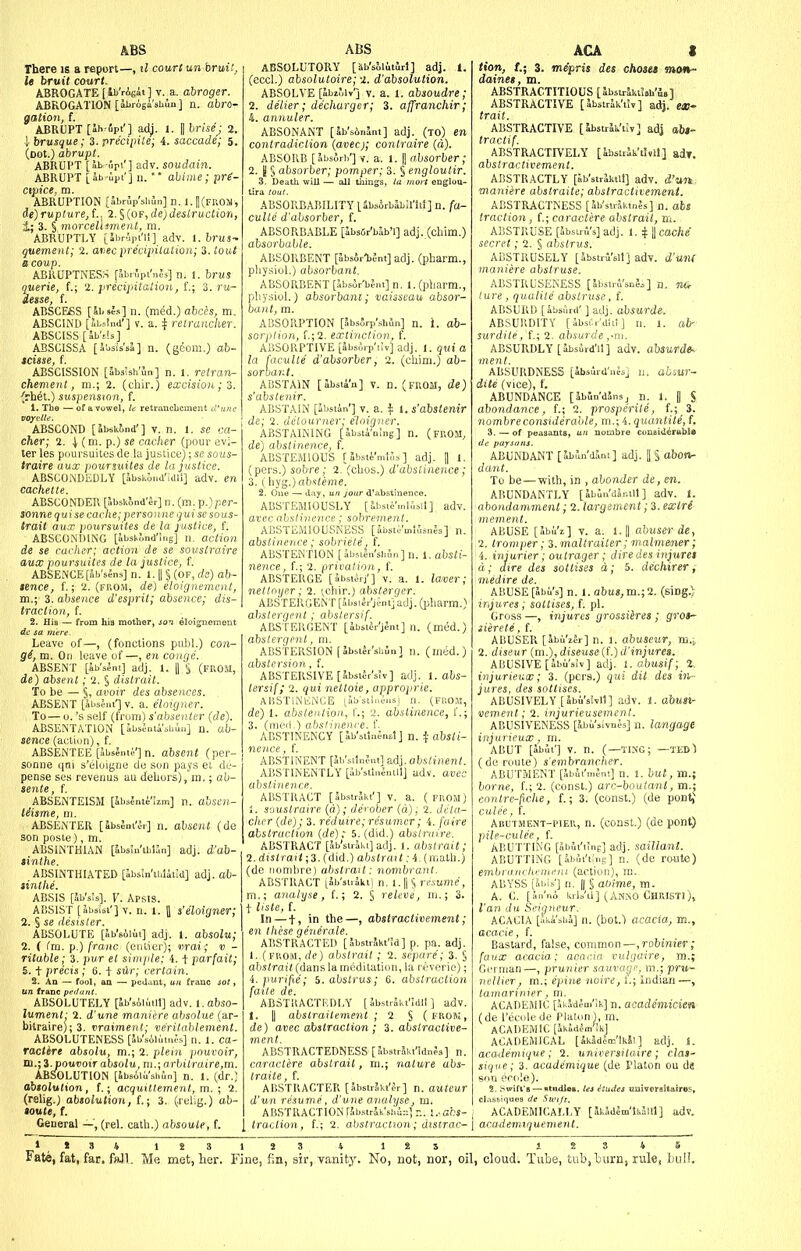 ABS There is a report—, il court un bruit, It hruil court. ABROGATE [Ib'rAfiit] v. a. abroger. ABROGATION [il^rigi'sbin] n. aljro- gation, f. ABRUPT [5h-6pt'] adj. 1. || brisej 2. I brusque; 3. pre'cipile; 4. saccade; 5. (Dot.) abrupt. ABRUPT [4b-',ri'] adv. souf/nin. ABRUPT [ab upi'] II. •■ abime; pre- cipice, m. ABRUPTION [AbrSp'si.Sn] n. 1. ll(FROJi, de) rupture, f.. 2, § (of, de) destruction, 4; 3. § morcellirneiit, ra. ABRUPTLY [Ibrupi'il] adv. 1. brus- guenient; 2. ariec precipitation; 3. tout a coup. ABRUPTNESS [Jbrf.pi'nSs] n. 1. brus querie, f.; 2. precipiiaiion, f.; 3. ru- iesse, f. ABSCESS [Jl,!S.s] n. (med.) abces, m. ABSCIND [Jbsind'] V. a. if retranclter. ABSCISS [lb't!s] ABSCISSA [Sbsis'sa] n. (gcom.) ab- tcisse, f. ABSCISSION [SbsJsh'in] n. 1. reiran- chement, m.; 2. (chir.) excision; (rhet.) suspension, f. 1. Tbe — of a vowel, It: reti-aucbcment d'une vojrelle. ABSCOND [absufind'] V. n. 1. sc ca- cher; 2. \ (m. p.) se cacher (pour evi- ter les poursuites de la justice) ;S(; sous- traire aux poursuites de Injustice. ABSCOIN'DEDLY [ibskuud'idli] adv. en cachette. ABSCONDER [abskond er] n. (m. p.)per- sonne quise cache; persoine qui sesous- trait aux poursuites de la justice, f. ABSCONDING [absimd'lng] n. action de se caclier; action de se soustraire aux poursuites de la justice, f. ABSENCEpb'slns] n. 1.1| S (OF, dc) ab- tence, f.; 2. (pnOM, de) eloignemcnt, m.; 3. absence d'esprit; absence; dis- traction, f. 2. His — from hia mother, son eloignement Leave of—, (fonotions piibl.) con- gi, m. On leave of —, en conge. ABSENT [Jb'sint] adj. 1. H 5 (from, de) absent; 2. § distrait. To be — §, avoir des absences. ABSENT [ibsJnilv. a. eloigner. To— 0. 's self (from) s'ahsenler (de). ABSENTATION [Jbsfmi'ibuu] n. ab- sence (action), f. ABSENTEE [Jbslnti'] n. absent (per- sonne qni s'eloiyne de son pays et de- pense ses reverius au dehors), m.; ab- sente, f. ABSENTEISM [Jbsfnti'Izir.] n. ahscn- tiisme, m. ABSENTER [ubseni'ei] 11. absent (de son posie), tn. ABSINTHIAN [libsSn'tblSn] adj; d'ab- tinlhe. ABSINTHIATED [Jbsin'ti.liud] adj. ab- linthe. ABSIS [Jb'sU]. V. Apsis. ABSIST [absisi']v. n. 1. II s'eloigner; 2. § se desisler. ABSOLUTE [Sb'eilii] adj. i. absolu; 2. ( Cm. p.) franc (eiilier); mai; v - ritable; 3. pur et simple; 4. i parfait; 5. + precis ; 6. + sitr; certain. 2. An — fool, aa — pedaut, un fraac sot, ABSOLUTELY [Sb'siiitil] adv. i.abso- lumenl: 2. d'une maniere absolue (ar- bitraire); 3. vraiment; ve'rilablement. ABSOLUTENESS [Sb'sAlumJ-s] n. 1. ca- ractire absolu, m.; 2. plein pouvoir, m.; 3, pouDotr absolu, m.; arbilraire,m. ABSOLUTION [Jbsiiu'shln] n. 1. (dr.) abtolution , f.; acquiltement, m. ; 2. (relig.) absolution, f.; 3., (relig.) ob- »ouIe, f. General —', (rel. cath.) absoule, f. ABS ABSOLUTORY [iib'sMitlrl] adj. t. (occl.) absolutoire; -i. d'absolution. ABSOLVE [Ibi.'.w'j V. a. 1. absoudre; 2. delier; de'charger; 3. affranchir; 4. annuler. ABSONANT [5b's6nint] adj. (to) en contradiction {avecj; contraire (d). ABSORB [absorb'] y. a. 1. || absorber; 2. y § absorber; pomper; 3. § engloutir. 3, beatb will — all things, ta mart engloa- tira tour. ABSORBABILITY 1.Jbs6rbibll'lil] n. fa- culle d'absorber, f. ABSORBABLE [absSr'bab'l] adj. (chim.) absorbable. ABSORBENT [abs6r^S^t] adj. (pharm., physiol.) absorbant. ABSORBENT [lbsSr^?nt] n. 1. (pliarm., physiol.) absorbani; vaisseau absor- bant, m. ABSORPTION [5bs5rp'shSn] n. i. ab- sorption, f.;2. extinction, f. ABSORPTIVE [4bs6rp't!v] adj. 1. qui a la faculte d'absorber, 2. (chim.) ab- sorbant. ABSTAIN [absla'n] V. I1.(FR0M, de) s'absle7iir. ABSTAIN [absian'j v. a. ^ 1. s'abstenir de; 2. delourner; eloigner. AiiSTAlNlNC [absla'ning] n. (FROM, de. '/I.f. ,. rSbstJ'mtSs] adj. II 1. ; :r : .'. (cIjos.) d'ahslimnce; 2. One — il.iv, ml yo«r d'abstiuence. ABSTEMIOUSLY [Jbste'mlftsil] adv. avec abslirience; sobremeni. ABSTEMIOUSNESS [iibsu-'miusnjs] n. abstinence; sobriele, f. ABSTENTION [ Jbsiln'sbSn] n. 1. absti- nence, L; 2. privalioti, f. ABSTERGE [Sbstdrj'] v. a. 1. laver; netloyer; 2. i,chir.) absterger. ABSTERGENT [abaier'jentj adj. (pharm.) abstergent; abslersif. ABSTERGENT [4bsi2r'j5nt] n. (med.) abstergent, m. ABSTERSION [SbstSr'shiinl n. (ined.) abstersion, f. ABSTERSIVE [SbsiSr's!v] adj. i. abs- lersif; 2. qui nettoie, approprie. AliSTINliNlJE [Ib'sll.ijnsj II. (FliO.lI, de) I. alisteiitioii, I'.; 2. abstinence, (.; 3. (moii.) abstinenre. f. ABSTINENCY [Jb'silnSnElJ n.^absti- nence, f. ABSTINENT [Jb'silnjnt] &di. abstinent. iVBSTlNENTLY [ib'sil.iJmllJ adv. avec abstinence. ABSTRACT [5bsir5kt'] v. a. ( from) 1. soustraire (d); derober (d), 2. deta- cher {de)j 3. reduire;resumer; 4. faire abstraction {de); 5. (did.) abstroire. ABSTRACT [Sb'suikt] adj. 1. abs trait; 2. distrait; 3. (did.) abstrai t:4.{math.) (de riombre) abslrait: nonibrant. ABSTRACT [Sb'si.Skij n. 1.1 5 resume, m.; analyse, f.; 2. j releve, in.; 3. t liste, f. In— + , in the—, abstractivement; en these generate. ABSTRACTED [Jbstrlkt'M] p. pa. adj. 1. (from, de) abslrait; 2. separe; 3. § abstrait (dans la meditation, la reverie); 4. purifie; 5. abstrus; 6. abstraction faite de. ABSTKACTF.DLY (abstrakt'idlt ] adv. 1. II abstraitement ; 2 § (frok, de) avec abstraction ; 3. abstractive- ment. ABSTRACTEDNESS [Jbstrakt'IdnSs] n. caractere abstrait, m.; nature abs- traite, f. ABSTRACTER [IbstrSkrtr] n. auteur d'un resume, d'une analyse, m. ABSTRACTION rJbsirik'sbinl r.. l.-aos- I traction, f.; 2. abstraction; distrac- ACA S tion, t; Z. mepris des choaei mon- dainet, m. ABSTRACTITIOUS [SbsirJkiloh'Ss] ABSTRACTIVE [absirSkViy] ad^. e«- trait. ABSTRACTIVE [ IbstrSik'tiv j adj a,b$- tractif. ABSTRACTIVELY [ibstrik'tNU] adT. abstractivement. ABSTRACTLY [ab'straktlt] adv. d'um, maniere abstraite; abstractivement. ABSTRACTNESS [Ib'sirSktnJs] n. abs traction, f.; caractere abstrait, m. ABSTRUSE [Ibsiru's] adj. i.^l cache secret; 2. § abstrus. ABSTRUSELY [Sbstri'sll] adv. d'unt maniere abstruse. ABSTRUSENESS [Sbsivu'snS.] n. n& lure , qualite abstruse, f. ABSURD [absfird' ] adj. absurde. ABSURDITY [ibMU'did] !i. 1. ab- surdite, f.; 2. absurde,-ni. ABSURDLY [IbsSrd'll] adv. absurds ment. ABSURDNESS [Jbsird'nJs] n. aisur- dite (vice), f. ABUNDANCE [Jbun'dSnsj n. 1. | S abondance, f.; 2. prospe'rile, f.; 3. nombreC07isiderahle, m.; 4. quantile, f. 3. —• of poaaants, un nombre conaid^rabl* de paysans. ABUNDANT [abin'd.Hni] adj. 5 S abon- dant. To be—with, in , abonder de, en. ABUNDANTLY [Jbiu'damil] adv. i. abondamment; 2. largement; 3. exlre mement. ABUSE [Sbu'z] y. a. 1.1| abuser de, 2. tromper; 'i.maltrailer; malmmer; 1. injurier; outrager; dire des hijurei d; dire des sottises a; 5. dechirer medire de. ABUSE [Sbii's] n. 1. abti«,m.;2. (sing.) injures; sottises, {. pi. Gross —, injures grossiires; gro>- iierete, f. ABUSER [abii'zer] n. 1. abuscuT, m.v 2. diseur (m.), diseuse (f.) d'injures. ABUSIVE [Jbu'siv] adj. l.abusif; %. injurieux; 3. (pers.) qui dit des in- jures, des sottises. ABUSIVELY [ibi'slvlt] adv. 1. abusl- vement; 2. injurieusement. ABUSIVENESS [Jbu'sivnfc] n. langage injurieux, m. ABUT [abili'] V. n. (—Tl.NG; —ted) (de route) s'embrancher. ABUTMENT [JbSi'mi-nt] n. 1. but, m.; borne, f.; 2. (const.) arc-boutant, m.: eontre-ftche, f.; 3. (const.) (de pon^ culee, f. Abutment-pier, n. (const.) (de pent) pile-culee, f. ABUTTING [JbSt'itne] adj. saillani. ABUTTING [JbSi'tais] n. (de route) embroiiclinineni (action), ra. ABYSS [ibis] n. II § abime, m. A. C. [an'no krls'U] (ANISO CHRISTI ), Van du Seigneur. ACACIA [kasba] n. (hot.) acacia, m.. Bastard, false, common—,robinier; faux acacia; acnr.ia vuhjaire, m.; German—, prunier sauragr, m.; pru- nellier, m.; epine noire, f.; Indian—, tamarinier, m. ACADEMIC [akadJo/Ik] n. academicien (de I'ecolede Platen), m. ACADEMIC [ikJd^m'Sk] ACADEMICAL [ak3idem'tkSl ] adj. 1. academique ; 2. universitaire ; cla»- siqu e; 3. academique (de Platon ou d« ~ §. t^v^rt's — iitadle*. les Eludes uuiversitarres, cl.-iBsiquoa de Swi/c. j ACADEMICALLY [ikSdlm'tUul] adv. I academiquement. » «34 1S81S3 * ISI IBS 4S