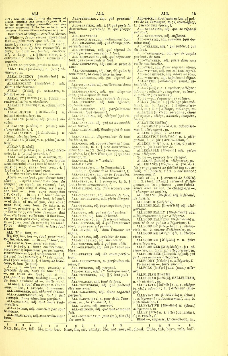 ALL Tne« , ioitt en Pair. 7. — to tte errors i gettias, MBsible aux eireurs da genie. 8. - SliO softer feelings, accessible aux pit Itndres ienlimcnts. 9. To be — to a. o. ntrignas, etre attentif aux ijitrigues dc q. u. Certificate of being—, certificatde vie, m. While —, de son vivani; more dead fcan —, plus mort que vif. To be — again I], i.rtDit're; revenir dlavie;2 ressusciter; 3. eire ressuscite; to iurii, to bury —, bruler, enterrer vif; to keep —, l.\\faire vivre;2. § entretenir ; alimenter ; mainlenir; [A1.1VE ne preoMe jamais le nom.] ALKAKENGI [al'l^akenji] n. (bot.) al- 'likenge, m. ALKAl.ESCENXY [ilkilSs'iSnst] n. cliim.) alcalescence. ALKALESCEINT [ JlkSles'sJ-nt] adj. ,cliim.) alcalescent. ALKALI [51'Kai'i], pL Alkalies, ri. (chim.) alcali, m. ALKALIFY [5lk3l'!fl] V. a. (chim.) l- rendre alcalin; 2. alculiser, ALKALIFY [Jikai'ifi] V. n. (chim.) s'al- caliser. ALKALiMETEE. [ Jlkjlim eiJr ] u. (chim.) alcalimetre, m. ALKALINE [iU'kilin] adj. (chim.) al- calin. ALKALINE [Jl'kJlm] n. (chim.) sub- stance alcaline, f. ALKALIZATION [ JikiUlii'siiiln ] n. (chim.) alcalisaMon, f. ALKALIZE [^'killz.] V. a. (chim.) a/ca- User. ALKANA [Jl'k5n5] ALKANET pi'kinet] n. 1. (bot.) orca- nete, f.; 2. (taint.) orcanite, f. ALKORAN [ai'kAran] n. alkoran, m. ALL [ai] adj. 1. tout; 2. (avec le nom Sous-«ntendu) tons (tout le monde); 3. (suivi de who, that) tons ceux; i. ( lout cela: 5. (avec not) rien. 1. — that j-ou say, tout ce que vous dites. Above —, surtout; par-dessus tout; after—, t. aprh tout; 1. au bout du compte; au total; au resume; five, six—, (jeu) cinq d cinq; six d six ; one and — , tous sans exception ( V. One); — in —, 1. * tout; entie- rement; 2. ( du tout au tout; let quel. — of them, of us, of you, eux tous; nous tous; vous tous. To take a. 0. — ii —7 prendre q. u. tel quel. It is --the same ), c'est tout denteme; that IS —, c'est tout; voild tout; if that is—, *'t7 ne tient qu'd cela; -when — comes to — ), au bout du compte; au total. To be — things to — men, se faire tout a tous. ALL [51] n. tout, m. My, thy, his, her —, tout pour moi, ioi, lui, elle, etc. — in —, * tout, m. To stake 0. 's—, jouer son tout. ALL [ai] adv. 1. tout; enlierement; xbsolument; infiniment; parfailement ■ '.ouverainement; 2. % uniquement; 3. ) (da lieu) tout partout; i.  (de temps) lout (precisement); 5. + bien; de beau- soup; 6. tant (le plus). , ?«e»9«e peu; jamais; 2 'J)r6c6de de no, not) du tout; if at —, ou point du tout; not at —, pas, point du tout; nothing at—, rien du tout; nowhere at —, nulle part. — at once, i. tout d'un coup; 2. tout d ■oup; —but, I. excepte: l.presque. All-abhorred, adj. abhorre de tous. ALL-AtCOMPLISHKD, adj. tout d fait ■ccomp/i; d'une education parfaile. All-admiring, adj. tout dans I'ad- niration. All-advised, adj. conseille par tout It monde. Jjj^^»eacteous, s.d}.souverainemenl ALL All-besetting , adj. qui poursuit partout. All-blasting, adj. 1. || § qui parte la destruction partout; 2. qui frappe tout. AlL-BOL'NTEOL'S All-bol'ntiful, adj. infiniment ban. All-changing, adj. qui change per- petuellement. All-cheering, adj. qui re'pand la gaiele partout; qui rejouil tout. All-commanding, adj. quiregnesur tout; qui commande d tout. All-gosiplking, adj. qui se prete d tout. > J f i All-conscious, adj. (of, de) quia le sentiment, la conscience intime. All-depending, adj. qui depend de tout. All-disgraced, adj. entierement dans la disgrace. All-dispensing, adj. qui dispense tout; qui dispose de tout. All-dhf.aded, adj. redoute de tous. ALL-r.FKiciENT, adj. tout efflcace; loul-puissant. ALL-ELoyuENT, adj. parfailement eloquent; tout eloquent. All-ekul'ring, adj. re'sjgrie (qui en- dure tout). All-enraged, adj. qui est aucomble de la fureur. All-flaming, adj. flamboyant de tous coles. All-giver, n. dispensateur de tous les biens, m. All-good, adj. souverainement bon. All-good, n. 1. ^ etre souveraine- ment bon, in.; 2 (bot.) chenopode, m.; anserine, f.; ( bon Henri, m ; ( epinard All-hail, int. f  salutl All-hallow All-hallows, n. la Toussaint, f. — tide, n. epoque de la Toussaint, f. All-hallown, adj. <ie la Toussaint. All-happy, adj. bienheureux. All-heal, n. 1. ^ panacee, f.; 2. if (bot,) berce brancursme, f. All-helping, adj. d'un secours uni- versel. All-uonoured, adj. honore de tous. All-imprecating, adj. plein d'impre- cations. All-judging, adj. juge supreme ;juge souverain. All-just, adj. qui est tout justice. All-kino, adj. tout de bonte. All-knowing, adj. descienceinfinie. All-licensed, adj. a qui I'onpermet tout; d qui tout est permis. All-loving, adj. dont I'amour est infini. All-making, adj. criateur de tout. All-murdering, adj. meurtrier. All-obeying, adj. d qui tout oheit. All-oblivious, adj. qui fait tout ou- blier. All-perfect, adj. de toute perfec- tion. All-perfectness, n. perfection ab- solue, f. All-piercing, adj. pergont. All-potent, adj. S tout-puissant. All-powerful, adj. |1 § tout-puis- sant. All-praised, adj. louii de tous. All-pretending, adj. qui pretend Hre universel. All-sagacious, adj. d'une sagacite parfaile. All-saints-day, n. jour de la Tous- mint, m.; la Toussaint, f. All-saving, adj. saureur. All-shunned, adj. que lout lemonde fuit. All-souls-day, n. jo«r (m.), fete (f.) des morts. ALL All-spice, n.(bot.)pimenl,nt.j (poi^ vre de la Jamatque, m.; ( toute-ipio3, {.; ( herbe aux epices. f. All-spreading, adj. qui u riparJ sur tout. All-sufficient, adj. suffisant. All-swaying, adj. supreme (qui do- mine tout). All-telling, adj. * quipublie,(_ qui dit tout. ALL-TRIUMPHING, adj. qui triomphi partout, de tout. All-watched, adj. passe dans une veille continuelle. All-wise, adj. d'une sagesse infinie. All-witted, adj. qui est tout esprit. All-worshipped, adj. adore de tous. All-wouthy, adj. infiniment digne. ALLANTOIS [iliSntoi's] n. (anat.) al- lantorde, f. ALLAY [alii] v. a. l.apaiser; alle'ger; adoucir; ajjaiblir; temjierer; calmer, 2. t allier (les metaux). To be —ed, s'apaiser; se calmer. ALLAY [alii'] n. 1. til alliage (des me- taux), ni. V. Alloy; 2. [\ ajfaiblisse- ment, m.; 3. t § alliage; melange, m. ALLAYER [aiia'er] n. per Sonne, chose qui'apaise, allege, adoucit, tempere, calme, f. AI,LAYING [Mli'Sng] ALLAYMERT [iui'mint] n. adoucisse- ment; altegement, m. ALLEDGE [allej']. V. ALLEGE. ALLEGATION [Jilegi'shfin] n. 1. alle- gation, f.; 2. (dr.) articulation, f. ALLEGE ['Mli'] V. a. 1. (to, d) alle- guer; 2. (dr.) exciper de. ALLEGEABLE [iiiSj'ib'l] adj. qu'on peut alleguer. To be —, pouvoir Stre allegue. ALLECER [Siiej'lr] n. allegateur, m. ALLEGIANCE [SllejUns] n. (to, d) 1. (dr.) engagement de fidelite (au souve- rain), m.; fidelite, f.; 2. ^ obeissance; soumission, f. Oath of ^—, 1. I serment de fidelite, m.; 2. (hist. d'Angl.) serment d'alU- .geance, m. In a prince's—,sousl'obei$- sance d'un prince. To change o.'s —, * changer de maltre. ALLEGIANT [luejllnt] adj. ^ de'eoMe, de fidelite. ALLEGORIC [alli!gf,r'ik] ALLEGORICAL [Juig&r'ikJl] adj. alli- gorique. ALLEGORICALLY [5lleg!,r'!kSll1] adv. allegoriquement; par allegoric. ALLEGORICALNESS [illegSr'ikJinIs] n. qualite de ce qui est allegorique, f. ALLEGORIST [ai'legorist] n. 1. alle'go- riste, m.; 2. auteur d'allegories, m. ALLEGORIZE [al'iegoilz] v. a. allego- riser. ALLEGORIZE [5l'lig6rh] v. n. faire des allegories. ALLECORIZER [Jl'legAHifr] n.ifl. al- legoriste,ra. ;2. (m. p.) allegorisew, m. ALLEGORIZING [ai'ligirlilng] adj. qui fait, qui aime les allegories. ALLEGO-RY [ii iigirl] n. allegorie, f. To make an —, faire une —. ALLEGRO [iiiegrA] adv. (mus.) alle- gro. ALLELOIAH [Jllelu'lJ] ALLELUJAH [aiiilii'jJ], HALLELUJAH, n. 4^ alleluia, m. ALLEVIATE [aiii'Tlk] v. a. 1. alUger (q. c,h.); adoucir; 2. ^ attentier (alle- ge r). ALLEVIATION [SiiWi'shSn] n. (chos.) 1. allegement; adoucissement, m.; S. I attenuation, f. ALLEVIATIVE [iHi'vlSiW] n. {choc.} allegement, m. ALLEY [ii'ii] n. 1. alle'e (de jardiE), f.; 2. ruelle, f. Blind --, impasse, f.; cul-de-tac, m..  * 123123 4 128 123*1