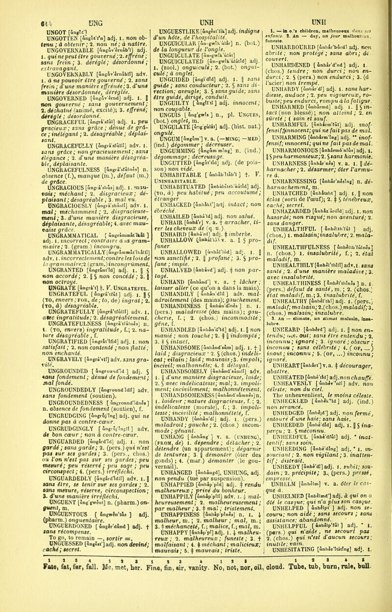 UNGOT [Sngf3t'l UNGOTTEN [ungotVa] adj. 1. non ob- tenu; d obtenir; 2. non ne; a naUre. UNGOVERNABLE [f.ngJv'IraSb'i] adj. 1. qui ne pent etre gouverne;2.effrene; sans [rein; 3. deregle; desordonne; e.rlravagant. UNGOVERNABLY [SngSv'JniSbll] adv. t. d ne pouvoir etre gouvern^; 2. sans (rein; d'une maniere effrenee;Z. d'unt maniire desordonnee, dereglee. UNGOVERNED [Jnglv'Irnd] adj. 1. [ fwn gouverne ; sans gouvernement; 2. dichatne (nD'im^, excitiS); 3. effrine; deregle; desordonne. UNGRACEFUL [ingri'sfil] adj. 1. peu gracieux; sans grdce ; denue de gra- ce ; inilegant; 2. desagreable; deplai- sant. UNGRACEFULLY [Ingri'sfiul] adv. I. sans grdce; non gracieusement; sans elegance; 2. d'une maniere desagrea- ble, deplaisante. UNGRACEFULNESS [Ingri'sfulnls] n. absence (f.), manque (m.), defaut (ra.) de grdce. UNGRACIOUS [Ingia'shusj adj. l.mau- vais; mechant; 2. disgracieux; de- plaisant; desagreable, 3. mal vu. UNGRACIOUSLY [ungri'shusil] adv. 1. mal; mechamment; 2. disgracieuse- tMnt;3~ d'une maniere disgracieuse, deplaisante, desagreable; 4. avec mau- taise grdce. UNGRAMMATICAL [ ungrSmmJt'lkll ] adj. 1. incorrect; contraire a la gram- maire; 2. (gram.) incongru. UNGRAMMATICALLY [ingrSmmlt'tkJii;) adv. 1. inccrrectement;contre les loisde In qram7naire;2-(^Ta.m,)incongrument, UNGRANTED [ingrint'Id] adj. 1. 11 S non accorde; 2. | § non concede ; 3. J non octToye. UNGRATE [ingri'tj ^. V. Ungrateful. UNGRATEFUL [Sngri'trti] adj. i. 8§ (TO, envers; for, de; to, de) ingrat; 2. (to, d) desagreable. UNGRATEFULLY [fingri'ifjnl] adv. i. atec ingratitude; 2. desagreablement. UNGRATEFULNESS [Sngri'traini,] n. \. (to, enneri) ingratitude, f.; 2. na- iare desagreable, f. UNGRATIFIED [Ingrli'lfid] adj. l. non satisfait; 2. non contente ; non flatte; non enchante. UN GRAVELY [Sngri'vil] adv. sans gra- vile. UNGROUNDED [ Jngrou^d'id ] adj. J *ans fondement; denue de fondement; nal fonde. UNGROUNDEDLY [ingroundidll] adv. »anj fondement (soutien). UNGROUNDEDNESS [ inground'idnl. ] n. absence de fondement (soutien), f. UNGRUDGING [IngrSj'ing] adj. qui ne donne pas a contre-coeur. UNGRUDGINGLY [ SngrSj'Ingil ] adv. de bon coeur ; non d contre-caeur. UNGUARDED [SngSrd'id] adj. 1. non gardi; sans garde; 2. (pers.) qui n'est pat tur ses gardes; 3. (pers., chos.) on t'on n'est pas sur ses gardes; peu meture; peu reserve : peu sage ; peu circonspect; 4. (pers.) irre'flechi. UNGUARDEDLY [Inglrd'ldll] adv. l. 0 tans etre, se tenir sur ses gardes ; 2. tans mesure, reserve, circonspection; i. d'une maniere irreflechi. UNGUENT [Sng'gwint] n. (pharm.) on- guent.m. UNGUENTOUS [ SngwSn'tis ] adj. (pharm.) onguentaire. UNGUERDONED [ungir'dind] adj. + tans recompense. To go, to remain —, jorttr =. UNGUESSED [&ngJ5t']adj. non devtni; cache; tecret. UNH UNGUESTLIKE [inglst'Uk] adj. indigne d'un hdte, de I'hospitalite. UNGUICULAR [In-gwik ulir] n. (bot.) de la longueur de I'ongle. UNGUICULATE [.m-gwifuiii] UNGUICULATED [un-gwtk'uliild] adj. 1. (zool.) onguicult; 2. (bot.) ongui- cule; d onglet. UNGUIDED [Jngldid] adj. 1. || sans guide; sans conducteur; 2. § sans di- rection; aveugle; 3. S sans guide; sans (tre guide, dirige, conduit. UNGUILTY [ logUil ] adj. innocent; non coupable. UNGUIS [ ing'gwis ] n., pi. Ungues, (bot.) onglet, m. UNGULATE [Inggulit] adj. (hist, nat.)' onguli. UNGUM[ung5m'] V. a. (—MWG; -MED) (ind.) digommer; decreuser. UNGUMMING [Ingimmingi n. (ind.) degommage; decreusage. UNGUTTED [ungfit'tid] adj. (de pois- son) no7i vide. UNHABITABLE [ InhSbhSb'l ] +. V. Uninhabitable. UNHABITUATED Junhlibitshuaild] adj. (TO, d) peu habitue; peu accoutume; etranger UNHACKED [SnhSkt'jaaj. intact; non ebreche. UNHAILED [unhi'Id] adj. non salue. UNHAIR [Snhi'r] V. a. t arracher, ti- rer les cheveux de (q. u.). UNHAIRD [Jniii'rd] ad\.i( imberbe. UNHALLOVV e''''al '>i^ v. a. J « pro- ''^UNHALLOWED [unbJl'lid] adj. 1. J non sarictifie; 2. || profane; 3. S pro- fane ; impte. UNHALVED [Inhivd'j adj. ^ non par- tage. UNHAND [inhlnd'l V. a. t Idcher; laisser alter (ce qu'on a dans la main). UNHANDILY [ unhS.i'dUl ] adv. mal- adroitement (des mains); gauchement. UNHANDINESS [ 6nh4n'd!n5s) n. l. (pers.) maladrcsse (des mains); gau- cherie, f.; 2. (chos.) incommodite; gene, f. UNHANDLED [iniiSn'd'ld] adj. 1. J non manie ; non louche ; 2. ^ [ indomple; intact. UNHANDSOME [lni.5nd'»um] adj. 1. t il laid ; disgracieux ■ 2. § (chos.) indeli- cat; vilain; laid; mauvais ;3. impoli; incivil; malhonnete; 4. ^ deloyal. UNHANDSOMELY [inbind'sumil] adv. 1. II d'une maniere disgracieuse, laide; 2. § avec indelicatesse; mal; 3. impoli- ment; incivilement; malhonnetement. UNHANDSOMENESS [lniiSnd'84mnJs] n. 1. laideur; nature disgracieuse, f.; 2. indelicatesse (morale), f.; 3. impoli- tesse; incivilite ; malhonneteie, f. UNHANDY [unbla'dl] adj. 1. (pers.) maladroit; gauche; 2. (chos.) incom- mode; ginanl. UNHANG [unhJng ] V. a. (lnhunc), (from, de) 1. dependre ; detacher; 2. detendre (un appartement); degarnir de tenturet; 3 U demonter (oter des gonds); 4. (mar.) demonter Je gou- vernail). UNHANGED [liabiugd], UNHUNG, adj. non pendu (tue par suspension). UNHAPPIED [JnhJp pid] adj. ^ rendu malheureux; prive du bonheur. UNHAPPILY [iioblp'pll!) adv. 1.1 mal- heureusement; 2. malheureusement; par malheur; 3. t ; tristement. UNHAPPINESS [finhJpplne.] n. 1. I malheur, m.; 2. malheur; mal, m.; 3. ifme'chancele, f.; malice, f.; mal. m. UNHAPPY [finhSp'pI] adj. 1. 4 malheu- reux; 2. malheureux; funeste; 3. t malfaisant; 4. ^ mechant; malicieux; mauvait; 5. ^ mauvais; tritte. UNH UNHARBOURED [finiiSr'burdl adj. no« abrite ; non protege ; sans obri; <fo convert. UNHAR-DENED [InhJr'd'nd] adj. (chos.) te7idre; non durci; non en- durci; 2. S (pers.) non endurci; 3. (d I'acier) non trempe. UNHARDY [uniiar di] adj. 1. sans har- diesse, audace ; 2. peu vigoureux, ro- buste;peu endurci, rompudla fatigue. UNHARMED [JnhJrmd] adj. 1. | S in- Jac/(non bless6); non atleint; 2. en sdrete ; ( jam et sauf. UNHARMFUL [Inhlrm'fil] adj. ino^- fensif^innocent;qui ne fait pas de mal. UNHARMING [inhSrm'iDg] adj.  tno^ fensif; innocent; qui ne fail pas de mal, UNHARMONIOUS [inhlnn6 nll.] adj. t. y Speu hormonieua;;2. Ssans harmonic. UNHARNESS [InhJr'nls] V. a. I. Ide- harnacher ;2. desarmer; dter I'armu- re d. UNHARNESSING [Jnb5r'nlslng] n. de- harnachement, m. UNMATCHED [ur.hjtsbt] adj. 1. | non eclos (sorti de I'oeuf); 2. | § tmebreux, cache; secret. UNHAZARDED [inhJi'SrdId] adj. 1. non hasarde; non risque; non aventure; 2. sans danger. UNHEALTHFUL [ JnbJith'fil ] adj. (clios.) 1. malsain;insaluhre; 2. mala- dif. UNHEALTHFULNESS [SnhJltb'fJlnJs] n. (chos.) 1. injo/ubrite, f.; 7. etat maiadif, m. UNHEALTHILY [anhll'thtil] adv.l. tant sante ; 2. d'une maniire maladive; 3. avec insalubrite. UNHEALTHINESS [ Jnhll'thinl. ] n. 1- (pers.) defaut de sante, m.; 2. (chos.) etat maiadif, m.; 3. insalubrite, f. UNHEALTHY [inhfi ihl] adj. 1. (pers.j maiadif; malsain; ^.(chos.) maiadif; 3. (chos.) malsain; insalubre. 3. An — olimato, un tlimat malsain, inia- UNHEARD [JnhJrd'] adj. 1. fl non en- tendu; inj). Out; sans etre entendu; 2. inconnu; ignore; 3. ignore ; obscur : inconnu ; sans celebrxte ; 4. ( of, ...) tnouf; inconnu; 5. (of, inconnu; ignore. UNHEART[unbSrt']v.a. ^ decourager, abaltre. UNHEATED[Jnhi'tld] adj.non c/mu/Te. UNHEAVENLY [inhjy'nii] adv. non celeste; non du del. The unheavenliest, le mains celeste. UNllECKLED [unh{kld] adj. (ind.) non serance. UNHEDGED [unhljd'j adj. non ferme, entoure d'une hate; sans hate. UNHEEDED [Jnbi'dldj adj. 1. ] $ tno- 2)erfu; 2. ^miconnu. UNHEEDFUL [Inhi'dfiil] adj. ' ina<- tentif: sans soin. UNHEEDING [Jnhi'dlng] adj. * 1. in- souciant ; 2. non vigilant; 3. inatten- tif; distrait. UNHEEDY [Jnhi'dljadj. ). subit; soa- dain; 2. precipite; Z.^ (pers.) preste, emijresse. UNHELM [Inbllm] v. a. dter le cas- I que a. UNHELMED [unhelmd'] adj. & qui on a i die le casque: qui n'a plus son casque. I UNHELPED [ unhllpi'] adj. non se- couru; non aide ; sans secours ; sam assistance; abandonni. I UNHELPFUL [ inhSlp'ful ] adj. ' 1, (pers.) qui n'aide, ne tecourt pat I 2. (chos.) qui n'est d'aucun secovrs; inutile; vain. J UNHESITATING [SnbSi'IiJtIng] adj. J.