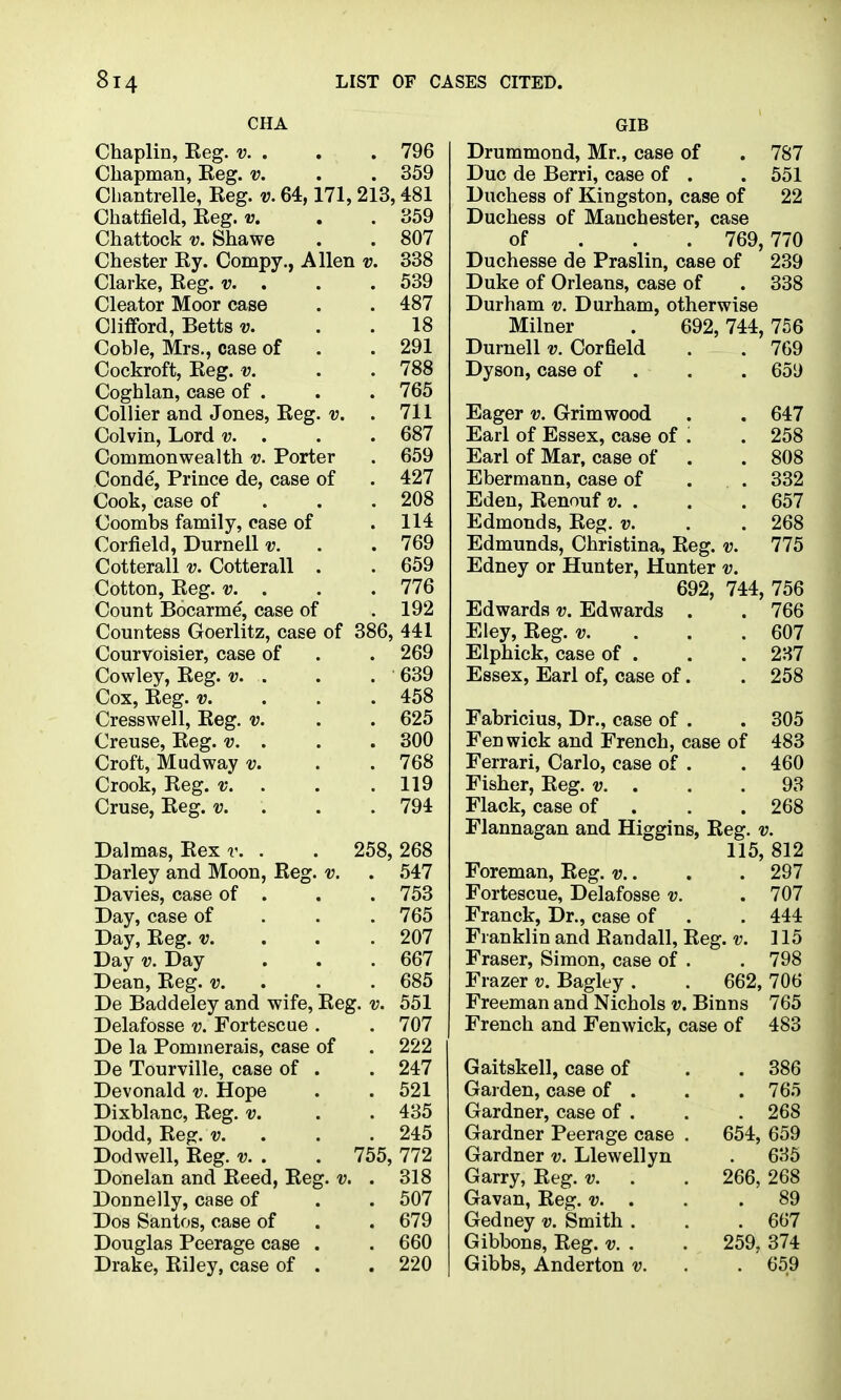 CHA Chaplin, Eeg. v. . . . 796 Chapman, Eeg. v. . . 359 Chantrelle, Keg. v. 64,171,213,481 Chatfield, Keg. 17. . . 359 Chattock V. Shawe . . 807 Chester Ky. Compy., Allen v. 338 Clarke, Keg. v. . . . 539 Cleator Moor case . . 487 Clifford, Betts V. . . 18 Coble, Mrs., case of . . 291 Cockroft, Keg. v. . . 788 Coghlan, case of . . . 765 Collier and Jones, Keg. v. . 711 Colvin, Lord v. . . . 687 Commonwealth v. Porter . 659 Conde, Prince de, case of . 427 Cook, case of . . . 208 Coombs family, case of . 114 Corfield, Durnell i;. . . 769 Cotterall v. Cotterall . . 659 Cotton, Keg. v. . . . 776 Count Bocarme, case of .192 Countess Goerlitz, case of 386, 441 Courvoisier, case of . . 269 Cowley, Keg. v. . . . 639 Cox, Keg.-y. . . .458 Cresswell, Keg. v. . . 625 Creuse, Keg. v. . . . 300 Croft, Mudway v. . . 768 Crook, Keg. ^•. . . .119 Cruse, Keg. v. . . . 794 Dalmas, Kex r. . Darley and Moon, Reg. Davies, case of . Day, case of Day, Keg. v. Day V. Day Dean, Keg. v. De Baddeley and wife. Keg Delafosse v. Fortescae De la Pommerais, case of De Tourville, case of Devonald v. Hope Dixblanc, Keg. v. Dodd, Keg. v. Dodwell, Keg. v. . Donelan and Keed, Keg Donnelly, case of Dos Santos, case of Douglas Peerage case Drake, Kiley, case of 258, 268 . 547 . 753 . 765 . 207 . 667 . 685 551 707 . 222 . 247 . 521 . 435 . 245 755, 772 . 318 . 507 . 679 . 660 . 220 GIB Drummond, Mr., case of . 787 Due de Berri, case of . . 551 Duchess of Kingston, case of 22 Duchess of Manchester, case of . . . 769,770 Duchesse de Praslin, case of 239 Duke of Orleans, case of . 338 Durham v. Durham, otherwise Milner . 692,744, 756 Durnell v. Corfield Dyson, case of 769 659 Eager v. Grim wood . . 647 Earl of Essex, case of . . 258 Earl of Mar, case of . . 808 Ebermann, case of . . 332 Eden, Kenouf v. . . . 657 Edmonds, Keg. v. . . 268 Edmunds, Christina, Keg. v. 775 Edney or Hunter, Hunter v. 692, 744, 756 Edwards v. Edwards . . 766 Eley, Keg. v. . . . 607 Elphick, case of . . . 287 Essex, Earl of, case of. . 258 Fabricius, Dr., case of . . 305 Fen wick and French, case of 483 Ferrari, Carlo, case of . . 460 Fisher, Keg. v. . . . 93 Flack, case of . . . 268 Flannagan and Higgins, Keg. v. 115, 812 Foreman, Reg. v.. . . 297 Fortescue, Delafosse v. . 707 Franck, Dr., case of . . 444 Franklin and Randall, Reg. v. 115 Eraser, Simon, case of . . 798 Frazer v. Bagley . . 662, 706 Freeman and Nichols v. Binns 765 French and Fenwick, case of 483 Gaitskell, case of Garden, case of . Gardner, case of . Gardner Peerage case Gardner v. Llewellyn Garry, Reg. v. Gavan, Reg. v. Gedney v. Smith . Gibbons, Reg. v. . Gibbs, Anderton v. . 386 . 765 . 268 654, 659 . 635 266, 268 . 89 . 667 259. 374 . 659