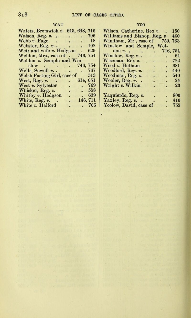 WAT Waters, Bromwich v. 643, 648, 716 Watson, Keg. u. . . . 796 Webb V.Page ... 18 Webster, Reg. u.. . . 102 Weir and wife v. Hodgson . 629 Weldon, Mrs., case of . 746, 754 Weldon v. Semple and Win- slow . . . 746,754 Wells, Sewell v. . , . 767 Welsh Fasting Girl, case of 513 West, Reg. . . 614,651 West V. Sylvester . . 769 Whisker, Reg. v. . . 558 Whitby V. Hodgson . . 639 White, Reg. u. . . 146,711 White V. Halford . . 766 YOO Wilson, Catherine, Rex v. . 150 Williams and Bishop, Reg. ». 460 Windham, Mr., case of 759, 763 Winslow and Semple, Wel- don ?j. . . . 746,754 Winslow, Reg. v.. . .64 Wiseman, Rex v. . . 722 Wood V. Hotham . . 681 Woodford, Reg. v. . . 440 Woodman, Reg. v. . . 540 Wooler, Reg. v. . . .24 WrightWakin . . 23 Yaquierdo, Reg. v. . . 800 Yaxley, Reg. v. . . . 410 Yoolow, David, case of . 759