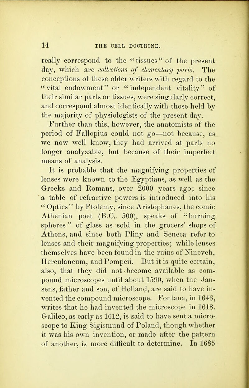 really correspond to the tissues of the present day, which are collections of elementary parts. The conceptions of these older writers with regard to the vital endowment or independent vitality of their similar parts or tissues, were singularly correct, and correspond almost identically with those held by the majority of physiologists of the present day. Further than this, however, the anatomists of the period of Fallopius could not go—not because, as we now well know, they had arrived at parts no longer analyzable, but because of their imperfect means of analysis. It is probable that the magnifying properties of lenses were known to the Egyptians, as well as the Greeks and Romans, over 2000 years ago; since a table of refractive powers is introduced into his  Optics by Ptolemy, since Aristophanes, the comic Athenian poet (B.C. 500), speaks of burning spheres  of glass as sold in the grocers' shops of Athens, and since both Pliny and Seneca refer to lenses and their magnifying properties; while lenses themselves have been found in the ruins of Nineveh, Herculaneum, and Pompeii. But it is quite certain, also, that they did not become available as com- pound microscopes until about 1590, when the Jan- sens, father and son, of Holland, are said to have in- vented the compound microscope. Fontana, in 1646, writes that he had invented the microscope in 1618. Galileo, as early as 1612, is said to have sent a micro- scope to King Sigismuud of Poland, though whether it was his own invention, or made after the pattern of another, is more difficult to determine. In 1685