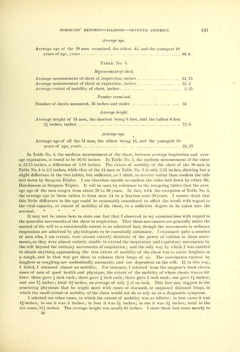 Average age. Average age of the 39 men examined, the oldest 44, and the youngest 18 years of age, years 30. G Table Mo. 5. Measurement of chest. Average measurement of chest at inspiration, inches 34. 75 Average measurement of chest at expiration, inches . 32. 5 Average extent of mobility of chest, inches 2. 25 Number examined. Number of chests measured, 36 inches and under 34 Average height. Average height of 34 men, the shortest being 6 feet, and the tallest 6 feet 2^ inches, inches 72. 5 Average age. Average age of all the 34 men, the oldest being 44, and the youngest 18 years of age, years 24. 25 In Table No. 4, the medium measurement of the chest, between average inspiration and aver- age expiration, is found to be 30.85 inches. In Table No. 5, the medium measurement of the chest is 33.75 inches, a difference of 3.10 inches. The extent of mobility of. the chest of the 39 men in Table No. 4 is 2.5 inches, while that of the 34 men in Table No. 5 is only 2.25 inches, showing but a slight difference in the two tables, but sufficient, as I think, to reverse rather than confirm the rule laid down by Surgeon Tripler. I am therefore unable to confirm the rules laid down by either Mr. Hutchiuson or Surgeon Tripler. It will be seeu by reference to the foregoing tables that the aver age age of the men ranges j'rom about 20 to 30 years. In fact, with the. exception of Table No. 3, the average age in these tables is from near 24 to a fraction over 30 years. I cannot think that this little difference in the age could be reasonably considered to affect the result with regard to the vital capacity, or extent of mobility of the chest, to a sufficient degree to be taken into the account. * * * It may not be amiss here to state one fact that I observed in my examinations with regard to the muscular movements of the chest in respiration. That these movements are generally under the control of the will to a considerable extent is an admitted fact, though the movements in ordinary respiration are admitted by physiologists to be essentially automatic. I examined quite a number of men who, I am certain, were almost entirely destitute of the power of volition in these move- ments, as they were almost entirely unable to extend the inspiratory and expiratory movements by the will beyond the ordinary movements of respiration ; and the only way by which I was enabled to obtain anything approaching the true extent of mobility of the chest was to excite'laughter or a cough, and in that way get them to exhaust their lungs of air. The movements excited by laughter or coughing are undoubtedly automatic, and not dependent on the will. If, in this way, I failed, I obtained almost no mobility. For instance, I selected from the surgeon's book eleven cases of men of good health and physique, the extent of the mobility of whose chests was as fol- lows: three gave ^ inch each ; three gave f inch each ; three gave 1 inch each ; one gave 1J inches; and one 1^ inches ; total 8^ inches, an average of only f of an inch. This fact may suggest to the practicing physician that he might meet with cases of diseased, or supposed diseased lungs, in which the small extent of mobility of the chest would not do to rely on as a diagnostic symptom. I selected ten other cases, in which the extent of mobility was as follows : in four cases it was 4| inches; in one it was 5 inches; in four it was 5£ inches; in one it was 5| inches; total in the ten eases, 5If inches. The average height was nearly G2 inches. I state these last cases merely to 50