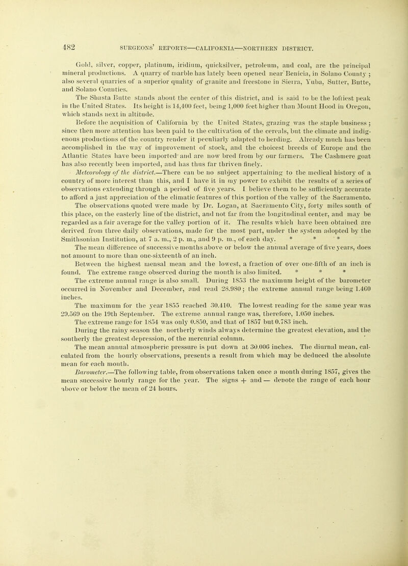 Gold, silver, copper, platinum, iridium, quicksilver, petroleum, and coal, are the principal mineral productions. A quarry of marble has lately been opened near'Benicia, in Solano County ; also several quarries of a superior quality of granite and freestone in Sierra, Yuba, Sutter, Butte, and Solano Counties. The Shasta Butte stands about the center of this district, and is said to be the loftiest peak in the United States. Its height is 14,400 feet, being 1,000 feet higher than Mount Hood in Oregon, which stands next iu altitude. Before the acquisition of California by the United States, grazing was the staple business ; since then more attention has been paid to the cultivation of the cereals, but the climate and indig- enous productions of the country render it peculiarly adapted to herding. Already much has been accomplished in the way of improvement of stock, and the choicest breeds of Europe and the Atlantic States have been imported and are now bred from by our farmers. The Cashmere goat has also recently been imported, and has thus far thriven finely. Meteorology of the district.—There can be no subject appertaining to the medical history of a country of more interest than this, and I have it in my power to exhibit the results of a series of observations extending through a period of five years. I believe them to be sufficiently accurate to afford a just appreciation of the climatic features of this portion of the valley of the Sacramento. The observations quoted were made by Dr. Logan, at Sacramento City, forty miles south of this place, on the easterly line of the district, and not far from the longitudinal center, and may be regarded as a fair average for the valley portion of it. The results which have been obtained are derived from three daily observations, made for the most part, under the system adopted by the Smithsonian Institution, at 7 a. m., 2 p. in., and 9 p. m., of each day. * * * The mean difference of successive months above or below the annual average of five years, does not amount to more than one-sixteenth of an inch. Between the highest mensal mean and the lowest, a fraction of over one-fifth of an inch is found. The extreme range observed during the month is also limited. * * * The extreme annual range is also small. During 1S53 the maximum height of the barometer occurred iu November and December, and read 28.980; the extreme annual range being 1.400 inches. The maximum for the year 1855 reached 30.410. The lowest reading for the same year was 29.509 on the 19th September. The extreme annual range was, therefore, 1.050 inches. The extreme range for 1854 was only 0.850, and that of 1857 but 0.783 inch. During the rainy season the northerly winds always determine the greatest elevation, and the southerly the greatest depression, of the mercurial column. The mean annual atmospheric pressure is put down at 30.00G inches. The diurnal mean, cal- culated from the hourly observations, presents a result from which may be deduced the absolute mean for each month. Barometer.—The following table, from observations taken once a month during 1857, gives the mean successive hourly range for the year. The signs + and— denote the range of each hour above or below the mean of 24 hours.