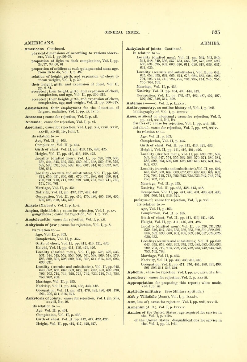 AMERICANS. Americans—Continued. physical dimensions of, according to various observ- ers, Vol. I, pp. 56-59. proportion of light to dark complexions, Vol. I, pp. 24,37, 38, 60, 61. proportion of soldiers at each quinquennial mean age, from 16 to 45, Vol. I, p. 49. relation of height, girth, and expansion of chest to mean ■weight, Vol. I, p. 39. their height, girth, and expansion of chest, Vol. II, pp. 2-81. accepted ; their height, girth, and expansion of chest, complexion, and age, Vol. II, pp. 200-215. accepted ; their height, girth, and expansion of chest, complexion, age, and weight, Vol. II, pp. 300-315. Anaesthetics, their employment for the detection of feigned maladies, Vol. I, pp. xi, lx, 5. Anasarca; cause for rejection, Vol, I, p. xii. Anaemia ; cause for rejection, Vol. I, p. xi. Aneurism; cause for rejection, Vol. I, pp. xii, xxiii, xxiv, xxviii, xlviii, liv, lviii, 7. its relation to :— Age, Vol. II, p. 462. Complexion, Vol. II, p. 454. Girth of chest, Vol. II, pp. 410, 415, 420, 425. Height, Vol. II, pp. 410, 415, 420, 425. Localitv (drafted men), Vol. II, pp. 528, 529, 536, 537, 544, 545, 552, 553, 560, 561, 568, 569, 578, 579, 585, 590, 591, 598, 599, 606, 607, 614, 615, 622, 623, 630, 631. Locality (recruits and substitutes), Vol. II, pp. 640, 641, 650, 651, 660, 661, 670, 671, 680, 681, 690, 691, 700, 701, 710, 711, 720, 721, 730, 731, 740, 741, 750, 751, 760, 761. Marriage, Vol. II, p. 454. Nativity, Vol. II, pp. 432, 437, 442, 447. Occupation, Vol. II, pp. 470, 475, 480, 485, 490, 495, 500, 505, 510, 515, 520. Angelo (Michael), Vol. I, p. lxvi. Angina, diphtheritic ; cause for rejection, Vol. I, p. xv. gangrenous ; cause for rejection, Vol. I, p. xv. Angioleucitis; cause for rejection, Vol. I, p. xii. Ankylosis of jaw ; cause for rejection, Vol. I, p. 8. its relation to:— Age, Vol. II, p. 463. Complexion, Vol. II, p. 455. Girth of chest, Vol. II, pp. 411, 416, 421, 426. Height, Vol. II, pp. 411, 416, 421,426. Locality (drafted men), Vol. II, pp. 528, 529, 536, 537, 544, 545, 552, 553, 560, 561, 568, 569, 578, 579, 585, 590, 591, 598, 599, 606, 607, 614, 615, 622, 623, 630, 631. Locality (recruits and substitutes), Vol. II, pp. 642, 643, 652, 653, 662, 663, 672, 673, 682, 683, 692, 693, 702, 703, 712, 713, 722, 723, 732, 733, 742, 743, 752, 753, 762, 763. Marriage, Vol. II, p. 455. Nativity, Vol.11, pp. 433, 438, 443, 448. Occupation, Vol. II, pp. 471, 476, 481,486, 49], 496, 501, 506, 511, 516, 521. Ankylosis of joints ; cause for rejection, Vol. I, pp. xiii, xxviii, lix, 10. its relation to:— Age, Vol. II, p. 464. Complexion, Vol. II, p. 456. Girth of chest, Vol. II, pp. 412, 417, 422, 427. Height, Vol. II, pp, 412, 417, 422,427. ARMIES. Ankylosis of joints—Continued, in relation to :— Locality (drafted men), Vol. II, pp. 532, 533, 540, 541, 548, 549, 556, 557, 564, 565, 572, 573, 582, 583, 586, 594, 595, 602, 603, 610, 611, 618, 619, 626, 627, 634,635. Locality (recruits and substitutes), Vol. II, pp. 644, 645, 654, 655, 664, 665, 674, 675, 684, 685, 694, 695, 704, 705, 714, 715, 724, 725, 734, 735, 744, 745, 754, 755,764,765. Marriage, Vol. II, p. 456. Nativity, Vol. II, pp. 434, 439, 444, 449. Occupation, Vol. II, pp. 472, 477, 482, 487, 492, 497, 502, 507, 512, 517, 522. Antelme ( ), Vol. I, p. lxxxiv. Anthropometry, an outline history of, Vol. I, p. lxii. bibliography of, Vol. I, p. lxxxiv. Anus, artificial or abnormal; cause for rejection, Vol. I, pp. xvi, xxiii, liii, lix. fissures of; cause for rejection, Vol. I, pp. xvi, liii. fistula of; cause for rejectioa, Vol. I, pp. xvi, xxiv- its relation to :— Age, Vol. II, p. 463. Complexion, Vol. II, p. 455. Girth of chest, Vol. II, pp. 411, 416, 421, 426. Height, Vol. II, pp. 411, 416, 421, 426. Locality (drafted men), Vol. II, pp. 530, 531, 538, 539, 546, 547, 554, 555, 502,563, 570, 571, 580,581, 586, 592, 593, 600, 601,608,609,616,617, 624,625, 632, 633. Localitv (recruits andsubstitutes),Vol. II, pp. 642, 643, 652, 653, 662, 663,672,673,682,683,692,693, 702, 703, 712, 713, 722,723,732,733,742,743,752, 753, 762, 763. Marriage, Vol. II, p. 455. Nativity, Vol. II, pp. 433, 438, 443, 448. Occupation, Vol. II, pp. 471, 476, 481, 486,491, 496, 501, 506, 511, 516, 521. prolapse of; cause for rejection, Vol, I, p. xvi. its relation to :— Age, Vol. II, p. 463. Complexion, Vol. II, p. 455. Girth of chest, Vol. II, pp. 411, 416, 421, 426. Height, Vol. II, pp. 411, 416, 421, 426. Locality (drafted men), Vol. II, pp. 530,531,538, 539, 546, 547, 554, 555, 562, 563, 570,571, 5S0, 581, 586, 592, 593, 600, 601, 608,609,616,617,624,625, 632,633. Locality (recruits aud substitutes), Vol. II, pp. 642, 643, 652, 653, 662, 663,672,673,682,683,692,693, 702, 703, 712, 713, 722,723,732,733,742,743,752, 753, 762, 763. Marriage, Vol. II, p. 455. Nativity, Vol. II, pp. 433,438,443,448. Occupation, Vol. II, pp. 471, 476, 481,486, 491,496, 501,506,511,516,521. Aphonia; cause for rejection, Vol. I, pp. xv, xxiv, xlv,liii. Apoplexy; cause for rejection, Vol. I, p. xxviii. Appropriation for preparing this report; when made, Vol. I, p. iii. Aptitude militaire. (See Military aptitude.) Arfe y Villafaiie (Juan), Vol. I, p. lxxxiv. Arm, loss of; cause for rejection, Vol. I, pp. xxii, xxviii. Armenini (J. B.), Vol. I, p. lxxxiv. Armies of the United States; age required for service in the, Vol. I, p. xlix. of the United States; disqualifications for service in the, Vol. I, pp. li, lvii.