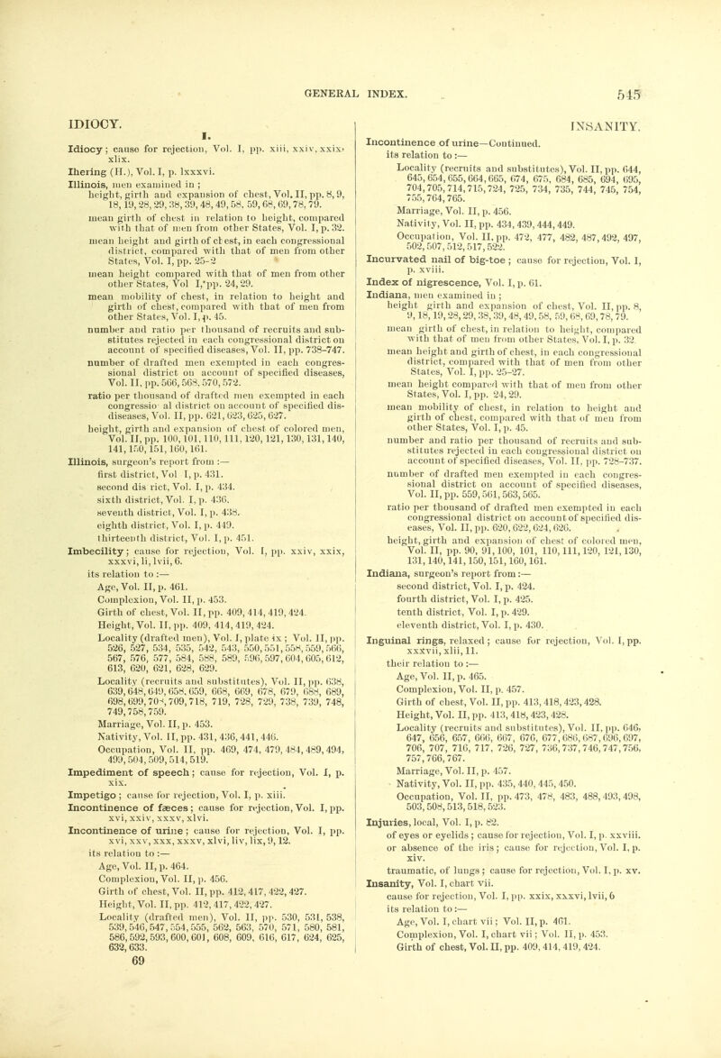 IDIOCY. I. Idiocy; cause for rejection, Vol. I, pp. xiii, xxiv,xxix> xlix. Ihering (H.), Vol. I, p. lxxxvi. Illinois, men examined in ; height, girth and expansion of chest, Vol. II, pp. 8, 9, 18,19,28,29,38,39,48,49,58. 59,68, G9,78, 79. mean girth of chest in relation to height, compared with that of men from other States, Vol. I, p. 32. mean height and girth of chest, in each congressional district, compared with that of men from other States, Vol. I, pp. 25-2 mean height compared with that of men from other other States, Vol I/pp. 24,29. mean mobility of chest, in relation to height and girth of chest, compared with that of men from other States, Vol. I,p. 45. number and ratio per thousand of recruits and sub- stitutes rejected in each congressional district on account of specified diseases, Vol. II, pp. 738-747. number of drafted men exempted in each congres- sional district on account of specified diseases, Vol. II, pp. 566,568, 570, 572. ratio per thousand of drafted men exempted in each congressio al district on account of specified dis- diseases, Vol. II, pp. 621, 623, 625, 627. height, girth and expansion of chest of colored men, Vol. II, pp. 100,101,110, 111, 120,121,130,131,140, 141,150,151,160,161. Illinois, surgeon's report from :— first district, Vol I, p. 431. second dis rict, Vol. I, p. 434. sixth district, Vol. I, p. 436. seventh district, Vol. I, p. 438. eighth district, Vol. I, p. 449. thirteenth district, Vol. I, p. 451. Imbecility; cause for rejection, Vol. I, pp. xxiv, xxix, xxxvi, li, lvii, 6. its relation to :— Age, Vol. II, p. 461. Complexion, Vol. II, p. 453. Girth of chest, Vol. II, pp. 409, 414, 419, 424. Height, Vol. II, pp. 409, 414,419, 424. Locality (drafted men), Vol. I, plate ix ; Vol. II, pp. 526, 527, 534, 535, 542, 543, 550,551,558,559,566, 567, 576, 577, 584, 588, 589, 596,597,604,605,612, 613, 620, 621, 628, 629. Locality (recruits and substitutes), Vol. II, pp. 638, 639,648,649,658,659, 668, 669, 678, 679, 688, 689, 698,699,70-1,709,718, 719, 728, 729, 738, 739, 748, 749,758,759. Marriage, Vol. II, p. 453. Nativity, Vol. II, pp. 431, 436, 441, 446. Occupation, Vol. II, pp. 469, 474, 479,484,489,494, 499,504, 509, 514, 519. Impediment of speech; cause for rejection, Vol. I, p. xix. Impetigo ; cause for rejection, Vol. I, p. xiii. Incontinence of faeces; cause for rejection, Vol. I,pp. xvi, xxiv, xxxv, xlvi. Incontinence of urine; cause for rejection, Vol. I, pp. xvi, xxv, xxx, xxxv, xlvi, liv, lix, 9,12. its relatiou to :— Age, Vol. II, p. 464. Complexion, Vol. II, p. 456. Girth of chest, Vol. II, pp. 412,417,422,427. Height, Vol. II, pp. 412, 417, 422, 427. Locality (drafted men), Vol. II, pp. 530, 531, 538, 539,546,547,554,555, 562, 563, 570, 571, 580, 581, 586,592,593,600,601, 608, 609, 616, 617, 624, 625, 632,633. 69 INSANITY. Incontinence of urine—Continued, its relation to :— Locality (recruits and substitutes), Vol. II, pp. 644, 645,654,655,664,665, 674, 675, 684, 685, 694, 695, 704,705,714,715,724, 725, 734, 735, 744, 745, 754, 755,764,765. Marriage, Vol. II, p. 456. Nativity, Vol. II, pp. 434,439,444,449. Occupation, Vol. II, pp. 472, 477, 482, 487,492, 497, 502, 507, 512, 517,522. Incurvated nail of big-toe ; cause for rejection, Vol. I, p. xviii. Index of nigrescence, Vol. I, p. 61. Indiana, men examined in ; height girth and expansion of chest, Vol. II, pp. 8, 9,18,19,28,29, 38, 39, 48, 49,58, 59, 68, 69,78, 79. mean girth of chest, in relation to height, compared with that of men from other States, Vol. I, p. 32. mean height and girth of chest, in each congressional district, compared with that of men from other States, Vol. I, pp. 25-27. mean height compared with that of men from other States, Vol. I, pp. 24,29. mean mobility of chest, in relation to height and girth of chest, compared with that of men from other States, Vol. I, p. 45. number and ratio per thousand of recruits and sub- stitutes rejected in each congressional district ou account of specified diseases, Vol. II, pp. 728-737. number of drafted men exempted in each congres- sional district on account of specified diseases, Vol. II, pp. 559,561,563,565. ratio per thousand of drafted men exempted in each congressional district on accountof specified dis- eases, Vol. II, pp. 620,622,624,626. height, girth and expansion of chest of colored men. Vol. II, pp. 90, 91,100, 101, 110, 111, 120, 121,130, 131,140,141,150,151,160,161. Indiana, surgeon's report from:— second district, Vol. I, p. 424. fourth district, Vol. I, p. 425. tenth district, Vol. I, p. 429. eleventh district, Vol. I, p. 430. Inguinal rings, relaxed ; cause for rejection, Vol. I, pp. xxxvii, xiii, 11. their relatiou to :— Age, Vol. II, p. 465. Complexion, Vol. II, p. 457. Girth of chest, Vol. II, pp. 413, 418,423,428. Height, Vol. II, pp. 413, 418, 423, 428. Locality (recruits aud substitutes), Vol. II, pp. 046> 647, 656, 657, 666, 667, 676, 677,686,687,696,697, 706, 707, 716, 717, 726, 727, 736,737,746,747,756, 757,766, 767. Marriage, Vol. II, p. 457. • Nativity, Vol. II, pp. 435,440, 445, 450. Occupation, Vol. II, pp.473, 478, 483, 488,493,498, 503,508,513,518,523. Injuries, local, Vol. I, p. 82. of eyes or eyelids ; cause for rejection, Vol. I, p. xxviii. or absence of the iris; cause for rejection, Vol. I, p. xiv. traumatic, of lungs ; cause for rejection, Vol. I, p. xv. Insanity, Vol. I, chart vii. cause for rejection, Vol. I, pp. xxix, xxxvi, lvii, 6 its relation to :— Age, Vol. I, chart vii; Vol. II, p. 461. Complexion, Vol. I, chart vii; Vol. II, p. 453. Girth of chest, Vol. II, pp. 409,414, 419,424.