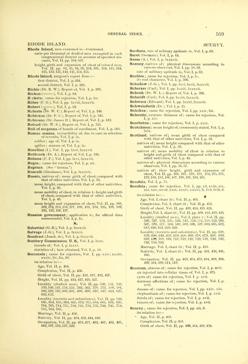 RBODE ISLAND. Rhode Island, men examined in—Continued. ratio per thousand of drafted men exempted in each congressional district on account of specified dis- eases, Vol. II, pp. 584-587. height, girth and expansion of chest of colored men, Vol. II, pp. 84, 85, 94, 95, 104, 105, 114, 115, 124, 125,134,135,144,145,154,155. Rhode Island, surgeon's report from :— first district, Vol. I, p. 224. second district, Vol. I, p. 225. Richie (Dr. E. W.), Report of, Vol. I, p. 298. Richon ( ), Vol. I, p. 64. R ckets; cause for rejection, Vol. I, p. liv. Rober (F. G.), Vol. I, pp. lxviii, lxxxvii. Robert (— ), Vol. I, p. 22. Roberts (Dr. W. C), Report of, Vol. I, p. 246. Robinson (Dr. F. C.), Report of, Vol. I, p. 343. Robinson (Dr. James D.), Report of, Vol. I, p. 412. Roland (Dr. W. S.), Report of, Vol. I, p. 335. Roll of surgeons of hoards of enrollment, Vol. I, p. 503. Roman armies, invincibility of, due to care in selection of recruits, Vol. I, p. ix. soldier; age of, Vol. I, p. ix. scjldier ; stature of, Vol. I, p. ix. Rosellini (I.), Vol. I, pp. Ixiii, lxxxvii. Rothrock (Dr. A.), Report of, Vol. I, p. 336. Rubens (P. P.), Vol. I, pp. lxvi, lxxxvii. Rupia ; cause for rejection, Vol. I, p. xii. Rupture. (See hernia.) Ruscelli (Girolamo), Vol. I, p. lxxxvii. Russia, natives of; mean girth of chest, compared with that of other nativities, Vol. I, p. 32. mean height, compared with that of other nativities, Vol. I, p. 23. mean mobility of chest, in relation t< > height and girth of chest, compared with that of other nativit ies, Vol. I, p. 45. meau height and expansion of chest, Vol. II, pp. 168, 169,172,173,176,177, 180, 181, 184, 185, 188, 189, 192, 193,196,197. Russian government; application to, for official data unsuccessful, Vol. I, p. Ix. S. Sabattini (G.-B.),Vol. I, p. lxxxvii. Salvage (J.-G.), Vol. I, p. lxxxvi. Sandrart (Joach. de), Vol. I, p. lxxxvii. Sanitary Commission, U. S., Vol. I, p. lxxv. records of; Vol. I, p. lxxvi. statistics of; how obtained, Vol. I, p. 14. Sarcocele ; cause for rejection, Vol. I, pp. xxiv, xxxiii, xxxiv, liv, lix, 10. its relation to :— Age, Vol. II, p. 464. Complexion, Vol. II, p. 456. Girth of chest, Vol. II, pp. 412, 417, 422, 427. Height, Vol. It, pp. 412,417,422, 427. Locality (drafted men), Vol. II, pp. 530, 531, 538, 539,546,547,554,555, 562, 563, 570, 571, 580, 581, 586,592,593,600,601, 608, 609, 616, 617, 624, 625, 632, 633. Locality (recruits and substitutes), Vol. II, pp. 644, 645, 654, 655, 664, 665, 674, 675, 684, 685, 694, 695, 704, 705, 714, 715, 724, 725, 734, 735, 744, 745, 754, 755, 764, 765. Marriage, Vol. II, p. 456. Nativity, Vol. II, pp. 434, 439, 444, 449. Occupation, Vol. II, pp. 472,477, 482, 487, 492, 497, 502,507,512,517,522. souuvy. Sardinia, rate of military aptitude in, Vol. I, p. 63. Sarut (Germain), Vol. I, p. 64. Sasse (A.), Vol. I, p. lxxxvii. Saxony, natives of; physical dimensions according to various observers, Vol. I, pp. 58, 59. rate of military-aptitude in,'Vol. I, p. 63. Scabies ; cause for rejection, Vol. I, p. lv. its real character, Vol. I, p. 396. Schadow (J.-G.), Vol. I, pp. lxvi.lxvii, lxxxvii. Scherzer (Carl), Vol. I, pp. lxxiii, lxxxvii. Schenk (Dr. W. L.), Report of, Vol. I, p. 396. Schmidt (Carl), Vol. I, pp. lxviii, lxxxvii. Schwarz (Edward), Vol. I, pp. lxxiii, lxxxvii. Schweinfurth (Dr.), Vol. I, p. 15. Scirrhus ; cause for rejection, Vol. I, pp. xxiv, liii. Sclerotic, extreme thinness of; cause for rejection, Vol. I, p. xiv. Scorbutus ; cause for rejection, Vol. I, p. xxix. Scotchmen; meau height of, erroneously stated, Vol. I, p. lxix. Scotland, natives of; mean girth of chest compared with that of other nativities, Vol. I, p. 32. natives of; mean height compared with that of other nativities, Vol. I, p. 23. natives of; mean mobility of chest in relation to height and girth of chest compared with that of other uativities, Vol. I, p. 45. natives of; physical dimensions according to various observers, Vol. I, pp. 56, 57. natives of; their height, girth and expansion of chest, Vol. II, pp. 166, 167, 170, 171, 174, 175,178, 179,182,183,186,187,190,191,194,195. Scrofula, Vol. I, p. 75. Scrofula; cause for rejection, Vol. I, pp. xii, xviii, xix, xxi, xxv, xxvii, xxix, xxxiv, xxxvi, li, lvii, lviii, 6. its relation to :— ^ Age, Vol. I, chart iii; Vol. II, p. 461. Complexion, Vol. I, chart iii ; Vol. II, p. 453. Girth of chest, Vol. II, pp. 409,414,419, 424. Height,Vol. I, chart iii; Vol. II, pp. 409, 414,419, 424. Locality (drafted men), Vol. I, plate v ; Vol. II, pp. 526, 527, 534, 535, 542, 543, 550,551,558,559,566, 567, 576, 577, 584, 588, 589, 596, 597,604,605,612, 613, 620, 621, 628, 629. Locality (recruits and substitutes), Vol. II, pp. 638, 639, 648, 649, 658, 659, 668, 669, 678, 679, 688, 689, 698, 699, 708, 709, 718. 719, 728, 729, 738, 739, 748, 749, 758, 759. Marriage. Vol. I, chart iii; Vol. II, p. 453. Nativity, Vol. I, chart iii; Vol. II, pp. 431, 436, 441, 446. ' Occupation, Vol. II, pp. 469, 474, 479, 484, 489, 494, 499, 504, 509,514,519. Scrotum, abscess of; cause for rejection, Vol. I, p. xvii. air injected into cellular tissue of, Vol. I, p. 471. cysts of; cause for rejection, Vol. I, p. xvii. dartrous affections of; cause for rejection, Vol. I, p. xvii. disease of; cause for rejection, Vol. I, pp. xxiv, xlii. elephantiasis of; cause for rejection, Vol. I, p. xvii. fistula of; cause for rejection, Vol. I, p. xvii. tumors of; cause for rejection, Vol. I, p. xvii. Scurvy ; cause for rejection, Vol. I, pp. xii, 6. its relation to:— - Age, Vol. II, p. 461. Complexion, Vol. II, p. 453. Girth of chest, Vol. II, pp. 400, 414, 419, 424.