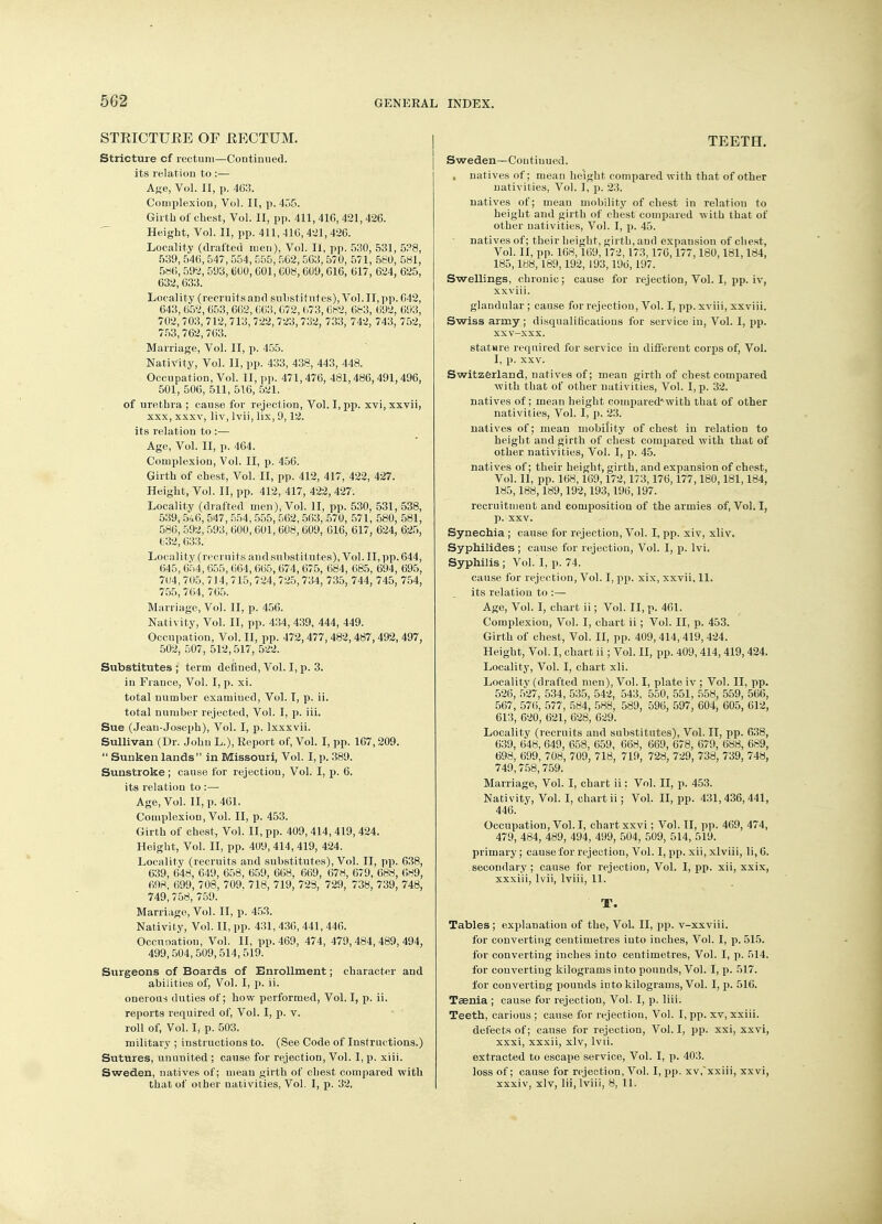 STRICTUKE OF EECTUM. Stricture cf rectum—Continued, its relation to :— Age, Vol. II, p. 463. Complexion, Vol. IT, p. 455. Girth of chest, Vol. II, pp. 411, 416,421,426. Height, Vol. II, pp. 411, 416, 421, 426. Locality (drafted men), Vol. II, pp. 530, 531, 538, 539, 546, 547, 554, 555, 562, 563, 570, 571, 580, 581, 586, 592, 593, 6U0, 601, 608,609,616, 617, 624, 625, 632, 633. Locality (recruitsand substitutes), Vol.II,pp.642, 643, 652, 653, 662, 663, 672, 673, 682, 683, 692, 693, 702, 703, 712, 713,722,723,732, 733, 742, 743, 752, 753, 762, 763. Marriage, Vol. II, p. 455. Nativity, Vol. II, pp. 433, 438, 443, 448. Occupation, Vol. II, pp. 471,476, 481,486,491,496, 501, 506, 511, 516, 521. of urethra ; cause for reject ion, Vol. I, pp. xvi,xxvii, xxx, xxxv, liv, lvii, lix, 9,12. its relation to :— Age, Vol. II, p. 464. Complexion, Vol. II, p. 456. Girth of chest, Vol. II, pp. 412, 417, 422, 427. Height, Vol. II, pp. 412, 417, 422, 427. Locality (drafted men), Vol. II, pp. 530, 531, 538, 539, 546, 547, 554, 555, 562, 563, .570, 571, 580, 581, 586, 592, 593, 600,601, 608,609, 616, 617, 624, 625, 632,633. Locality (recruits and substitutes), Vol. II, pp. 644, 645, 654, 655, 664, 665, 674, 675, 684, 685, 694, 695, 704,705,714,715,724,725,734, 735, 744, 745, 754, 755, 764, 765. Marriage, Vol. II, p. 456. Nativity, Vol. II, pp. 434, 439, 444, 449. Occupation, Vol. II, pp. 472,477, 482, 487, 492, 497, 502, 507, 512,517, 522. Substitutes ; term defined, Vol. I, p. 3. in France, Vol. I, p. xi. total number examined, Vol. I, p. ii. total number rejected, Vol. I, p. iii. Sue (Jean-Joseph), Vol. I, p. lxxxvii. Sullivan (Dr. John L.), Report of, Vol. I, pp. 167,209.  Sunken lands in Missouri, Vol. I, p. 389. Sunstroke; cause for rejection, Vol. I, p. 6. its relation to :— Age, Vol. II, p. 461. Complexion, Vol. II, p. 453. Girth of chest, Vol. II, pp. 409,414,419, 424. Height, Vol. II, pp. 409, 414, 419, 424. Locality (recruits and substitutes), Vol. II, pp. 638, 639, 648, 649, 658, 659, 668, 669, 678, 679, 688, 689, 698, 699, 708, 709. 718, 719, 728, 729, 738, 739, 748, 749,758, 759. Marriage, Vol. II, p. 453. Nativity, Vol. II, pp. 431,436,441,446. Occupation, Vol. II, pp.469, 474, 479,484,489,494, 499,504, 509, 514, 519. Surgeons of Boards of Enrollment; character and abilities of, Vol. I, p. ii. onerous duties of; how performed, Vol. I, p. ii. reports required of, Vol. I, p. v. roll of, Vol. I, p. 503. military ; instructions to. (See Code of Instructions.) Sutures, ununited ; cause for rejection, Vol. I, p. xiii. Sweden, natives of; mean girth of chest compared with that of other nativities, Vol. I, p. 32. TEETH. Sweden—Continued. t natives of; mean height compared with that of other nativities, Vol. I, p. 23. natives of; mean mobility of chest in relation to height and girth of chest compared with that of other nativities, Vol. I, p. 45. natives of; their height, girth, and expansion of chest, Vol. II, pp. 108,169, 172,173,176,177,180,181,184, 185,188,189,192, 193,196, 197. Swellings, chronic; cause for rejection, Vol. I, pp. iv, xxviii. glandular ; cause for rejection, Vol. I, pp. xviii, xxviii. Swiss army; disqualifications for service in, Vol. I, pp. xxv-xxx. stature required for service in different corps of, Vol. I, p. XXV. Switzerland, natives of; mean girth of chest compared ■with that of other nativities, Vol. I, p. 32. natives of; mean height compared'with that of other nativities, Vol. I, p. 23. natives of; mean mobility of chest in relation to height and girth of chest compared with that of other nativities, Vol. I, p. 45. natives of; their height, girth, and expansion of chest, Vol. II, pp. 168,169,172,173,176,177,180,181,184, 185,188,189,192,193,196,197. recruitment and composition of the armies of, Vol.1, p. xxv. Synechia ; cause for rejection, Vol. I, PP- xiv, xliv. Syphilides ; cause for rejection, Vol. I, p. lvi. Syphilis ; Vol. I, p. 74. cause for rejection, Vol. I, pp. xix, xxvii, 11. its relation to :— Age, Vol. I, chart ii; Vol. II, p. 461. Complexion, Vol. I, chart ii ; Vol. II, p. 453. Girth of chest, Vol. II, pp. 409, 414, 419, 424. Height, Vol. I, chart ii; Vol. II, pp. 409, 414, 419, 424. Locality, Vol. I, chart xli. Locality (drafted men), Vol. I, plate iv ; Vol. II, pp. 526, 527, 534, 535, 542, 543, 550, 551, 558, 559, 566, 567, 576, 577, 584, 588, 589, 596, 597, 604, 605, 612, 613, 620, 621, 628, 629. Locality (recruits and substitutes), Vol. II, pp. 638, 639, 648, 649, 658, 659, 668, 669, 678, 679, 688, 689, 698, 699, 708, 709, 718, 719, 728, 729, 738, 739, 748, 749,758, 759. Marriage, Vol. I, chart ii: Vol. II, p. 453. Nativity, Vol. I, chart ii; Vol. II, pp. 431, 436, 441, 446. Occupation, Vol. I, chart xxvi; Vol. II, pp. 469, 474, 479, 484, 489, 494, 499, 504, 509, 514, 519. primary ; cause for rejection, Vol. I, pp. xii, xlviii, li, 6. secondary; cause for rejection, Vol. I, pp. xii, xxix, xxxiii, lvii, lviii, 11. T. Tables; explanation of the, Vol. II, pp. v-xxviii. for converting centimetres iuto inches, Vol. I, p. 515. for converting inches iuto centimetres, Vol. I, p. 514. for converting kilograms into pounds, Vol. I, p. 517. for converting pounds into kilograms, Vol. I, p. 516. Taenia ; cause for rejection, Vol. I, p. liii. Teeth, carious ; cause for rejection, Vol. I, pp. xv, xxiii. defects of; cause for rejection, Vol.1, pp. xxi, xxvi, xxxi, xxxii, xlv, lvii. extracted to escape service, Vol. I, p. 403. loss of; cause for rejection, Vol. I, pp. xv,xxiii, xxvi, xxxiv, xlv, lii, lviii, 8, 11.