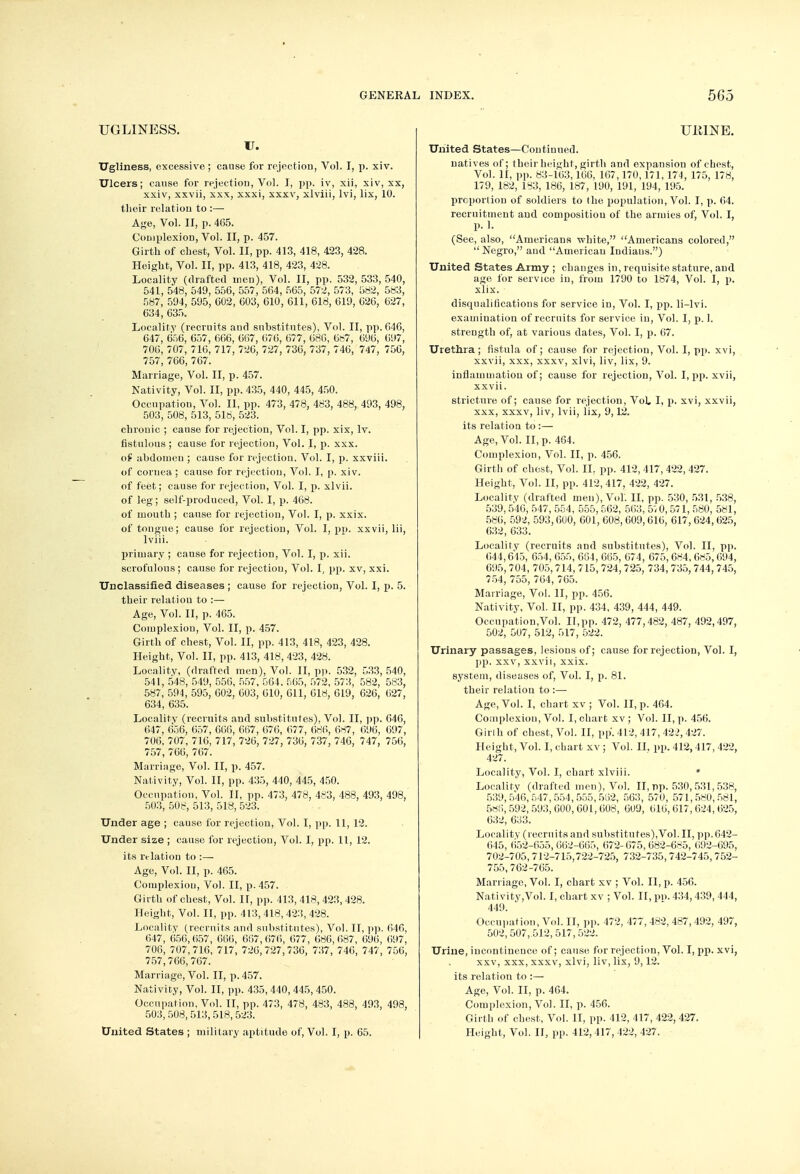 UGLINESS. U. Ugliness, excessive ; cause for rejection, Vol. I, p. xiv. Ulcers; cause for rejection, Vol. I, pp. iv, xii, xiv, xx, xxiv, xxvii, xxx, xxxi, xxxv, xlviii, lvi, lix, 10. their relation to :— Age, Vol. II, p. 465. Complexion, Vol. II, p. 457. Girth of chest, Vol. II, pp. 413, 418, 423, 428. Height, Vol. II, pp. 413, 418, 423, 428. Locality (drafted men), Vol. II, pp. 532, 533, 540, 541, 548, 549, 556, 557, 564, 565, 572, 573, 582, 583, 587, 594, 595, 602, 603, 610, 611, 618, 619, 626, 627, 634, 635. Locality (recruits and substitutes), Vol. II, pp.646, 647, 656, 657, 666, 667, 676, 677, 686, 687, 696, 697, 700, 707, 716, 717, 726, 727, 736, 737, 746, 747, 756, 757, 766, 767. Marriage, Vol. II, p. 457. Nativity, Vol. II, pp. 435, 440, 445, 450. Occupation, Vol. II, pp. 473, 478, 483, 488, 493, 498, 503, 508, 513, 518, 523. chronic ; cause for rejection, Vol. I, pp. xix, lv. fistulous ; cause for rejection, Vol. I, p. xxx. of ahdomeu ; cause for rejection. Vol. I, p. xxviii. of cornea; cause for rejection, Vol. I, p. xiv. of feet; cause for rejection, Vol. I, p. xlvii. of leg; self-produced, Vol. I, p. 468. of mouth ; cause for rejection, Vol. I, p. xxix. of tongue; cause for rejection, Vol. I, pp. xxvii, lii, lviii. primary ; cause for rejection, Vol. I, p. xii. scrofulous ; cause for rejection, Vol. I, pp. xv, xxi. Unclassified diseases ; cause for rejection, Vol. I, p, 5. their relation to :— Age, Vol. II, p. 465. Complexion, Vol. II, p. 457. Girth of chest, Vol. II, pp. 413, 418, 423, 428. Height, Vol. II, pp. 413, 418, 423, 428. Locality, (drafted men), Vol. II, pp. 532, 533, 540, 541, 548, 549, 556, 557, 564. 565, 572, 573, 582, 583, 587, 594, 595, 602, 603, 610, 611, 618, 619, 626, 627, 634, 635. Locality (recruits and substitutes), Vol. II, pp. 646, 647, 656, 657, 666, 667, 676, 677, 686, 687, 696, 697, 706, 707, 716, 717, 726, 727, 736, 737, 746, 747, 756, 757, 766, 767. Marriage, Vol. II, p. 457. Nativity, Vol. II, pp. 435, 440, 445, 450. Occupation, Vol. II, pp. 473, 478, 483, 488, 493, 498, 503, 508, 513, 518, 523. Under age ; cause for rejection, Vol. I, pp. 11, 12. Under size ; cause for rejection, Vol. I, pp. 11, 12. its l'rlatiou to :— Age, Vol. II, p. 465. Complexion, Vol. II, p. 457. Girth of chest, Vol. II, pp. 413, 418, 423, 428. Height, Vol. II, pp. 413,418,423,428. Locality (recruits and substitutes), Vol. II, pp. 646, 647, 656, 657, 666, 667, 676, 677, 686, 687, 696, 697, 706, 707,716, 717, 726,727,736, 737, 746, 747, 756, 757,766, 767. Marriage, Vol. II, p. 457. Nativity, Vol. II, pp. 435,440,445,450. Occupation, Vol. II, pp. 473, 478, 483, 488, 493, 498, 503,508, 513, 518, 523. UKINE. United States—Continued. natives of; their height, girth and expansion of chest, Vol. II, pp. 83-163,166, 167,170,171,174, 175, 178, 179, 182, 183, 186, 187, 190, 191, 194, 195. prcportion of soldiers to the population, Vol. I, p. 64. recruitment and composition of the armies of, Vol. I, p. 1. (See, also, Americans -white, Americans colored,  Negro, and American Indians.) United States Army ; changes in, requisite stature, and age for service in, from 1790 to 1874, Vol. I, p. xlix. disqualifications for service in, Vol. I, pp. li—lvi. examination of recruits for service in, Vol. I, p. 1. strength of, at various dates, Vol. I, p. 67. Urethra ; fistula of; cause for rejection, Vol. I, pp. xvi, xxvii, xxx, xxxv, xlvi, liv, lix, 9. inflammation of; cause for rejection, Vol. I, pp. xvii, xxvii. stricture of; cause for rejection, Vol. I, p. xvi, xxvii, xxx, xxxv, liv, lvii, lix, 9,12. its relation to :— Age, Vol. II, p. 464. Complexion, Vol. II, p. 456. Girth of chest, Vol. II, pp. 412, 417, 422, 427. Height, Vol. II, pp. 412, 417, 422, 427. Locality (drafted men), Vol. II, pp. 530, 531, 538, 539, 546, 547, 554, 555, 562, 563, 5; 0, 571, 580, 581, 586, 592, 593,600, 601, 608, 609,616, 617, 624, 625, 632, 633. Locality (recruits and substitutes), Vol. II, pp. 644,615, 654, 655, 664, 665, 674, 675, 684, 685, 694, 695, 704, 705, 714, 715, 724, 725, 734, 735, 744, 745, 754, 755, 764, 765. Marriage, Vol. II, pp. 456. Nativity, Vol. II, pp. 434, 439, 444, 449. Occupational. II,pp. 472, 477,482, 487, 492,497, 502, 507, 512, 517, 522. Urinary passages, lesions of; cause for rejection, Vol. I, pp. xxv, xxvii, xxix. system, diseases of, Vol. I, p. 81. their relation to :— Age, Vol. I, chart xv ; Vol. II, p. 464. Complexion, Vol. I, chart, xv ; Vol. II, p. 456. Girl h of chest, Vol. II, pp. 412, 417, 422,427. Height, Vol. I, chart xv ; Vol. II, pp. 412, 417, 422, 427. Locality, Vol. I, chart xlviii. * Locality (drafted men), Vol. II, pp. 530, 531, 538, 539,546,547,554,555,552, 563, 570, 571,580,581, 5»!i, 592, 593, 600, 601, 008, 6U9, 616,617,624,625, 632, 633. Locality (recruits and substitutes),Vol.II, pp. 642- 645, 652-655,662-665, 672-675, 682-685, 692-695, 702-705, 712-715,722-725, 732-735, 742-745, 752- 755,762-765. Marriage, Vol. I, chart xv ; Vol. II, p. 456. Nativity,Vol. I, chart xv ; Vol. II, pp. 434, 439, 444, 449. Occupation, Vol. II, pp. 472, 477, 482, 487, 492, 497, 502,507,.512,517,522. Urine, incontinence of; cause for rejection, Vol. I, pp. xvi, xxv, xxx, xxxv, xlvi, liv, lix, 9,12. its relation to :— Age, Vol. II, p. 464. Complexion, Vol. II, p. 456. Girth of chest, Vol. II, pp. 412, 417, 422, 427.