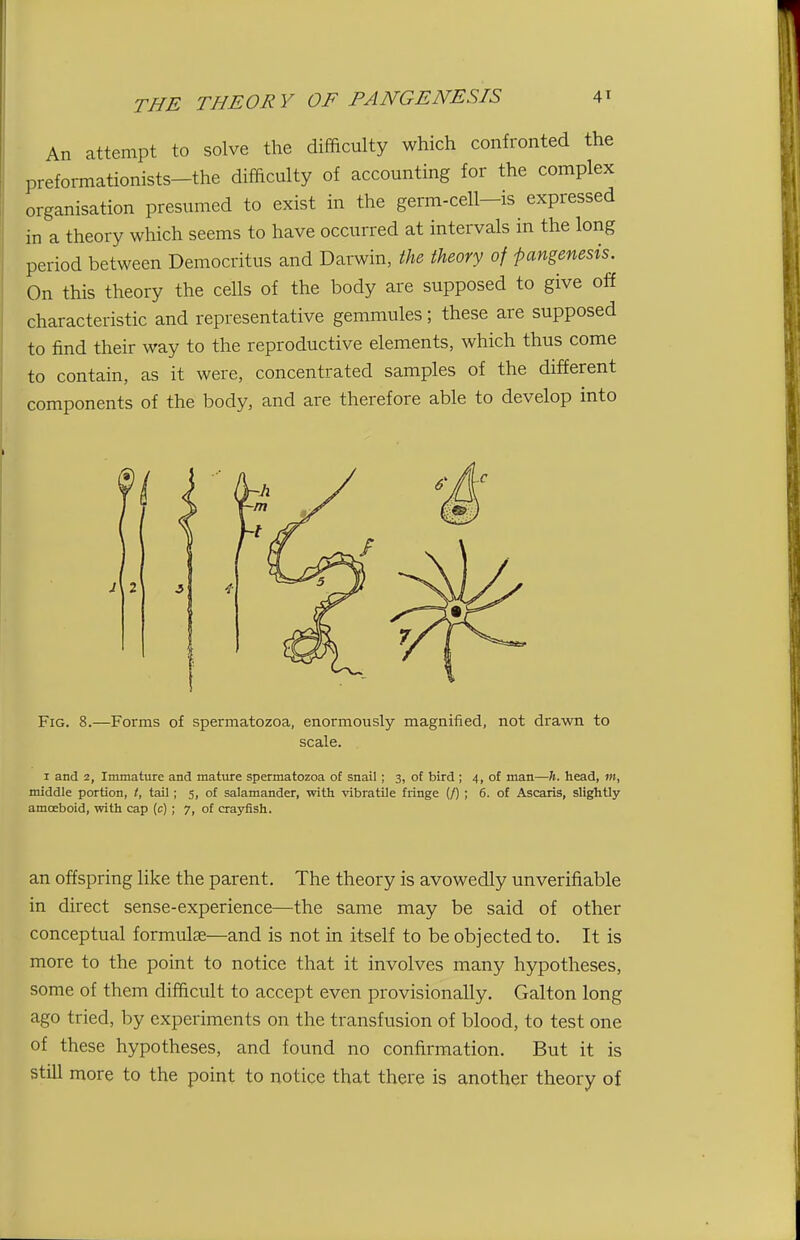 THE THEORY OF PANGENESIS 4^ An attempt to solve the difficulty which confronted the preformationists-the difficulty of accounting for the complex organisation presumed to exist in the germ-cell—is expressed in a theory which seems to have occurred at intervals in the long period between Democritus and Darwin, the theory of pangenesis. On this theory the cells of the body are supposed to give off characteristic and representative gemmules; these are supposed to find their way to the reproductive elements, which thus come to contain, as it were, concentrated samples of the different components of the body, and are therefore able to develop into Fig. 8.—Forms of spermatozoa, enormously magnified, not drawn to scale. I and 2, Immature and mature spermatozoa of snail; 3, of bird ; 4, of man—h. head, w, middle portion, t, tail; 5, of salamander, with vibratile fiinge (/) ; 6. of Ascaris, slightly amoeboid, with cap (c) ; 7, of crayfish. an offspring like the parent. The theory is avowedly unverifiable in direct sense-experience—the same may be said of other conceptual formulae—and is not in itself to be objected to. It is more to the point to notice that it involves many hypotheses, some of them difficult to accept even provisionally. Galton long ago tried, by experiments on the transfusion of blood, to test one of these hypotheses, and found no confirmation. But it is still more to the point to notice that there is another theory of