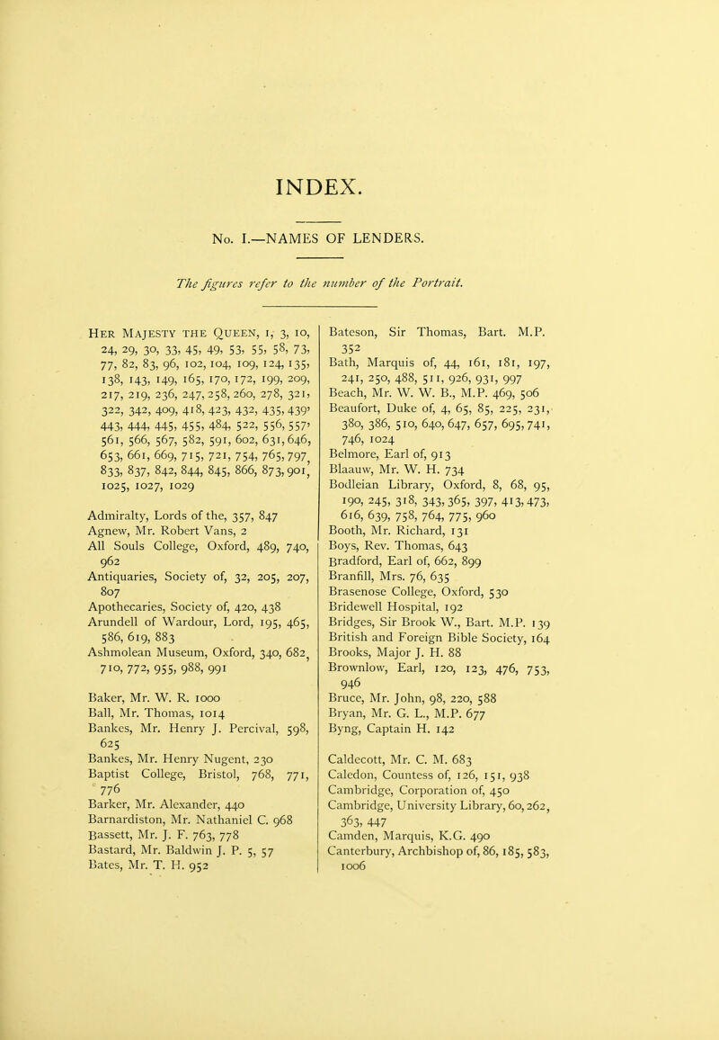 No. I.—NAMES OF LENDERS. The figures refer to the number of the Portrait. Her Majesty the Queen, i, 3, 10, 24, 29, 30, 33, 45, 49, 53, 55, 58, 73, 77, 82, 83, 96, 102,104, 109, 124,135, 138, 143, 149, 165, 170,172, i99> 209, 217, 219, 236, 247,258,260, 278, 321, 322, 342, 409, 418, 423, 432, 435,439' 443, 444, 445, 455, 484, 522, 556, 557' 561, 566, 567, 582, 591, 602, 631,646, 653, 661, 669, 715, 721, 754, 765,797, 833, 837, 842, 844, 84s, 866, 873,901, 1025, 1027, 1029 Admiralty, Lords of the, 357, 847 Agnew, Mr. Robert Vans, 2 All Souls College, Oxford, 489, 740, 962 Antiquaries, Society of, 32, 205, 207, 807 Apothecaries, Society of, 420, 438 Arundell of Wardour, Lord, 195, 465, 586, 619, 883 Ashmolean Museum, Oxford, 340, 682, 710, 772, 955, 988, 991 Baker, Mr. W. R. 1000 Ball, Mr. Thomas, 1014 Bankes, Mr. Henry J. Percival, 598, 625 Bankes, Mr. Henry Nugent, 230 Baptist College, Bristol, 768, 771, ■ 776 Barker, Mr. Alexander, 440 Barnardiston, Mr. Nathaniel C. 968 Bassett, Mr. J. F. 763, 778 Bastard, Mr. Baldwin J. P. 5, 57 Bates, Mr. T. H. 952 Bateson, Sir Thomas, Bart. M.P. 352 Bath, Marquis of, 44, 161, 181, 197, 241, 250, 488, 511, 926, 931, 997 Beach, Mr. W. W. B., M.P. 469, 506 Beaufort, Duke of, 4, 65, 85, 225, 23i,. 380, 386, 510, 640, 647, 657, 695, 741, 746, 1024 Belmore, Earl of, 913 Blaauw, Mr. W. H. 734 Bodleian Library, Oxford, 8, 68, 95, 190, 245, 318, 343,365, 397, 413,473, 616, 639, 758, 764, 775, 960 Booth, Mr. Richard, 131 Boys, Rev. Thomas, 643 Bradford, Earl of, 662, 899 Branfill, Mrs. 76, 635 Brasenose College, Oxford, 530 Bridewell Hospital, 192 Bridges, Sir Brook W., Bart. M.P. 139 British and Foreign Bible Society, 164 Brooks, Major J. H. 88 Brownlow, Earl, 120, 123, 476, 753, 946 Bruce, Mr. John, 98, 220, 588 Bryan, Mr. G. L., M.P. 677 Byng, Captain H. 142 Caldccott, Mr. C. M. 683 Caledon, Countess of, 126, 151, 938 Cambridge, Corporation of, 450 Cambridge, University Library, 60,262, 363, 447 Camden, Marquis, K.G. 490 Canterbury, Archbishop of, 86, 185, 583, 1006