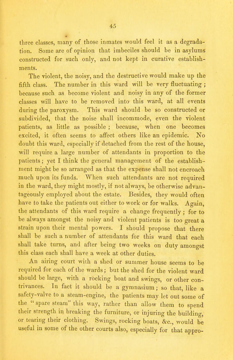 three classes, many of those inmates would feel it as a degrada- tion. Some are of opinion that imbeciles should be in asylums constructed for such only, and not kept in curative establish- ments. The violent, the noisy, and the destructive would make up the fifth class. The number in this ward will be very fluctuating ; because such as become violent and noisy in any of the former classes will have to be removed into this ward, at all events during the paroxysm. This ward should be so constructed or subdivided, that the noise shall incommode, even the violent patients, as little as possible ; because, when one becomes excited, it often seems to affect others like an epidemic. No doubt this ward, especially if detached from the rest of the house, will require a large number of attendants in proportion to the patients; yet I think the general management of the establish- ment might be so arranged as that the expense shall not encroach much upon its funds. When such attendants are not required in the ward, they might mostly, if not always, be otherwise advan- tageously employed about the estate. Besides, they would often have to take the patients out either to work or for walks. Again, the attendants of this ward require a change frequently; for to be always amongst the noisy and violent patients is too great a strain upon their mental powers. I should propose that there shall be such a number of attendants for this ward that each shall take turns, and after being two weeks on duty amongst this class each shall have a week at other duties. An airing court with a shed or summer house seems to be required for each of the wards; but the shed for the violent ward should be large, with a rocking boat and swings, or other con- trivances. In fact it should be a gymnasium; so that, like a safety-valve to a steam-engine, the patients may let out some of the  spare steam this way, rather than allow them to spend their strength in breaking the furniture, or injuring the building, or tearing their clothing. Swings, rocking boats, &c, Avould be useful in some of the other courts also, especially for that appro-