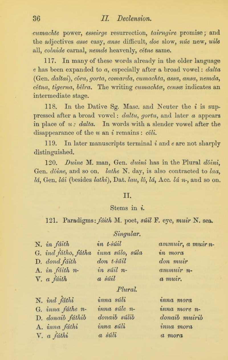 cumachte power, esseirge resurrection, tairiigire promise; and the adjectives asse easy, anse difficult, doe slow, nue new, uile all, colnide carnal, nemde heavenly, cetne same. 117. In many of these words already in the older language e has been expanded to a, especially after a broad vowel: dalta (Gen. daltai), cora, gorta, comarda, cumachta, assa, ansa, nemda, cetna, tigenia, helra. The writing cumachtce, cemce indicates an intermediate stage. 118. In the Dative Sg. Masc. and Neuter the i is sup- pressed after a broad vowel: daltu, gortu, and later a appears in place of u: dalta. In words with a slender vowel after the disappearance of the w an t remains : celi. 119. In later manuscripts terminal i and e are not sharply distinguished. 120. JDuine M. man. Gen. duini has in the Plural doini. Gen. doine, and so on. lathe N. day, is also contracted to laa, Id, Gen. Idi (besides lathi), Dat. lau, 16, Id, Acc. Id iv-, and so on. IT. 121. Paradigms Stems in i. ; faith M. poet, suil F. eye, muir N. sea. N. in faith G. ind fdtho, fdtha D. dondfaith A. in faith n- V. a faith N. ind fdthi G. inna fdthe n- D, donaib fdthih A. inna fdthi V. a fdthi Singular. in t-suil inna sulo, sula don t-suil in suil n- a mil PlurdL inna suli inna sule n- donaib sulib inna suli a silli ammmr, a muirn- in mora don muir ammuir w- a muir, inna mora inna more n- donaib muirib inna mora a mora