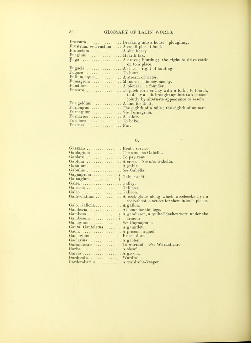 Frussura Frustrum, or Frustum Frutectum Fuagium Fuga Fugacia Fugare Fulium aqune , Fumagium Fuuditor , Furcare , Furigeldum Furlongus Furnagium Furnarius , Furniare Furrura Breaking into a house ; ploughing. A small plot of land. A shrubbery. Hearth-tax. A drove ; hunting ; the right to drive cattle on to a place. A chase ; right of hunting. To hunt. A stream of water. Manure ; chimney-money. A pioneer ; a founder. To pitch corn or hay with a fork ; to fourch, to delay a suit brought against two persons jointly by alternate appearance or essoin. A fine for theft. The eighth of a mile; the eighth of an acre. See Fornagium. A baker. To bake. Fur. G. Gabella .... Gablagium .. Gablare . :. . Gablum .... Gabulum.... Gabulus .... Gaguagium. . Gainagium . . Galea Galeasia .... Galeo Gallivolatium Galo, Gallona.... Gamberia Gambeso Gambesum Ganagium Ganta, Ganteletus Gaola Gaolagium Gaolarius Garandisare .... Garb a Garcio Garderoba Garderobarius . . Rent; service. The same as Gabella. To pay rent. A cross. f>ee also Gabella. A gable. See Gabella. Gain, profit. Galley. Galliasse. Galleon. A cock-glade along which woodcocks fly; a cock-shoot, a net set for them in such places. A gallon. Armour for the legs. A gambeson, a quilted jacket worn under the armour. .See Gagnagium. A gauntlet. A. prison ; a gaol. Prison dues. A gaoler. To warrant. See Warantizare. A. sheaf. A groom. Wardrobe. A wardrobe-keeper.