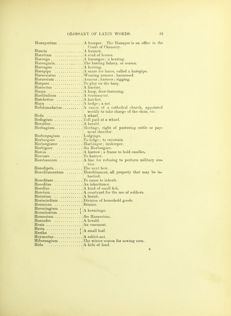 Hanaperium A. hamper. Tlie Hanaper is an office in the Court of Chancery. A haunch. A stud of horses. A harangue ; a herring. The herring fishery, or season. A herring. A snare for hares, called a harepipe. Wearing armour; harnessed. Armour ; harness ; rigging. To play on the harp. A harrier. A hasp, door-fastening. A tournament. A hatchet. A hedge ; a net. A canon of a cathedral church, appointed weekly to take charge of the choir, etc. A wharf. Toll paid at a wharf. A heralJ. Herbage, right of pasturing cattle or pay- ment therefor. Hancia Haratium . . . . Harenga Harengaria. . . . Harengus . . . . Harepipa . . . . Harnesiatus . . Harnesium .. . . Harpare Harrectus . . . . Haspa Hastiludium . . Hatchettus .. . . Haya Hebdomadarius Heda .... Hedagium Heraldus. . Herbagium Herbergagium Lodgings. Herbergare To lodge ; to entertain Herbergiator Herbigare Hercia Herciare . . . . Herebannum Heredipeta Hereditamentum Hereditare . . Hereditas . . Herellus .... Heretum .... Heriotum . . Heriscindium Hermiuus . . Hermitagium Hermitorium Hernesium . . Heroudes . . Hesia Hesta Hestha .... Heymectus . . Hibernagium Hida Harbinger; innkeeper. See Herbergare. A harrow ; a frame to hold candles. To harrow. A fine for refusing to perform military ser- vice-. The next heir. Hereditament, all property that may be in- herited. To cause to inherit. An inheritance. A kind of small fish. A courtyard for the use of soldiers. A heriot. Division of household goods. Ermine. A hermitage. See Harnesium. A herald. An easement. A small loaf. A rabbit-net. The winter season for sowing corn. A hide of land.