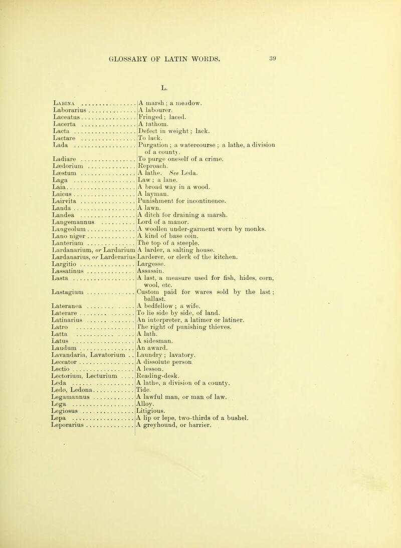 Labina .. Laborarius Laceatus. . Lacerta . . Lacta .... Lactare . . Lada .... Ladiare . . Lsedorium Lfestum . . Laga . . .. Laia Laicus . . . . Lairvita . . Lauda . . . . Landea . . Laugemannus Laogeolum Lano niger Lanterium Lardanarium, or Lardarium Lardauarius, or Larderarius Largitio Lassatinus Lasta Lastagium Lateranea . . . Laterare Latinarius Latro Latta Latus Laudum Lavandaria, Lavatorium Leccator Lectio Lectorium, Lecturium . . Leda Ledo, Ledona Legamannus Lega Legiosus Lepa Leporarius A marsh ; a meadow. A labourer. Fringed; laced. A Jathom. Defect in weight; lack. To lack. Purgation ; a watercourse ; a lathe, a division of a count}. To purge oneself of a crime. Reproach. A lathe. »S'ee Leda. Law ; a lane. A broad way in a wood. A laj'man. Punishment for incontinence. A lawn. A ditch for draining a marsh. Lord of a manor. A woollen under-garment worn by monks. A kind of base coin. The top of a steeple. A larder, a salting house. Larderer, or clerk of the kitchen. Largesse. Assassin. A last, a measure used for fish, hides, corn, wool, etc. Custom paid for wares sold by the last ; ballast. A bedfellow ; a wife. To lie side by side, of land. A.n interpreter, a latimer or latiner. The right of punishing thieves. A lath. A sidesman. An award. Laundry ; lavatory. A dissolute person. A lesson. Eeading-desk. A lathe, a division of a county. Tide. A lawful man, or man of law. Alloy. Litigious. A lip or lepe, two-thirds of a bushel. A greyhound, or harrier.