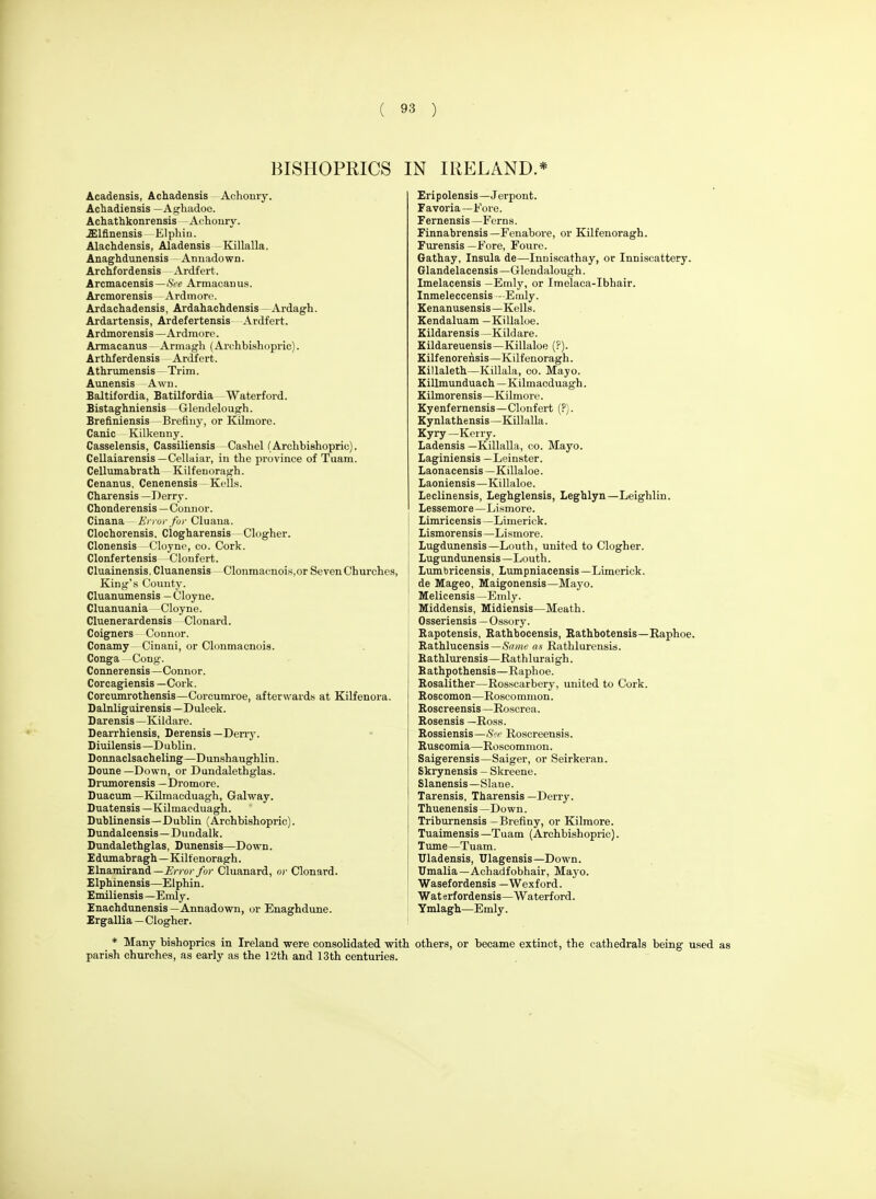 BISHOPRICS IN IRELAND.* Acadensis, Achadensis Aohoniy. Achadiensis —Aghadoe. Achathkonrensis -Achonry. ^Ifinensis Elpliio. AlacMensis, Aladensis Killalla. Anaghdunensis Annadown. Archfordensis Ardfert. Arcmacensis—&■« Armacanus. Arcmorensis Ardmore. Ardachadensis, Ardahachdensis —Ardagh. Ardartensis, Ardefertensis Ardfert. Ardmorensis — Ardmore. Armacanus - Armagh (Archbishopric). Arthferdensis - Ardfert. Athrumensis Trim. Aunensis Awn. Baltifordia, Batilfordia Waterford. Bistaghniensis- Glendelough. Brefiniensis -Brefiny, or Kilmore. Canic Kilkenny. Casselensis, Cassiliensis Cashel (Archbishopric). Cellaiarensis—Cellaiar, in the province of Tuam. Cellumabrath Kilfenoragh. Cenanus, Cenenensis -Kells. Charensis —Derry. Chonderensis —Connor. Cinana Error fur Cluana. Clochorensis. ciogharensis—Clogher. Clonensis Cloyne, co. Cork. Clonfertensis Clonfert. Cluainensis, Cluanensis—Clonmacnoi.s,or Seven Churches, King's County. Cluanumensis — Cloyne. Cluanuania Cloyne. Cluenerardensis Clonard. Coigners Connor. Conamy - Cinani, or Clonmacnois. Conga - -Cong. Connerensis—Connor. Corcagiensis —Cork. Corcumrothensis—Corcumroe, afterwards at Kilfenora. Dalnliguirensis—Duleek. Darensis —Kildare. Dearrhiensis, Derensis —Deny. Diuilensis —D ublin. Donnaclsacheling—Dunshaughlin. Doune—Down, or Dundalethglas. Drumorensis —Dromore. Duacum—Kilmaoduagh, Galway. Duatensis—Kilmacduagh. Dublinensis—Dublin (Archbishopric). Dundalcensis—Dundalk. Dundalethglas, Dunensis—Down. E dumabragh—Kilf enoragh. Elnamirand—iV)o/ _/b)' Cluanard, or Clonard. Elphinensis—Elphin. Emiliensis —Emly. Enachdunensis—Annadown, or Enaghdune. Ergallia — Clogher. * Many bishoprics in Ireland were consolidated with others, or became extinct, the cathedrals being used as parish churches, as early as the l'2th and 13th centuries. Eripolensis—Jerpont. Favoria—Fore. Fernensis —Ferns. Finnabrensis—Fenabore, or Kilfenoragh. Furensis —Fore, Foure. Gathay, Insula de—Inniscathay, or Inniscattery. Glandelacensis—Glendalough. Imelacensis —Emly, or Imelaca-Ibhair. Inmeleccensis - Emly. Kenanusensis —Kells. Kendaluam —Killaloe. Kildarensis—Kildare. Kildareuensis—Killaloe (?). Kilfenorensis—Kilfenoragh. Killaleth—Killala, co. Mayo. Ki Umunduach—Kilmacduagh. Kilmorensis—Kilmore. Kyenfernensis—Clonfert (?). Kynlathensis—Killalla. Kyry—Kerry. Ladensis —Killalla, co. Mayo. Laginiensis —Leinster. Laonacensis —Killaloe. Laoniensis—Killaloe. Leclinensis, Leghglensis, Leghlyn—Leighlin. Lessemore—Lismore. Limricensis —Limerick. Lismorensis —Lismore. Lugdunensis—Louth, united to Clogher. Lugundunensis —Louth. Lumbricensis, Lumpniacensis —Limerick. de Mageo, Maigonensis—Mayo. Melicensis —Emly. Middensis, Midiensis—Meath. Osseriensis — Ossory. Rapotensis. Rathbocensis, Rathbotensis—Eaphoe. Rathlucensis—Same as Rathlui'ensis. Rathlurensis—Rath lurai gh. Eathpothensis—Raphoe. Rosalither—Rosscarbery, united to Cork. Roscomon—Roscommon. Roscreensis —Roscrea. Rosensis —Ross. Rossiensis—iSVr Roscreensis. Ruscomia—Roscommon. Saigerensis—Saiger, or Seirkeran. Skrynensis - Skreene. Slanensis—Slane. Tarensis, Tharensis —Derry. Thuenensis —Down. Triburnensis -Brefiny, or Kilmore. Tuaimensis—Tuam (Archbishopric). Tume—Tuam. Uladensis, Ulagensis—Down. Umalia—Achadfobhair, Mayo. Wasefordensis — Wexford. Waterfordensis—Waterford. Ymlagh—Emly.