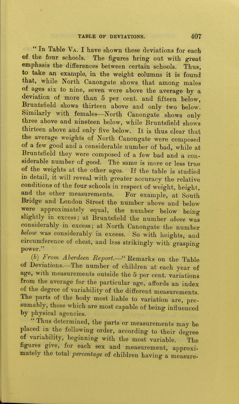  In Table Va. I have shown these deviations for each of the four schools. The figures bring out with great emphasis the differences between certain schools. Thus, to take an example, in the weight columns it is found that, while North Canongate shows that among males of ages six to nine, seven were above the average by a deviation of more than 5 per cent, and fifteen below, Bruntsfield shows thirteen above and only two below. Similarly with females—North Canongate shows only three above and nineteen below, while Bruntsfield shows thirteen above and only five below. It is thus clear that the average weights of North Canongate were composed of a few good and a considerable number of bad, while at Bruntsfield they were composed of a few bad and a con- siderable number of good. The same is more or less true of the weights at the other ages. If the table is studied in detail, it will reveal with greater accuracy the relative conditions of the four schools in respect of weight, height, and the other measurements. For example, at South Bridge and London Street the number above and below were approximately equal, the number below being slightly in excess; at Bruntsfield the number ahove was considerably in excess; at North Canongate the number helow was considerably in excess. So with heights, and circumference of chest, and less strikingly with grasping power. (6) From Aberdeen Report.— Eemarks on the Table of Deviations.—The number of children at each year of age, with measurements outside the 5 per cent, variations from the average for the particular age, affords an index of the degree of variability of the different measurements. The parts of the body most liable to variation are, pre- sumably, those which are most capable of being influenced by physical agencies.  Thus determined, the parts or measurements may be placed m the following order, according to their degree of variability, beginning with the most variable. The figures give, for each sex and measurement, approxi- mately the total percentage of children having a measure-