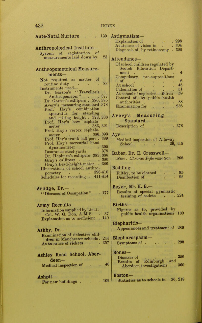 Ante-Natal Nurture . . 139 Anthropological Institute- System of registration of measurements laid down by 23 Anthropometrieal Measure- ments- Net required as matter of routine duty . . .83 Instruments used— Dr. Garson's  Traveller's Anthropometer . . 377 Dr. Garson's callipers . 380, 385 Avery's measuring standard 378 Prof. Hay's combination apparatus for standing and sitting height . 378, 388 Prof. Hay's bow cephalo- meter . . • 383, 391 Prof. Hay's vertex cephalo- meter . . • 386,393 Prof. Hay's trunk callipers . 389 Prof. Hay's mercurial hand dynamometer . . . 395 Insurance steel-yards . . 378 Dr. Hepburn's callipers 383, 386 Gray's callipers . . . 380 Gray's head-height meter . 386 Illustrations of school anthro- pometry . . . 396-410 Schedules for recording . 411-414 Arlidge, Dr.—  Diseases of Occupation  Army Recruits— Information supplied by Lieut.- Col. W. G. Don, A. M.S. . Explanation as to inefficient . Ashby, Dr.— Examination of defective chil- dren in Manchester schools . As to cause of rickets Ashley Road School, Aber- deen- Medical inspection of Ashpit— For new buildings . Astigmatism- Explanation of . . . 298 Acuteness of vision in . . 304 Diagnosis of, by retinoscopy . 308 Attendance— Of school children regulated by Scotch Education Depart- ment ..... 4 Compulsory, pre-suppcsitions of 6 At school . . . .48 Calculation of . . .51 At school of neglected children 69 Control of, by public health authorities . . . .88 Examination for . . . 236 177 37 140 244 357 40 102 Avery's Measuring Standard- Description of 378 Ayr- Medical inspection of AUoway School . . . .29, 415 Baber, Dr. E. Cresswell— Noae: Chronic Inflammation . 268 Bedding- Filthy, to be cleaned Disinfection of 95 96 Beyer, Mr. H. B.— Results of special gymnastic training of cadets . . 224 Births- Figures as to, provided by public health organisations 130 Blepharitis- Appearances and treatment of 289 Blepharospasm— Symptoms of . 290 Bones- Diseases of ... • 356 Results of Edinburgh and Aberdeen investigations . 360 Boston- Statistics as to schools in 36, 218