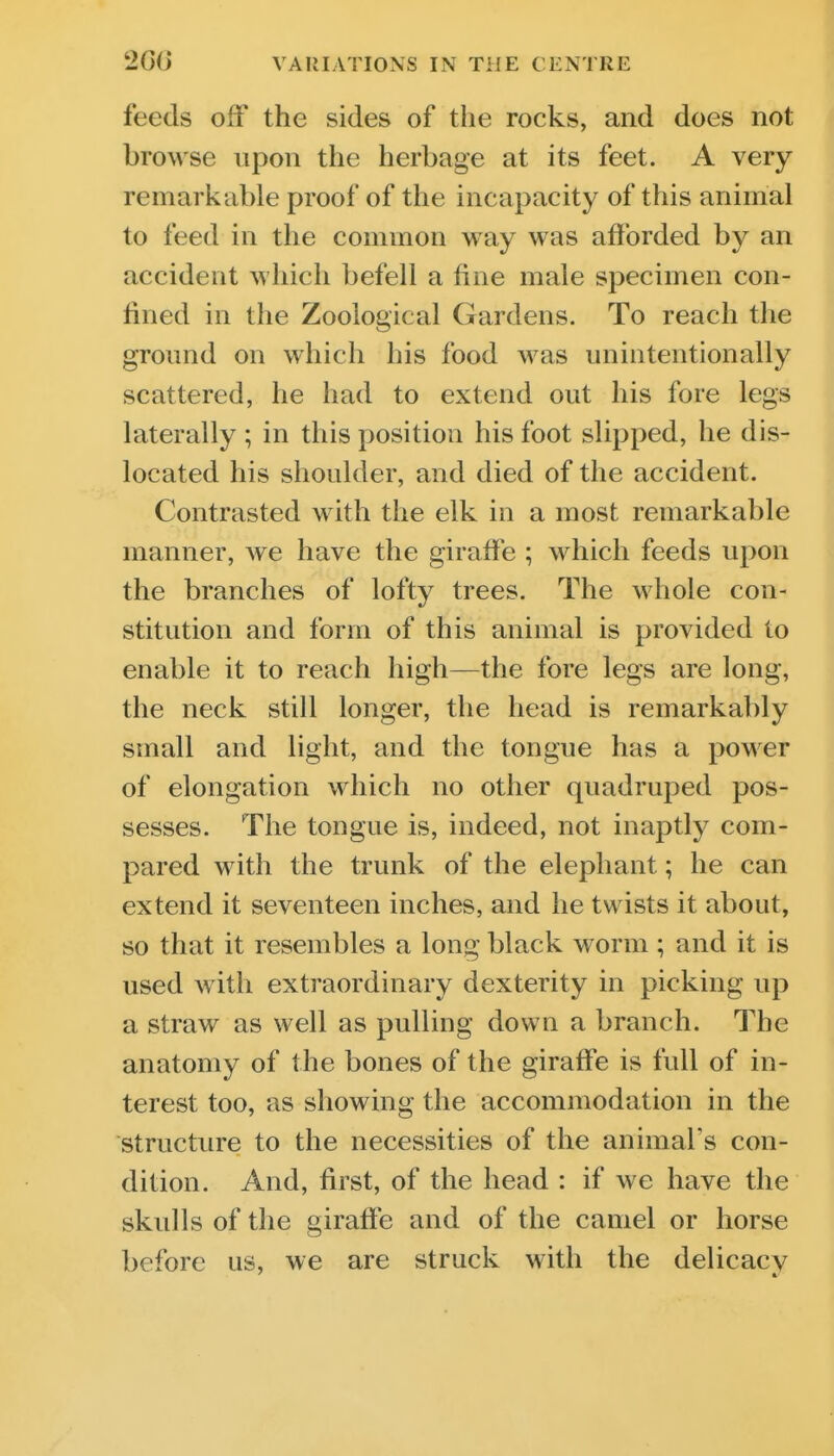 feeds off the sides of the rocks, and does not browse upon the herbage at its feet. A very remarkable proof of the incapacity of this animal to feed in the common way was afforded by an accident which befell a fine male specimen con- fined in the Zoological Gardens. To reach the ground on which his food M^as unintentionally scattered, he had to extend out his fore legs laterally ; in this position his foot slipped, he dis- located his shoulder, and died of the accident. Contrasted with the elk in a most remarkable manner, we have the giraffe ; which feeds upon the branches of lofty trees. The whole con- stitution and form of this animal is provided to enable it to reach high—the fore legs are long, the neck still longer, the head is remarkably small and light, and the tongue has a power of elongation which no other quadruped pos- sesses. The tongue is, indeed, not inaptly com- pared with the trunk of the elephant; he can extend it seventeen inches, and he twists it about, so that it resembles a long black worm ; and it is used with extraordinary dexterity in picking up a straw as well as pulling down a branch. The anatomy of the bones of the giraffe is full of in- terest too, as showing the accommodation in the structure to the necessities of the animal's con- dition. And, first, of the head : if we have the skulls of the giraffe and of the camel or horse before us, we are struck with the delicacy