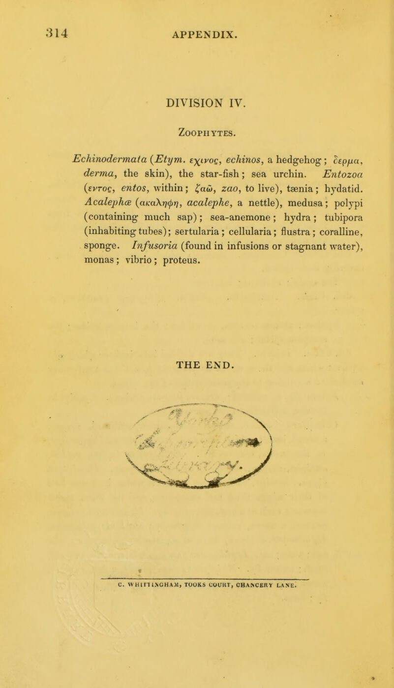 DIVISION IV. Zoophytes. Echinodermafa (Etym. extvog, echinos, a hedgehog; cepyua, derma, the skin), the star-fish; sea urchin. Entozoa (svTog, entos, within; ^aib, zao, to live), taenia; hydatid. AcalephcB (aKuXricpr], acalephe, a nettle), medusa; polypi (containing much sap); sea-anemone; hydra; tubipora (inhabitingtubes); sertularia; cellularia; flustra; coralline, sponge. Infusoria (found in infusions or stagnant water), monas; vibrio; proteus. C. WHini.NGHAJl, TOOKS COUKT, CHANCERY LA.VE.