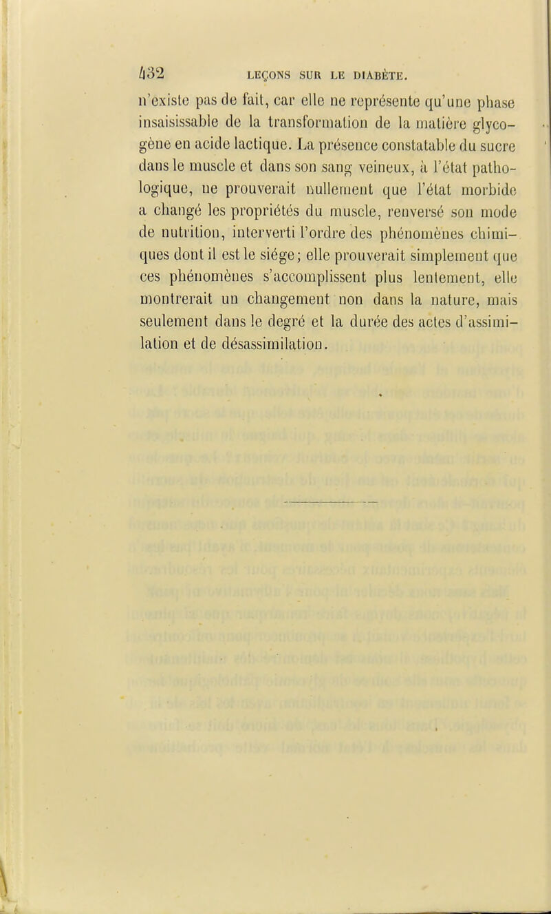 n'existe pas de fait, car elle ne représente qu'une phase insaisissable de la transformation de la matière glyco- gène en acide lactique. La présence constatable du sucre dans le muscle et dans son sang veineux, à l'état patho- logique, ne prouverait nullement que l'état morbide a changé les propriétés du muscle, renversé son mode de nutrition, interverti l'ordre des phénomènes chimi- ques dont il est le siège; elle prouverait simplement que ces phénomènes s'accomplissent plus lentement, elle montrerait un changement non dans la nature, mais seulement dans le degré et la durée des actes d'assimi- lation et de désassimilation.