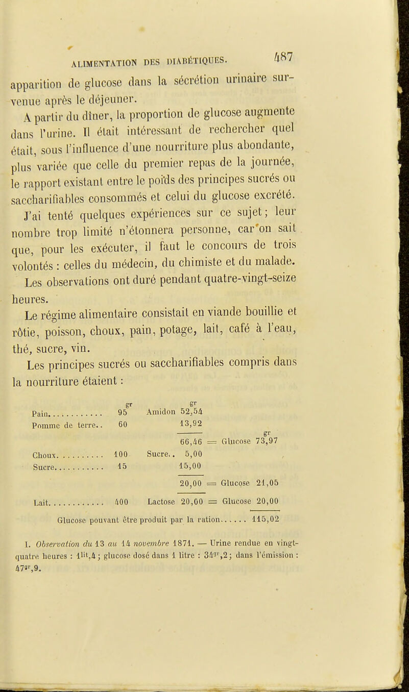 apparition de glucose dans la sécrétion urinaire sur- venue après le déjeuner. A partir du dîner, la proportion de glucose augmente dans l'urine. ïl était intéressant de rechercher quel était, sous l'influence d'une nourriture plus abondante, plus variée que celle du premier repas de la journée, le rapport existant entre le poi'ds des principes sucrés ou saccharifiables consommés et celui du glucose excrété. J'ai tenté quelques expériences sur ce sujet; leur nombre trop limité n'étonnera personne, car'on sait que, pour les exécuter, il faut le concours de trois volontés : celles du médecin, du chimiste et du malade. Les observations ont duré pendant quatre-vingt-seize heures. Le régime alimentaire consistait en viande bouillie et rôtie, poisson, choux, pain, potage, lait, café à l'eau, thé, sucre, vin. Les principes sucrés ou saccharifiables compris dans la nourriture étaient : Pain 95 Amidon 52,54 Pomme de terre.. 60 13,92 gr 66,46 = Glucose 73,97 Choux 100 Sucre.. 5,00 Sucre 15 15,00 20,00 = Glucose 21,05 Lait 400 Lactose 20,00 = Glucose 20,00 Glucose pouvant être produit par la ration 115,02 1. Observation du 13 au 14 novembre 1871. — Urine rendue en vingt- quatre, heures : l'it-i; glucose dosé dans 1 litre : 343' ,2; dans l'émission : 47»',9.