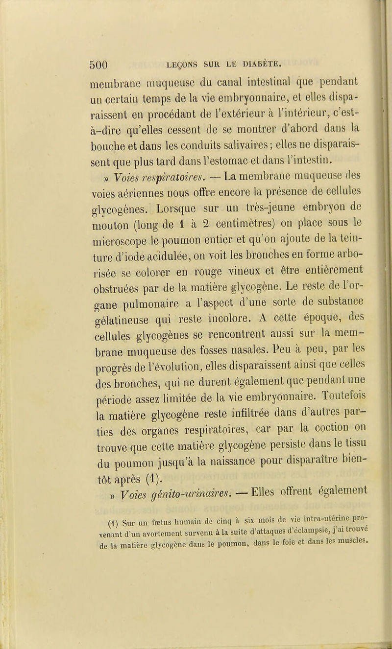 membrane muqueuse du canal intestinal que pendant un certain temps de la vie embryonnaire, el elles dispa- raissent en procédant de l'extérieur cà l'intérieur, c'est- à-dire qu'elles cessent de se montrer d'abord dans la bouche et dans les conduits salivaires ; elles ne disparais- sent que plus tard dans l'estomac et dans l'intestin. » Voies respiratoires. — La membrane muqueuse des voies aériennes nous otfre encore la présence de cellules glycogènes. Lorsque sur un très-jeune embryon de mouton (long de 1 à 2 centimètres) on place sous le microscope le poumon entier et qu'on ajoute de la tein- ture d'iode acidulée, on voit les bronches en forme arbo- risée se colorer en rouge vineux et être entièrement obstruées par de la matière glycogène. Le reste de l'or- gane pulmonaire a l'aspect d'une sorte de substance gélatineuse qui reste incolore. A cette époque, des cellules glycogènes se rencontrent aussi sur la mem- brane muqueuse des fosses nasales. Peu à peu, par les progrès de l'évolution, elles disparaissent ainsi que celles des bronches, qui ne durent également que pendant une période assez limitée de la vie embryonnaire. Toutefois la matière glycogène reste infiltrée dans d'autres par- ties des organes respiratoires, car par la coction ou trouve que cette matière glycogène persiste dans le tissu du poumon jusqu'à la naissance pour disparaître bien- tôt après (1). » Voies génito-urinaires. — Elles offrent également (1) Sur un fœtus humain de cinq à six mois de vie intra-utérine pro- venant d'un avortenienl survenu à la suite d'attaques d'éclampsie, j'ai trouve de la matière glycogène dans le poumon, dans le foie et dans les muscles.