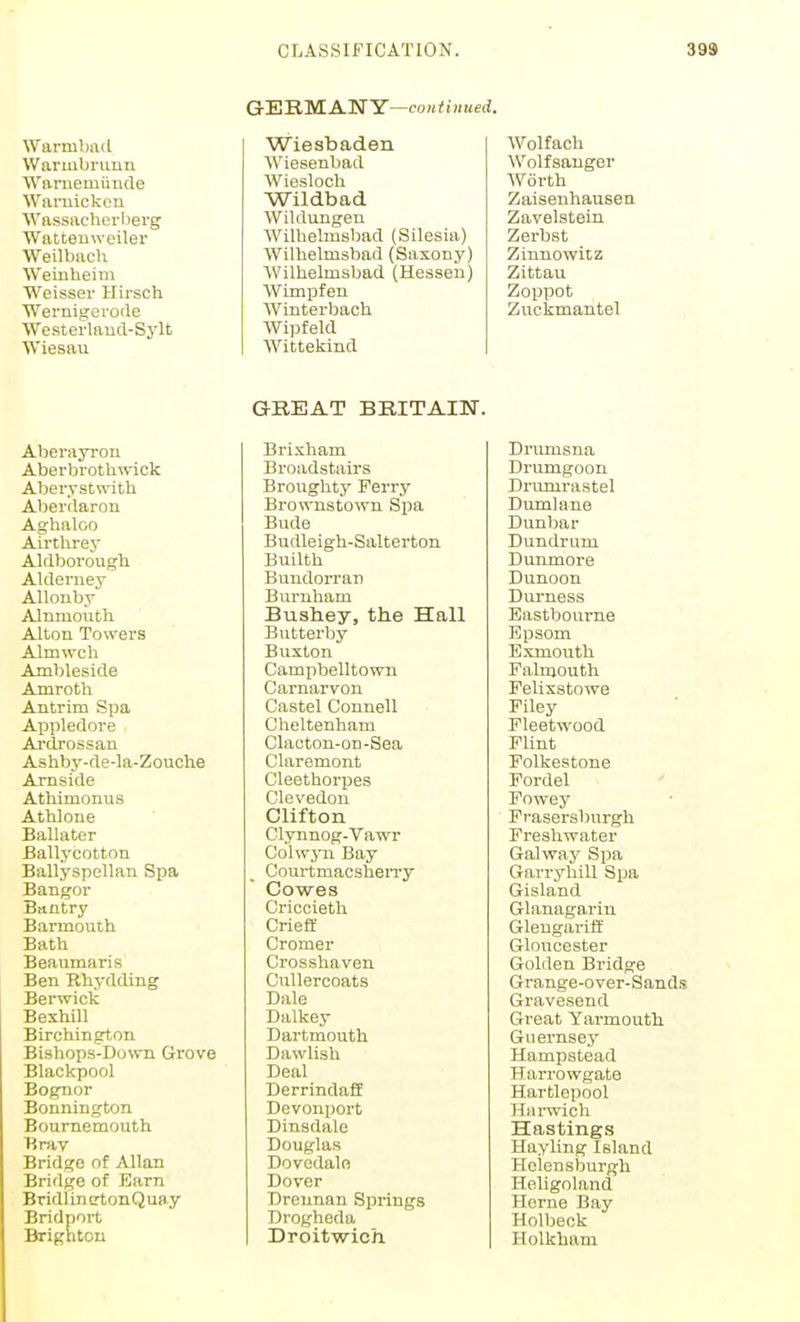 GE'R'M.A'NY—continued. Warmbad Waruibruun Waniemiinde Wariiickcu Wassacherlierg Wattenweiler Weilbacli Weinheim Weisser Hirsch 'Wernigevode Westerlaud-Sj'lt Wiesau Wiesbaden AViesenbad Wiosloch Wildbad Wildungen Wilhelmsbad (Silesia) Wilhelmsbad (Saxony) Wilhelmsbad (Hesseu) Wimpfen Winterbach. Wipfeld Wittekind Wolfach Wolfsauger Worth Zaisenhausen Zavelsteia Zerbst Zinnowitz Zittau Zoppot Zuckmantel Aberayrou Aberbrothwiok Aberystwith Abei'daron Aghaloo Airthrey Aldborough Alderney AUonby Alnmouth Alton Towers Almwch Ambleside Amroth Antrim Spa Appledore Ai'drossan Ashby-de-la-Zouche Arnside Athimonus Athloiie Ballater Ballycotton Ballyspellan Spa Bangor Bantry Barmouth Bath Beaumaris Ben Rhydding Berwick Bexhill Birchington Bishops-DoMm CJrove Blackpool Bognor Bennington Bournemouth ■Rrav Bridge of Allan Bridge of Earn Bridlin srtonQua.y Bridport Brighton GEEAT BRITAIN. Brixham Broadstairs Broughty Perry Brownstown Spa Bude Budleigh-Salterton Builth Bundorran Buruham Busbey, the Hall Butterby Buxton Campbellto-wn Carnarvon Castel Connell Cheltenham Clacton-on-Sea Claremont Cleethorpes Clevedon Clifton Clynnog-Vawr Colw.>Ti Bay CourtmacsheiTy Cowes Criccieth Criefi Cromer Crosshaven Cullercoats Dale Dalkey Dartmouth Dawlish Deal Derrindaff Devonport Dinsdale Douglas Dovedalp, Dover Dreiman Springs Drogheda Droitwich Driunsna Drumgoon Drumrastel Dumlane Dunbar Dundrum Dunmore Dunoon Durness Eastbourne Epsom Exmoutli Falmouth Felixstowe Filey Fleetwood Flint Folkestone Fordel Powey Frasersburgh Freshwater Gal way Spa Garryhill Spa Gisland Glanagarin Glengariff Gloucester Golden Bridge Grange-over-Sauds Gravesend Great Yarmoutli Guernsey Hampstead Harrowgate Hartlepool HrtiTvich Hastings Hayling Island Helensburgh Heligoland Herne Bay Holbeck Holkham