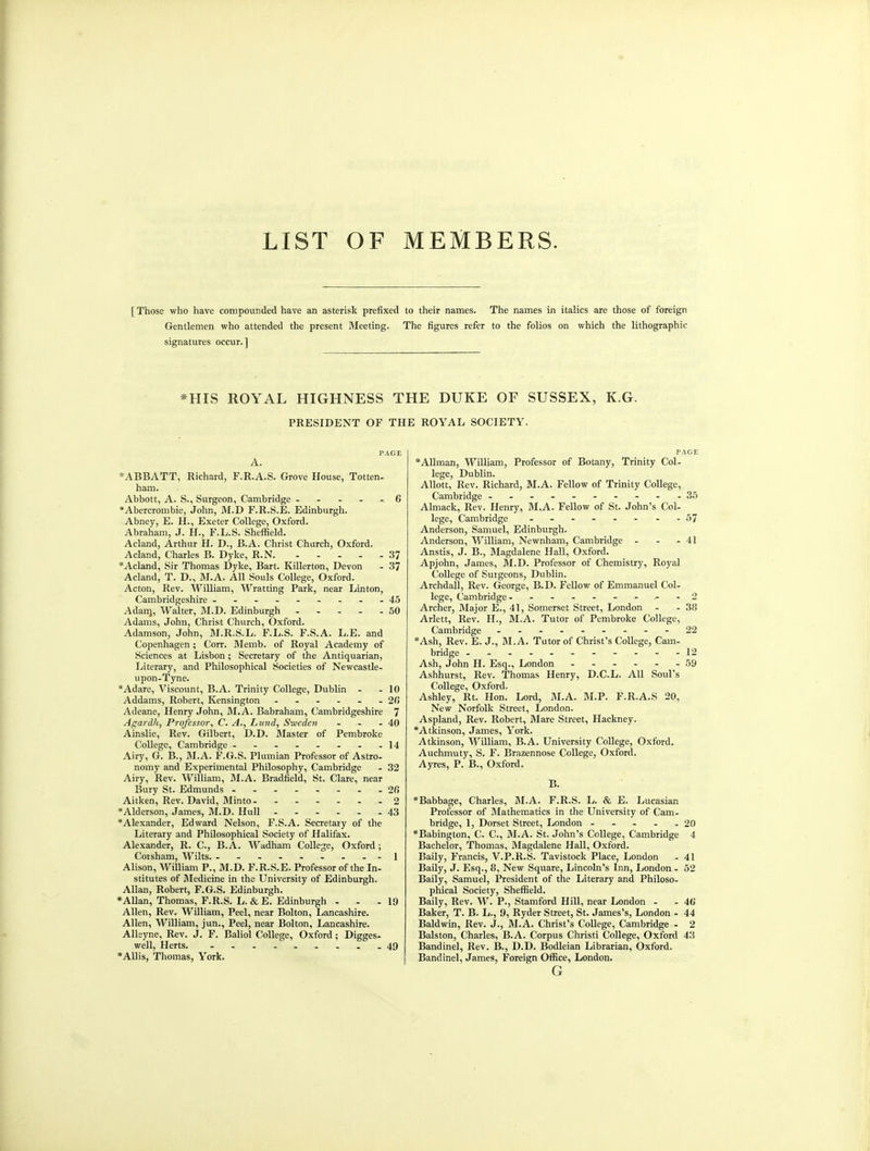 LIST OF MEMBERS. [Those who have compounded have an asterisk prefixed to their names. The names in italics are those of foreign Gentlemen who attended the present Meeting. The figures refer to the folios on which the lithographic signatures occur.] *HIS ROYAL HIGHNESS THE DUKE OF SUSSEX, K.G. PRESIDENT OF THE ROYAL SOCIETY. PAGE A. *ABBATT, Richard, F.R.A.S. Grove House, Totten- ham. Abbott, A. S., Surgeon, Cambridge . - . . . C Abercrombie, John, M.D F.R.S.E. Edinburgh. Abney, E. H., Exeter College, Oxford. Abraham, J. H., F.L.S. Sheffield. Acland, Arthur H. D., B.A. Christ Church, Oxford. A eland, Charles B. Dyke, R.N 37 *Acland, Sir Thomas Dyke, Bart. Killerton, Devon - 37 Acland, T. D., SI.A. All Souls College, Oxford. Acton, Rev. William, Wratting Park, near Linton, Cambridgeshire ---------45 Adan], Walter, 1\I.D. Edinburgh 50 Adams, John, Christ Church, Oxford. Adamson, John, M.R.S.L. F.L.S. F.S.A. L.E. and Copenhagen ; Corr. Memb. of Royal Academy of Sciences at Lisbon; Secretary of the Antiquarian, Literary, and Philosophical Societies of Newcastle- upon-Tyne. *Adare, Viscount, B.A. Trinity College, Dublin - - 10 Addams, Robert, Kensington 2G Adeane, Henry John, M.A. Babraham, Cambridgeshire 7 Agardli, Professor^ C. A., Lund, Sweden - - - 40 Ainslie, Rev. Gilbert, D.D. Blaster of Pembroke CoEege, Cambridge - - - - . - - -14 Airy, G. B., M.A. F.G.S. Plumian Professor of Astro- nomy and Experimental Philosophy, Cambridge - 32 Airy, Rev. William, M.A. Bradfield, St. Clare, near Bury St. Edmunds 26 Aitken, Rev. David, Minto - ...... 2 »Alderson, James, M.D. Hull 43 *Alexander, Edward Nelson, F.S.A. Secretary of the Literary and Philosophical Society of Halifax. Alexander, R. C, B.A. Wadham College, Oxford; Coisham, Wilts. ------..-1 Alison, William P., M.D. F.R.S.E. Professor of the In- stitutes of Bledicine in the University of Edinburgh. Allan, Robert, F.G.S. Edinburgh. *AUan, Thomas, F.R.S. L. &E. Edinburgh - - -19 Allen, Rev. William, Peel, near Bolton, Lancashire. Allen, William, jun., Peel, near Bolton, Lancashire. Alleyne, Rev. J. F. Baliol College, Oxford; Digges- well, Herts. - ....--..49 *Allis, Thomas, York. PAGE *Allman, William, Professor of Botany, Trinity Col- lege, Dublin. Allott, Rev. Richard, M.A. Fellow of Trinity College, Cambridge ..---.----35 Almack, Rev. Henry, M.A. Fellow of St. John's Col- lege, Cambridge ..-..-.-57 Anderson, Samuel, Edinburgh. Anderson, William, Newnham, Cambridge - - - 41 Anstis, J. B., Blagdalene Hall, Oxford. Apjohn, James, M.D. Professor of Chemistry, Royal College of Surgeons, Dublin. Archdall, Rev. George, B.D. Fellow of Emmanuel Col- lege, Cambridge- - .2 Archer, Major E., 41, Somerset Street, London - - 38 Arlett, Rev. H., M.A. Tutor of Pembroke College, Cambridge ....-...-22 'Ash, Rev. E. J., M.A. Tutor of Christ's College, Cam- bridge ..-..------12 Ash, John H. Esq., London ------ 59 Ashhurst, Rev. Thomas Henry, D.C.L. All Soul's College, Oxford. Ashley, Rt. Hon. Lord, M.A. M.P. F.R.A.S 20, New Norfolk Street, London. Aspland, Rev. Robert, Mare Street, Hackney. Atkinson, James, York. Atkinson, William, B.A. University College, Oxford. Auchmuty, S. F. Brazennose College, Oxford. Ayres, P. B., Oxford. B. *Babbage, Charles, M.A. F.R.S. L. & E. Lucasian Professor of Mathematics in the University of Cam- bridge, 1, Dorset Street, London ..... 20 *Babington, C. C, M.A. St. John's College, Cambridge 4 Bachelor, Thomas, IMagdalene Hall, Oxford. Baily, Francis, V.P.R.S. Tavistock Place, London . 41 Baily, J. Esq., 8, New Square, Lincoln's Inn, London . 52 Baily, Samuel, President of the Literary and Philoso- phical Society, Sheffield. Baily, Rev. W. P., Stamford Hill, near London - - 46 Baker, T. B. L., 9, Ryder Street, St. James's, London - 44 Baldwin, Rev. J., M.A. Christ's College, Cambridge - 2 Balston, Charles, B.A. Corpus Christi College, Oxford 43 Bandinel, Rev. B., D.D. Bodleian Librarian, Oxford. Bandinel, James, Foreign Office, London. G
