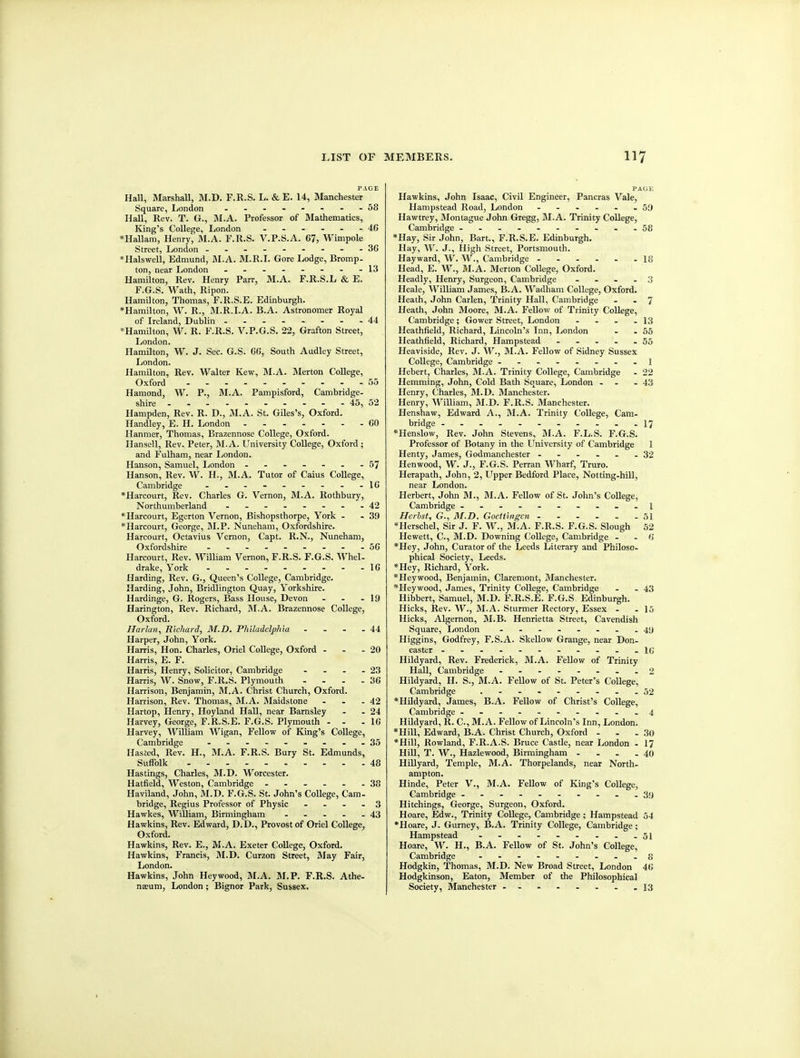 PACE Hall, Marshall, M.D. F.R.S. L. & E. 14, Manchester Square, London ...-.---58 Hall, Rev. T. G., M.A. Professor of Mathematics, King's College, London 46 *Hallatn, Henry, M.A. F.R.S. V.P.S.A. 07, Wimpole Street, London ---------36 *Halswell, Edmund, M.A. M.R.I. Gore Lodge, Bromp- ton, near London ....----13 Hamilton, Rev. Henry Parr, M.A. F.R.S.L & E. F.G.S. M^ath, Ripon. Hamilton, Thomas, F.R.S.E. Edinburgh. Hamilton, W. R., M.R.I.A. B.A. Astronomer Royal of Ireland, Dublin - -- -- -- -44 ^Hamilton, W. R. F.R.S. V.P.G.S. 22, Grafton Street, London. Hamilton, W. J. Sec. G.S. CC, South Audley Street, London. Hamilton, Rev. Walter Kew, M.A. Merton College, Oxford - -- -- -- -- -55 Hamond, W. P., M.A. Pampisford, Cambridge- shire ---------- 45, 52 Hampden, Rev. R. D., M.A. St. Giles's, Oxford, Handley, E. H. London CO Ilanmer, Thomas, Brazennose College, Oxford. Ilansell, Rev. Peter, ]M.A. University College, Oxford ; and Fulham, near London. Hanson, Samuel, London - .- -- .-57 Hanson, Rev. W. H., M.A. Tutor of Caius College, Cambridge - -- -- -- -- IC *Harcourt, Rev. Charles G. Vernon, M.A, Rothbury, Northumberland - .- -- -..42 *Harcourt, Egerton Vernon, Bishopsthorpe, York . .39 *Harcourt, George, BI.P. Nuneham, Oxfordshire, Harcourt, Octavius Vernon, Capt, R,N., Nuneham, Oxfordshire --------- oG Harcourt, Rev. William Vernon, F.R.S. F.G.S, Whel- drake, York - - - - - - - - -16 Harding, Rev. G., Queen's College, Cambridge. Harding, John, Bridlington Quay, Yorkshire. Hardinge, G. Rogers, Bass House, Devon - - - 19 Harington, Rev, Richard, M.A, Brazennose College, Oxford. Harlan, Richard, M.D. Philadelphia - - - .44 Harper, John, York, Harris, Hon. Charles, Oriel College, Oxford - - - 20 Harris, E. F, Harris, Henry, Solicitor, Cambridge - . . .23 Harris, W. Snow, F.R.S. Plymouth - . . .36 Harrison, Benjamin, JM.A. Christ Church, Oxford. Harrison, Rev. Thomas, M.A. Maidstone - - - 42 Hartop, Henry, Hoyland Hall, near Barnsley - - 24 Harvey, George, F.R.S.E. F.G.S. Plymouth - - -16 Harvey, William Wigan, Fellow of King's College, Cambridge -------- .35 Hasted, Rev. H., M,A. F,R,S. Bury St, Edmunds, Suffolk 48 Hastings, Charles, M.D. Worcester. Hatfield, Weston, Cambridge ------ 38 Haviland, John, M.D. F.G.S. St. John's College, Cam- bridge, Regius Professor of Physic - ... 3 Hawkes, William, Birmingham - - - - -43 Hawkins, Rev. Edward, D.D., Provost of Oriel College, Oxford. Hawkins, Rev, E., M.A. Exeter College, Oxford. Hawkins, Francis, M.D. Curzon Street, May Fair, London. Hawkins, John Hey wood, M.A. SI, P. F,R,S. Athe- naeum, London; Bignor Park, Sussex. PAGE Hawkins, John Isaac, Civil Engineer, Pancras Vale, Hampstead Road, London 59 Hawtrey, Blontague John Gregg, M.A. Trinity College, Cambridge .....---.-58 *Hay, Sir John, Bart., FiR.S.E. Edinburgh. Hay, W. J., High Street, Portsmouth. Hayward, W. W., Cambridge ...... 18 Head, E. W., M.A. Merton College, Oxford. Headly, Henry, Surgeon, Cambridge .... 3 Heale, William James, B.A. Wadham College, Oxford. Heath, John Carlen, Trinity Hall, Cambridge . . 7 Heath, John Moore, M.A. Fellow of Trinity College, Cambridge; Gower Street, London - . - - 13 Heathfield, Richard, Lincoln's Inn, London . .55 Ileathlield, Richard, Hampstead . . - . .56 Heaviside, Rev. J. W., M.A. Fellow of Sidney Sussex College, Cambridge --------1 Hebert, Charles, M.A. Trinity College, Cambridge - 22 Hemming, John, Cold Bath Square, London - . - 43 Henry, Charles, M.D. ftlanchester. Henry, William, M.D. F.R.S. Manchester. Henshaw, Edward A., M.A, Trinity College, Cam- bridge ---------..17 *Henslow, Rev. John Stevens, M.A. F.L.S. F.G.S. Professor of Botany in the University of Cambridge 1 Henty, James, Godmanchester ...... 32 Henwood, W. J., F.G.S. Perran Wharf, Truro, Herapath, John, 2, Upper Bedford Place, Notting-hill, near London, Herbert, John M,, M.A. Fellow of St. John's College, Cambridge - - i Herhsf, G., M.D. Goettingcn - - - - . -51 »Herschel, Sir J. F. W., M.A. F.R.S. F.G.S. Slough 52 Hewett, C, M.D. Downing College, Cambridge - - »J *Hey, John, Curator of the Leeds Literary and Philoso- phical Society, Leeds. *Hey, Richard, York. *Heywood, Benjamin, Claremont, Manchester. Heywood, James, Trinity College, Cambridge - - 43 Hibbert, Samuel, M.D. F.R.S.E. F.G.S Edinburgh. Hicks, Rev. W., M.A. Sturmer Rectory, Essex - - 15 Hicks, Algernon, M.'B. Henrietta Street, Cavendish Square, London - . 4<) Higgins, Godfrey, F.S.A. Skellow Grange, near Don- caster -----------10 Hildyard, Rev. Frederick, M.A. Fellow of Trinity Hall, Cambridge - -- .- -..2 Hildyard, H. S., M.A. Fellow of St, Peter's College, Cambridge ,-.......52 *Hildyard, James, B.A. Fellow of Christ's College, Cambridge .-.----.-.4 Hildyard, R. C, M.A. Fellow of Lincoln's Inn, London. *Hill, Edward, B.A. Christ Church, Oxford - . - 30 *Hill, Rowland, F.R.A.S. Bruce Castle, near London - 17 HiU, T. W., Hazlewood, Birmingham - - - - 40 Hillyard, Temple, M.A. Thorpelands, near North, ampton, Hinde, Peter V., M.A, Fellow of King's College, Cambridge .-..--.-.-3<) Hitchings, George, Surgeon, Oxford. Hoare, Edw., Trinity College, Cambridge; Hampstead 54 *Hoare, J. Gurney, B.A, Trinity College, Cambridge; Hampstead .-------.51 Hoare, W, H., B.A. Fellow of St. John's College, Cambridge ......--.g Hodgkin, Thomas, M.D. New Broad Street, London 4C Hodgkinson, Eaton, Member of the Philosophical Society, Manchester ........13