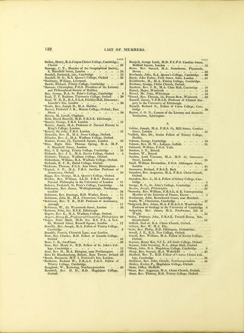 PAGE Raikes, Henry, B.A.Corpus Christi College,Cambridge; Chester 25 Ramage, C. T., Member of the Geographical Society, 8, Mansfield Street, London 34 Randall, Frederick, jun., Cambridge - - - - 12 Randall, H. G., B.A. Queen's CoUege, Oxford - - 39 *Rathbone, M^'illiam, Liverpool. Rawle, Richard, Trinity CoUege, Cambridge - - - 30 *Rawson, Christopher, F.G.S. President of the Literary and Philosophical Society of Halifax. Ray, George, B.A. St. Peter's College, Cambridge - 9 Reaei, T. F. Rudston, University College, Oxford - 30 Read, W. H. R., B.A. F.L.S. FrickleyHall, Doncaster; Lincoln's Inn, London ------ 30 *Reade, Rev. Joseph B., M.A. Halifax. Reeves, Frederick J. K., Merton College, Oxford; East Sheen 50 Reeves, M. Lovell, Clapham. Reid, David BosweU, M.D. F.R.S.E. Edinburgh. *Rennie, George, F.R.S. London - . . - -51 Rennie, James, M.A. Professor of Natural History in King's CoUege, London. *Rennie, Sir John, F.R.S. London - - - - . 51 Reynolds, Rev. H., M.A. Jesus CoUege, Oxford. Rhoades, Rev. J., JM.A. Wadham CoUege, Oxford. Riadore, Evans, 17, Tavistock Square, London - - 58 •Rice, Right Hon. Thomas Spring, M.A. M.P. .8, Mansfield Street, London - - - - - 21 Rice, S. E. Spring, Trinity CoUege, Cambridge - - 34 Richards, Rev. J. L., M.A. Exeter CoUege, Oxford - 4 Richards, Thomas, Wadham College, Oxford. Richardson, William, B.A. Wadham CoUege, Oxford. Rickards, R. F. B., IJaliol College, Oxford. Rickman, Thomas, F.S.A. Ann Street, Birmingham - 18 •Rigaud, S. P., M.A. F.R.S. Savilian Profe'ssor of Astronomy, Oxford .----.-lo Riggs, Rev. George, M.A. Queen's CoUege, Oxford. Ritchie, Rev. AVilliam, LL.D. F.R.S. Professor of Natural Philosophy in the University of London - 51 Roberts, Frederick, St. Peter's College, Cambridge - 54 Robertson, Rev. James, Wellingborough, Northamp- tonshire .---------39 Robinson, Rev. Hastings, B.D. Warley, Essex - - 11 Robuison, John M., M.A. Chesterton, Cambridge - 12 •Robinson, Rev. T. R., D.D. Professor of Astronomy, Armagh - - - - - - - - - -11 Robinson, W., 45, Weymouth Street, London - - 59 *Robison, John, Sec. R.S.E. Edinburgh. Rogers, Rev. E., M.A. Wadham College, Oxford. Rogers^ Henry D., Professor of Chemistry^ PhiladeljMa 29 •Roget, Peter Mark, M.D. Sec. R.S. F.L. & G.S. 39, Bernard Street, Russell Square, London - - 17 Romilly, Rev. Joseph, M.A. FeUow of Trinity CoUege, Cambridge - - .------6 Ronalds, Francis, Chiswick Lane, near London. Rose, Rev. Charles, B.D. Fellow of Lincoln College, Oxford 42 Rose, C. B., Swaffham - -- -- -- 5G Rose, Rev. Henry J., B.D. Fellow of St. John's Col- lege, Cambridge ---------12 Rose, Rev. H., M.A. Brington, near Northampton - 56 Ross De Blandensburg, Robert, Ross Trevor, Ireland 23 •Rotch, Benjamin, M.P. 1, Furnival's Inn, London. »Rothman, Richard W., F.R.A.S. F.G.S. Fellow of Trinity College, Cambridge. Roughton, W., Kettering, Northamptonshire - - 49 RoundeU, Rev. H. D., B.D. Slagdalene College, Oxford. PAGE RoupeU, George Leith, M.D. F.C.P.S. Caroline Street, Bedford Square, London - -- -- --51 Rowe, Rev. Samuel, M.A. Stonehouse, Plymouth, Devon .58 Rowlands, John, B.A. Queen's CoUege, Cambridge - 60 Royle, John Forbes, Frith Street, Soho, London - - 55 Rushbrooke, H., M.A. Trinity CoUege, Cambridge. Rushout, George, Christ Church, Oxford. Rushton, Rev. J. R., M.A. Clare HaU, Cambridge - 16 Russel, Major, Woolwich - -- -- --13 Russel, Blr. John, Whittlesea - - - - - -19 *Russel, Rev. Thomas, 14, Penton Row, Walworth - 32 RiisseU, James, V.P.R.S.E. Professor of Clinical Sur- gery in the University of Edinburgh. Russell, Richard N., Fellow of Caius CoUege, Cam- bridge ----- 30 Rutter, J. O. N., Curator of the Literary and Scientific Institution, Lymington. S. Sabine, Joseph, M.A. F.R.S. 15, JliU Street, Conduit Street, London - -- -- -.--32 *Sadleir, Rev. Dr., Senior FeUow of Trinity College, Dublin. Salmon, George, Cambridge - - - - - -18 Salmon, Rev. H. W., Lidgate, Suffolk - - - - 35 Salmond, William, F.G.S. York. Sanders, I. N., Bristol. Sanders, W., Bristol. Sandon, Lord Viscount, M.A. M.P. 41, Grosvenor Street, London - -- -- -- --29 SauU, WUliam Devonshire, F.G.S. Aldersgate Street, London .----.....45 Saumarez, Richard, F.R.S.E. Bath - - - -42 Saunders, Rev. Augustus, M.A. F.R.S. Christ Church, Oxford. Saunders, Rev. J,, M.A. FeUow of Sidney CoUege, Cam- bridge -----------4 Savage, R. C, St. John's CoUege, Cambridge - - 48 Sdxton, Joseph, Philadelphia - - - - - - 59 *Scoresby, Rev. WiUiam, F.R.S.L. & E. Corresponding Member of the Institute of France, Exeter - - - 5 Scudamore, John, Kentchurch Court, near Hereford. Searle, W., Chesterton, Cambridge - - - - - 47 *Sedgwick, Rev. Adam, M.A. F.R.&G.S. Woodwardian Professor of Geology in the University of Cambridge 6 Sedgwick, Rev. James, M.A. Freshwater, Isle of Might 34 •^Selby, Prideaux John, F.R.S.E. TwizeU House, Nor- thumberland -----.-..52 Selkirk, Earl of, B.A. Christ Church, Oxford. Selwyn, Rev. W. M.A. Ely. 'Serle, Rev. Philip, B.D. Oddington, Oxfordshire. SeweU, J. E., B.A. New College, Oxford. Sewell, Rev. William, M.A. FeUow of Exeter CoUege, Oxford. Seymer, Henry Ker, S.C.L. AU Souls CoUege, Oxford. Seymer, John Gunning, B.A. Alban HaU, Oxford. *Sharp, John, B.A. Magdalene CoUege, Cambridge . 8 Sharp. Rev. Samuel, M.A. Wakefield - - - - 49 Shelford, Rev. T., B.D. Fellow of Corpus Christi Col- lege, Cambridge - -.--...30 Shillibeer, Rev. John, Oundle, Northamptonshire - 46 Shirley, Evelyn P., IMagdalene CoUege, Oxford. Shore, Offley, Sheffield. •Short, Rev. Augustus, M.A. Christ Church, Oxford. Short, Rev. Thomas, B.D. Trinity College, Oxford.