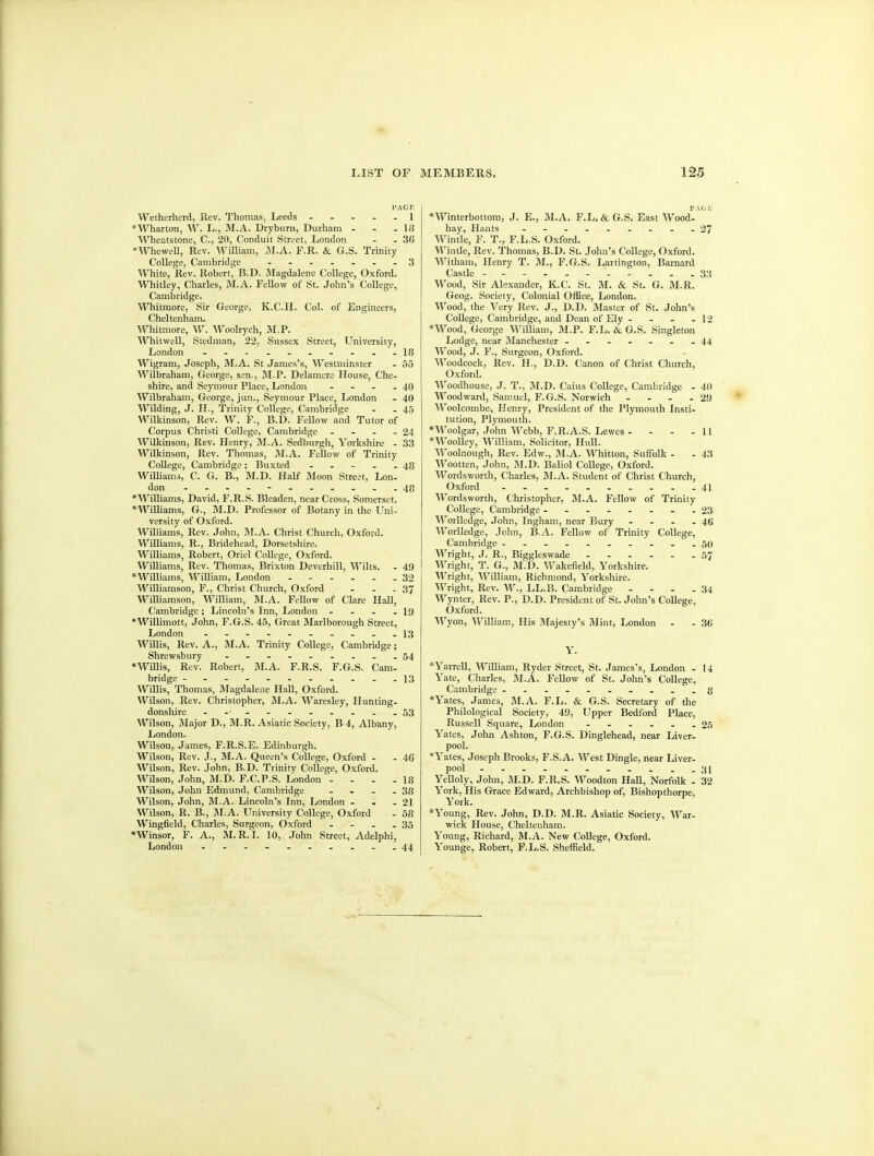 PAGE Wetherherd, Rev. Thomas, Leeds ----- 1 *Wharton, W. L., M.A. Dryburn, Durham - - - 18 Wheatstone, C, 20, Conduit Street, London - - 36 Whewell, Rev. William, M.A. F.R. & G.S. Trinity College, Cambridge 3 White, Rev. Robert, B.D. Blagdalene College, Oxford. Whitley, Charles, M.A. FeUow of St. John's College, Cambridge. Whitmore, Sir George, K.C.PL Col. of Engineers, Cheltenham. AVhitmore, W. Woolrych, M.P. Whitwell, Stedman, 22, Sussex Street, University, London - - .- -...18 Wigram, Joseph, M.A. St James's, Westminster . 55 AVilbraham, George, sen., M.P. Delamerc House, Che. shire, and Seymour Place, London - - - .40 Wilbraham, George, jun., Seymour Place, London - 40 Wilding, J. H., Trinity College, Cambridge - -45 Wilkinson, Rev. W. F., B.D. Fellow and Tutor of Corpus Christi College, Cambridge - - - - 24 Wilkinson, Rev. Henry, M.A. Sedburgh, Yorkshire - 33 Wilkinson, Rev. Thomas, jM.A. Fellow of Trinity College, Cambridge ; Buxted ----- 48 Williams, C. G. B., M.D. Half IMoon Street, Lon- don ----- 48 *Williams, David, F.R.S. Bleaden, near Cross, Somerset. *Williams, G., M.D. Professor of Botany in the Uni- versity of Oxford. Williams, Rev. John, M.A. Christ Church, Oxford. Williams, R., Bridehead, Dorsetshire. Williams, Robert, Oriel College, Oxford. Williams, Rev. Thomas, Brixton Deverhill, Wilts. - 49 •Williams, William, London 32 Williamson, F., Christ Church, Oxford - - .37 WiUiamson, William, IVI.A. Fellow of Clare Hall, Cambridge; Lincoln's Inn, London - - - - I9 *WiUimott, John, F.G.S. 45, Great Marlborough Street, London - -- -- -- -- ,13 Willis, Rev. A., IM.A. Trinity College, Cambridge; Shrewsbury - -- ----.-54 •Willis, Rev. Robert, M.A. F.R.S. F.G.S. Cam- bridge ---- 13 Willis, Thomas, Magdalene Hall, Oxford. Wilson, Rev. Christopher, M.A. Waresley, Hunting- donshire -------.-.53 Wilson, Blajor D., M.R. Asiatic Society, B 4, Albany, London. Wilson, James, F.R.S.E. Edinburgh. Wilson, Rev. J., M.A. Queen's College, Oxford . .46 Malison, Rev. John, B.D. Trinity CoUege, Oxford. Wilson, John, M.D. F.C.P.S. London . - - . 18 Wilson, John Edmund, Cambridge - - - .38 Wilson, John, M.A. Lincoln's Inn, London - . - 21 Wilson, R. B., IM.A. University College, Oxford - 58 Wingfield, Charles, Surgeon, Oxford - - - - 35 •Winsor, F. A., M.R.I. 10, John Street, Adelphi, London ---------.44 P.\CE *Winterbottom, J. E., M.A. F.L.&G.S. East Wood. hay, Hants 27 Wintle, F. T., F.L.S. Oxford. Wintle, Rev. Thomas, B.D. St. John's CoUege, Oxford. Witham, Henry T. M., F.G.S. Lartington, Barnard Castle - ~ 33 Wood, Sir Alexander, K.C. St. M. & St. G. M.R. Geog. Society, Colonial Office, London. Wood, the Very Rev. J., D.D. Master of St. John's College, Cambridge, and Dean of Ely . - . .12 *Wood, George William, IM.P. F.L. & G.S. Singleton Lodge, near Manchester -------44 Wood, J. F., Surgeon, Oxford. Woodcock, Rev. H., D.D. Canon of Christ Church, Oxford. Woodhouse, J. T., M.D. Caius College, Cambridge - 40 Woodward, Samuel, F.G.S. Norwich - - - -29 Woolcombe, Henry, President of the Plymouth Insti- tution, Plymouth. *Woolgar, John Webb, F.R.A.S. Lewes - - - -11 *Woolley, AVilliam, Solicitor, Hull. Woohiough, Rev. Edw., M.A. Whitton, Suffolk - - 43 Wootten, John, JI.D. Baliol CoUege, Oxford. Wordsworth, Charles, M.A. Student of Christ Church, Oxford - - - - 41 Wordsworth, Christopher, M.A. Fellow of Trinity College, Cambridge - --23 Worlledge, John, Ingham, near Bury - - - - 46 Worlledge, John, B.A. FeUow of Trinity CoUege, Cambridge ------.---50 Wright, J. R., Biggleswade 57 Wright, T. G., M.D. Wakefield, Yorkshire. Wright, WiUiam, Richmond, Yorkshire. Wright, Rev. W., LL.B. Cambridge - - - - 34 Wynter, Rev. P., D.D. President of St. John's CoUege, Oxford. Wyon, WiUiam, His Majesty's Mint, London - - 36 Y. *YarreU, WUliam, Ryder Street, St. James's, London - 14 Yate, Charles, M.A. Fellow of St. John's College, Cambridge .......... s *Yates, James, M.A. F.L. & G.S. Secretary of the Philological Society, 49, Upper Bedford Place, Russell Square, London ------ 25 Yates, John Ashton, F.G.S. Dinglehead, near Liver- pool. Yates, Joseph Brooks, F.S.A. West Dingle, near Liver- pool 31 YeUoly, John, IM.D. F.R.S. Woodton HaU, Norfolk - 32 York, His Grace Edward, Archbishop of, Bishopthorpe, York. *Young, Rev. John, D.D. M.R. Asiatic Society, War- wick House, Cheltenham. Young, Richard, M.A. New CoUege, Oxford. Younge, Robert, F.L.S. Sheffield.