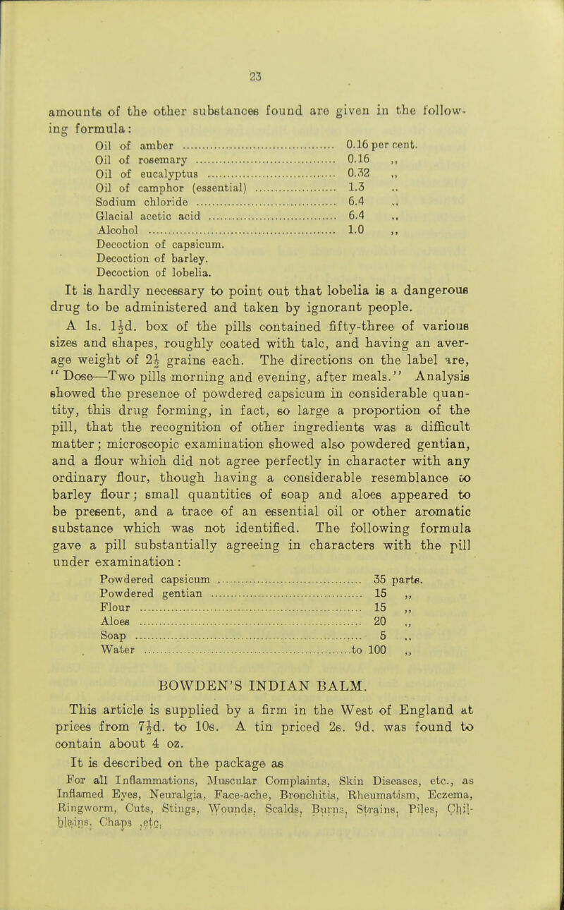 amounts of the other substances found are given in the follow- ing formula: Oil of amber 0.16 per cent. Oil of rosemary 0.16 ,, Oil of eucalyptus 0.32 Oil of camphor (essential) 1.3 Sodium chloride 6.4 Glacial acetic acid 6.4 Alcohol 1.0 ,, Decoction of capsicum. Decoction of barley. Decoction of lobelia. It is hardly necessary to point out that lobelia is a dangerous drug to be administered and taken by ignorant people. A Is. l^d. box of the pills contained fifty-three of various sizes and shapes, roughly coated with talc, and having an aver- age weight of 2|- grains each. The directions on the label are,  Dose—Two pills morning and evening, after meals. Analysis showed the presence of powdered capsicum in considerable quan- tity, this drug forming, in fact, 60 large a proportion of the pill, that the recognition of other ingredients was a difficult matter; microscopic examination showed also powdered gentian, and a flour which did not agree perfectly in character with any ordinary flour, though having a considerable resemblance to barley flour; small quantities of soap and aloes appeared to be present, and a trace of an essential oil or other aromatic substance which was not identified. The following formula gave a pill substantially agreeing in characters with the pill under examination: Powdered capsicum 35 parte. Powdered gentian 15 Flour 15 Aloee :. 20 Soap 5 Water to 100 BOWDEN'S INDIAN BALM. This article is supplied by a firm in the West of England at prices from 7|d. to 10s. A tin priced 2s. 9d. was found to contain about 4 oz. It is described on the package as For all Inflammations, Muscular Complaints, Skin Diseases, etc., as Inflamed Eyes, Neuralgia, Face-ache, Bronchitis, Rheumatism, Eczema, Ringworm, Cuts, Stings, Wounds, Scalds, Burns, Strains, Piles, Chil- blains. Chaps ,etc.