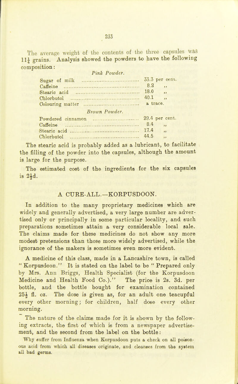 The average weight of the contents of the three capsules was 11| grains. Analysis showed the powders to have the following composition: Pink Powder. Sugar of milk 33.3 per cent-. Caffeine 8.2 Stearic acid 18.0 Chlorbutol 40.1 Colouring matter a trace. Brown Powder. Powdered oinnamon 29.4 per cent. Caffeine 8.4 Stearic acid 17.4 ,, Chlorbutol 44.5 The stearic acid is probably added as a lubricant, to facilitate the filling of the powder into the capsules, although the amount is large for the purpose. The estimated cost of the ingredients for the six capsules is 2£d. A CURE-ALL.—KORPUSDOON. In addition to the many proprietary medicines which are widely and generally advertised, a very large number are adver- tised only or principally in some particular locality, and such preparations sometimes attain a very considerable local sale. The claims made for these medicines do not show any more modest pretensions than those more widely advertised, while the ignorance of the makers is sometimes even more evident. A medicine of this class, made in a Lancashire town, is called Korpusdoon. It is stated on the label to be Prepared only by Mrs. Ann Briggs, Health Specialist (for the Korpusdoon Medicine and Health Food Co.). The price is 2s. 3d. per bottle, and the bottle bought for examination contained 25£ fl. oz. The dose is given as, for an adult one teacupful every other morning; for children, half do6e every other morning. The nature of the claims made for it is shown by the follow- ing extracts, the first of which is from a newspaper advertise- ment, and the second from the label on the bottle: Why suffer from Influenza when Korpusdoon puts a check on all poison- ous acid from which all diseases originate, and cleanses from the system all bad germs.