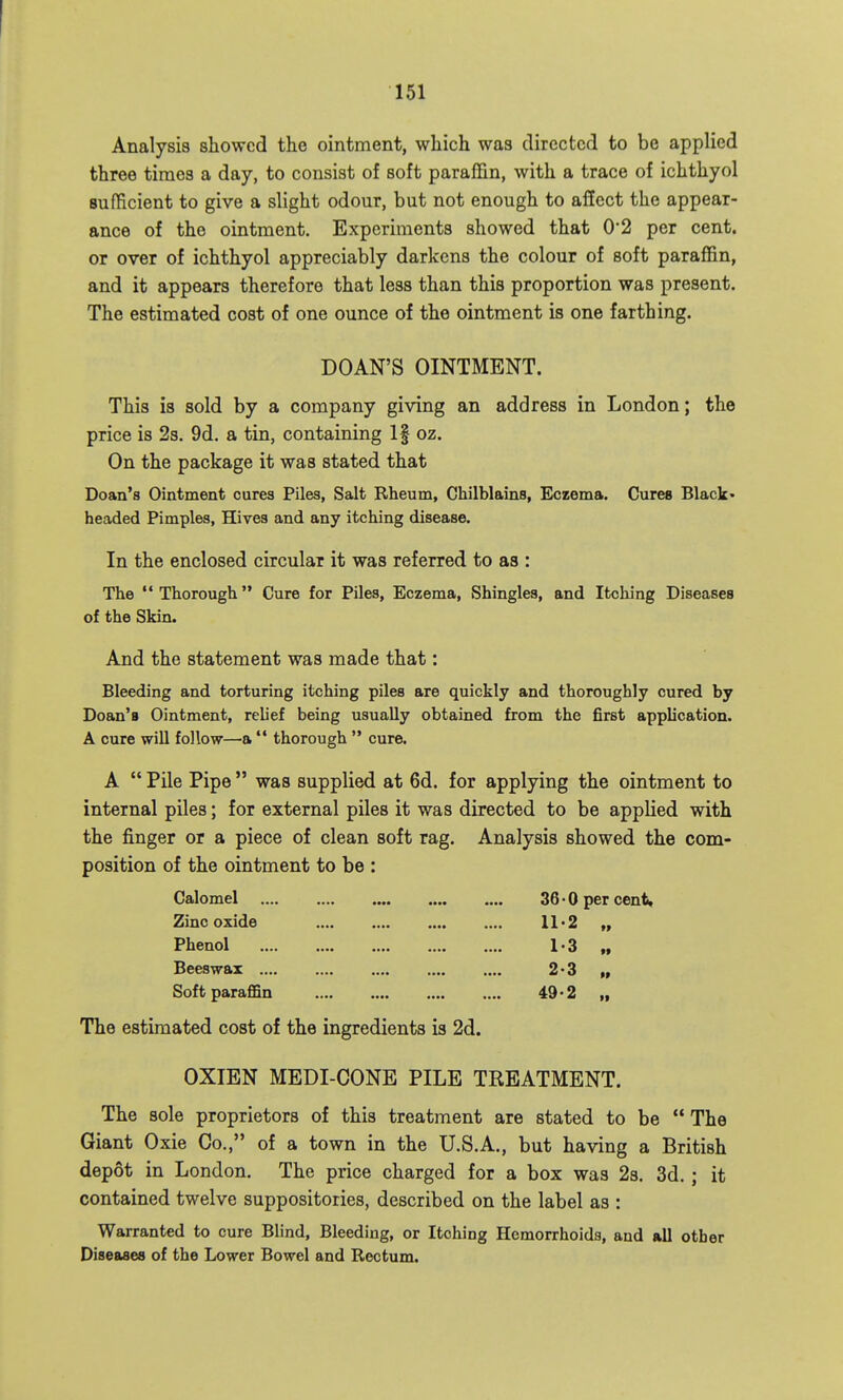Analysis showed the ointment, which was directed to be applied three times a day, to consist of soft paraffin, with a trace of ichthyol sufficient to give a slight odour, but not enough to affect the appear- ance of the ointment. Experiments showed that 0*2 per cent, or over of ichthyol appreciably darkens the colour of soft paraffin, and it appears therefore that less than this proportion was present. The estimated cost of one ounce of the ointment is one farthing. DOAN'S OINTMENT. This is sold by a company giving an address in London; the price is 2s. 9d. a tin, containing If oz. On the package it was stated that Doan's Ointment cures Piles, Salt Rheum, Chilblains, Eczema. Cures Black- headed Pimples, Hives and any itching disease. In the enclosed circular it was referred to as : The Thorough Cure for Piles, Eczema, Shingles, and Itching Diseases of the Skin. And the statement was made that: Bleeding and torturing itching piles are quickly and thoroughly cured by Doan's Ointment, relief being usually obtained from the first application. A cure will follow—a thorough cure. A Pile Pipe was supplied at 6d. for applying the ointment to internal piles; for external piles it was directed to be applied with the finger or a piece of clean soft rag. Analysis showed the com- position of the ointment to be : Calomel 36-0 per cent, Zinc oxide 11'2 „ Phenol 1.3 „ Beeswax 2-3 „ SoftparaflBn 49-2 „ The estimated cost of the ingredients is 2d. OXIEN MEDI-CONE PILE TREATMENT. The sole proprietors of this treatment are stated to be The Giant Oxie Co., of a town in the U.S.A., but having a British depot in London. The price charged for a box was 28. 3d. ; it contained twelve suppositories, described on the label as : Warranted to cure Blind, Bleeding, or Itching Hemorrhoids, and all other Diseases of the Lower Bowel and Rectum.