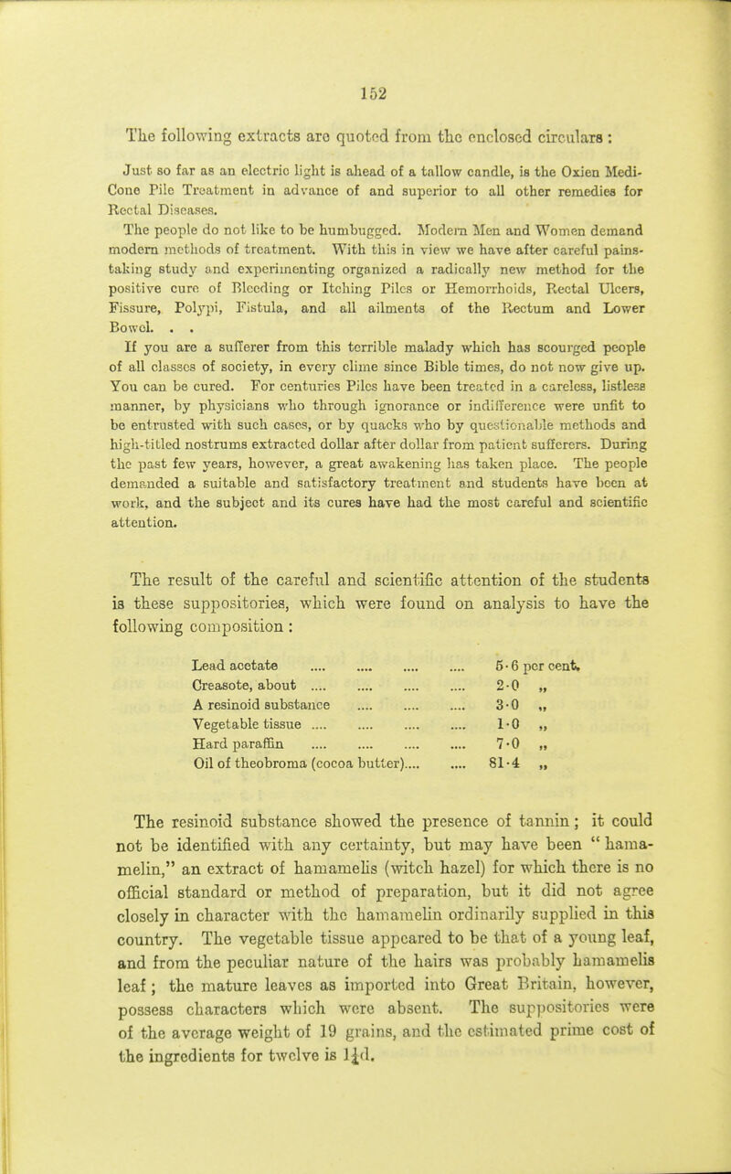 The following extracts are quoted from the enclosed circulars : Just 80 far as an electric light is ahead of a tallow candle, is the Oxien Medi- Cone Pile Treatment in advance of and superior to all other remedies for Rectal Diseases. The people do not like to be humbugged. Modem Men and Women demand modem methods of treatment. With this in view we have after careful pains- taking study and experimenting organized a radicallj' new method for the positive euro of Bleeding or Itching Piles or Hemorrhoids, Rectal Ulcers, Fissure, Polypi, Fistula, and all ailments of the Rectum and Lower Bowel. . . If you are a sufferer from this terrible malady which has scourged people of all classes of society, in every clime since Bible times, do not now give up. You can be cured. For centuries Piles have been treated in a careless, listless manner, by physicians who through ignorance or indillerence were unfit to be entrusted with such cases, or by quacks who by questionable methods and high-titled nostrums extracted dollar after dollar from patient sufferers. During the past few years, however, a great awakening lias taken place. The people demanded a suitable and satisfactory treatment and students have been at work, and the subject and its cures have had the most careful and scientific attention. The result of the careful and scientific attention of the students is these suppositories, which were found on analysis to have the following composition: Lead acetate 5-6 per cent, Creasote, about .... 2-0 „ A resinoid substance .... .... .... 3-0 „ Vegetable tissue 1-0 ,, Hard paraffin 7-0 „ Oil of theobroma (cocoa butter) 81-4 „ The resinoid substance showed the presence of tannin; it could not be identified with any certainty, but may have been  haraa- melin, an extract of hamamehs (witch hazel) for which there is no official standard or method of preparation, but it did not agree closely in character with the haniaraelin ordinarily supplied in this country. The vegetable tissue appeared to be that of a young leaf, and from the peculiar nature of the hairs was probably hamamelis leaf; the mature leaves as imported into Great Britain, however, possess characters wbich were absent. The suppositories were of the average weight of 19 grains, and the estimated prime cost of the ingredients for twelve is l^d.