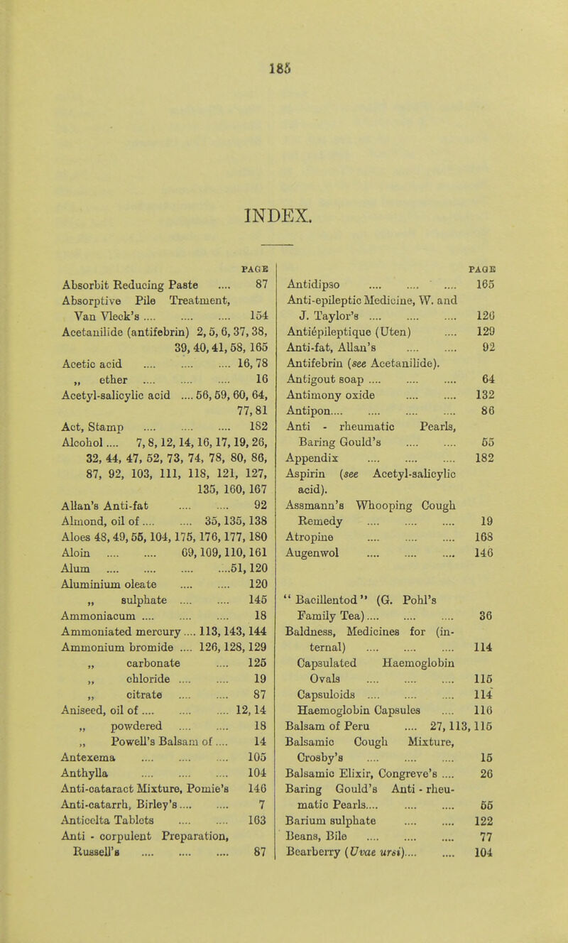 INDEX. PAGE Absorbit Reducing Paste .... 87 Absorptive Pile Treatment, Van Vleck's 154 Acetauilide (antifebrin) 2,5, 6,37,38, 39,40,41,58, 165 Acetic acid 16, 78 „ ether 16 Acetyl-salicylic acid .... 56,59, 60, 64, 77,81 Act, Sta,mp 1S2 Alcohol.... 7,8,12,14,16,17,19, 26, 32, 44, 47, 52, 73, 74, 78, 80, 86, 87, 92, 103, 111, 118, 121, 127, 135, 160,167 AUan's Anti-fat 92 Ahnond, oil of 35,135,138 Aloes 48,49,55,104,175,176,177,180 Aloin 09,109,110,161 Alum 51,120 Aluminium oleate 120 „ sulphate 145 Ammoniacum 18 Ammoniated mercury.... 113,143,144 Ammonium bromide .... 126,128,129 „ carbonate .... 126 „ chloride 19 citrate 87 Aniseed, oil of 12,14 „ powdered 18 „ Powell's Balsam of.... 14 Antexema 105 AnthyUa 104 Anti-cataract Mixture, Pomie's 146 Anti-catarrh, Birley's 7 Anticelta Tablets 163 Anti - corpulent Preparation, Russell'B 87 PAan Antidipso .... 165 Anti-epileptic Medicine, W. and J. Taylor's 120 Antiepileptique (Uten) .... 129 Anti-fat, AUau's 92 Antifebrin (see Acetanilide). Antigout soap .... 64 Antimony oxide 132 Antipon 86 Anti - rheumatic Pearls, Baring Gould's 65 Appendix 182 Aspirin {see Acetyl-salicylic acid). Assmann's Whooping Cough Remedy 19 Atropine 168 Augenwol 146  BaciUentod (G. Pohl's Family Tea) 86 Baldness, Medicines for (in- ternal) 114 Capsulated Haemoglobin Ovals 115 Capsuloids 114 Haemoglobin Capsules 110 Balsam of Peru .... 27,113,115 Balsamic Cough Mixture, Crosby's 15 Balsamic Elixir, Congreve's .... 26 Baring Gould's Anti - rheu- matic Pearls.... 66 Barium sulphate 122 Beans, Bile 77 BearbeiTy {Dvae ursi) 104