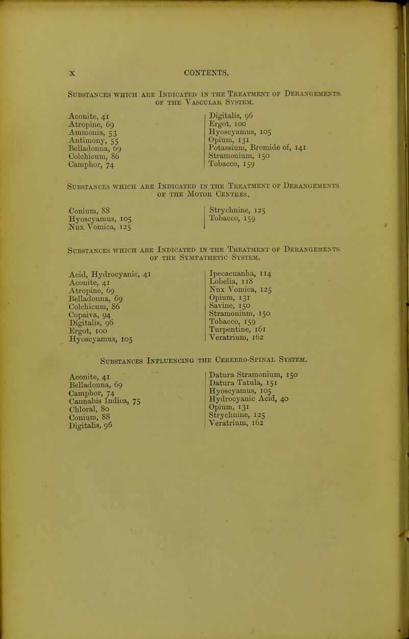 Substances which are Indica'i'ed in the Treatment of Derangesients. OF THE Vascular System. Aconite, 41 Atropine, 69 Ammonia, 53 Antimony, 55 Belladonna, 69 Colcliicum, 86 Camphor, 74 Digitalis, 96 Ergot, 100 Hyoscyamus, 105 Opium, 131 Potassium, Bromide of, 141 Stramonium, 150 Tobacco, 159 Substances which are Indicated in the Treatment of Derangements. OF THE Motor Centres. Conium, 88 Hyoscyamus, 105 Nux Vomica, 125 Stryclmine, 125 Tobacco, 159 Substances which are Indicated in the Treatment of Derangements- OF the Sympathetic System. Acid, Hydrocyanic, 41 Aconite, 41 Atropine, 69 Belladonna, 69 Colchicum, 86 Copaiva, 94 Digitalis, 96 Ergot, 100 Hyoscyamus, 105 IpecacuanLa, 114 Lobelia, 118 Nux Vomica, 125 Opium, 131 Savine, 150 Stramonium, 150 Tobacco, 159 Turpentine, 161 Veratrium, 162 Substances Influencing the Cerebro-Spinal System. Aconite, 41 Belladonna, 69 Camphor, 74 Cannabis Indica, 75 Chloral, 80 Conium, 88 Digitalis, 96 Datura Stramonium, 150 Datiira Tatula, 151 Hyoscyamus, 105 Hydrocyanic Acid, 40 Opium, 131 Strychnine, 125 Veratrium, 162