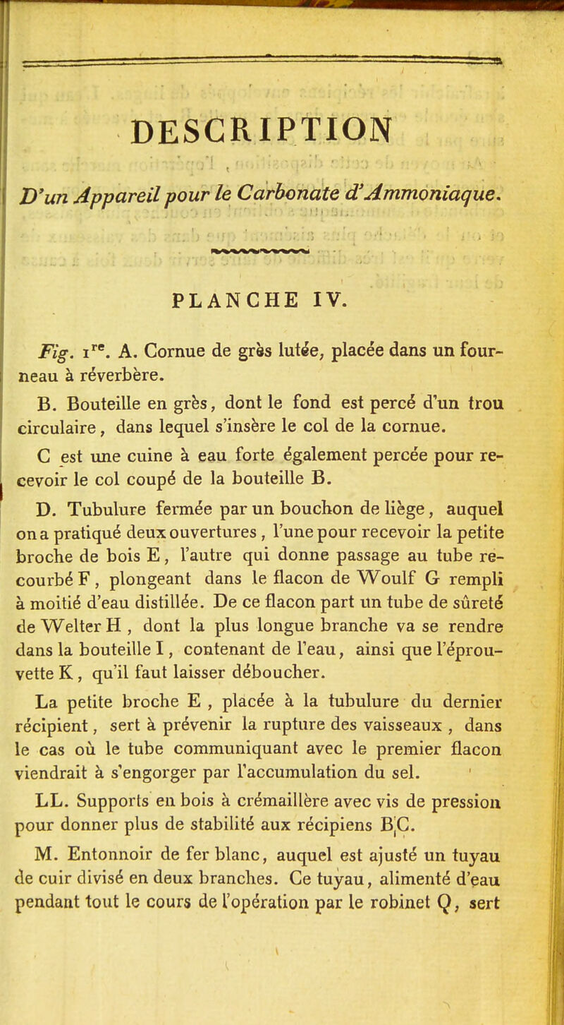 D'un Appareil pour le Carbonate d'Ammoniaque. PLANCHE IV. Fig. i*'. A. Cornue de grès lutée, placée dans un four- neau à réverbère. B. Bouteille en grès, dont le fond est percé d'un trou circulaire, dans lequel s'insère le col de la cornue. G est une cuine à eau forte également percée pour re- cevoir le col coupé de la bouteille B. D. Tubulure fermée par un bouchon de liège, auquel on a pratiqué deux ouvertures, l'une pour recevoir la petite broche de bois E, l'autre qui donne passage au tube re- courbé F, plongeant dans le flacon de Woulf G rempli à moitié d'eau distillée. De ce flacon part un tube de sûreté de Welter H , dont la plus longue branche va se rendre dans la bouteille I, contenant de Teau, ainsi que l'éprou- vette K, qu'il faut laisser déboucher. La petite broche E , placée à la tubulure du dernier récipient, sert à prévenir la rupture des vaisseaux , dans le cas où le tube communiquant avec le premier flacon viendrait à s'engorger par l'accumulation du sel. LL. Supports en bois à crémaillère avec vis de pression pour donner plus de stabilité aux récipiens B,G. M. Entonnoir de fer blanc, auquel est ajusté un tuyau de cuir divisé en deux branches. Ce tuyau, alimenté d'eau pendant tout le cours de l'opération par le robinet Q, sert