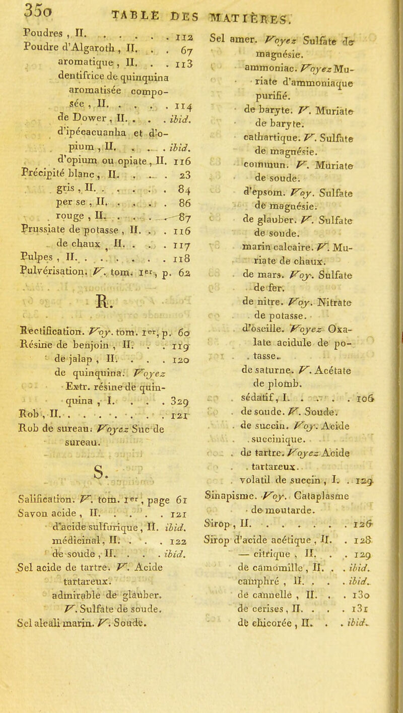 Poudres ,11. Poudre d'Algaroth, II. . . 67 aromatique, II. . . ii3 dentirùce de (juinquina aromatisée compo- sée ,11 11^ cle Dower , II, . , . ihid. d'ipécacuanlia et d'o- pium ,11. . . . ilid. d'opium ou.opiate, II. 116 Précipité blanc, II. ... 28 gris ,. II. 84 per se , II. .... 86 . rouge , IL . . - -^j Prussiate de potasse , II. . .116 de chaux , H- • . . 117 Pulpes , II, 118 Pulvérisation, if^. tom, i=s p- 6a IIJOU R. B'eclifîcation. P^-oy. tom. i, p, 60 Résine de benjoin , II; , .119 ■ de jalap , H. . . . 120 de quinquina;': T^ojez E»tr. résine dé quin- quina ,1. . , . 329 Rob, II. . .... . . 121 B-ob de sureau; ï^oycz Suc'de sureau. S. Salification. V. tom. i«r , page 6r Savon acide , II. ' ;' :.' '. . 121 d''.acide sulfu'rique, lï. ihid, médicinal, II; . . . 122 ' dre soude , II. . . .ihid. Sel acide de tartre-. Acide tartareux'. admirable de glaiîber. V^. Sulfate de soude. Sel alcali marin. T^. Soude. MATIÈRES. Sel amer. Voyez Sulfate de- magnésie, ammoniac./^o/e^Mu- riate d'ammoniaque purifié, de baryte. V. Muriate de baryte, cathartique. V. Sulfate de magnésie, commun. V. Muriate de soude, d'epsom. Vay. Sulfate de magnésie, de glauber. V. Sulfate de soude, marin calcaire.Mu- riate de chaux, de mars. Voy. Sulfate de fer. de nitre. Voy. Nitrate de potasse. d?6seille. Voyez Oxa- late acidulé de po- . tasse., de Saturne. ^.Acétate de plomb. .1 . sédatif, I. .... io5 ' . de soude. Soude. . de succin. Voy. Acide .succiuique. . de tartre. Voyez Acide . tartareux. . volatil de succin , I. . IS9. Sinapisme. Voy. Cataplasme ■ d& moutarde. Sirop , II. 126- Sirop d'acide acétique , II. . 128 — citrique ,11. . .129 de camomille , II. , . ihid. camphré , II. . . . ihid. de cannelle , II. . . i3o de cerises, II. . . . i3r db chicorée , H. . . ihid.