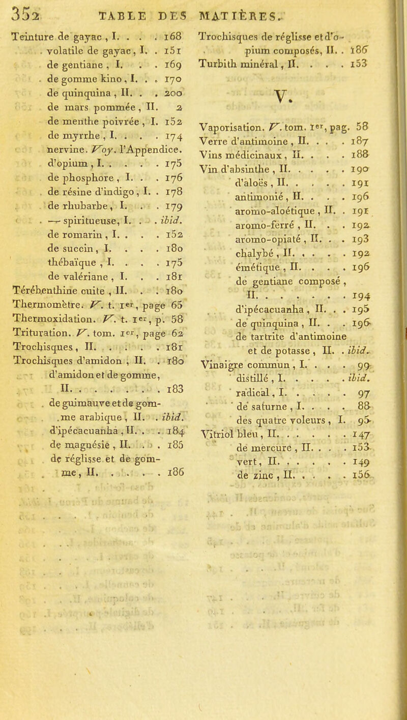 Teinture de gayac , I. . . .168 . volatile de gayac, I. . i5i de gentiaoe ,1, . . 169 . de gomme kino, I. . » 170 de c£uinc[uina , II. , . 200 de mars pommée, II. a de menthe poivrée , I. i52 de myrrhe , I. . . . 174 nervine. V^oy. l'Appendice, d'opium, I. . . . . 175 de phosphore , I. . .176 de résine d'indigo , I. . 178 de rhubarbe, I. . . 179 . — spiritueuse, I. . . ïbid. de romarin , I. . . . iSz de succin, I. . . . 180 thébaïque , I. . . .175 de valériane , I. . . i8r Térébenthine cuite ,11. . . 180 Thermomëtre. V. t. ler, page 65 Thermoxidation. V. t. I^r, p. 58 Trituration.^, tom. i^r, page 62 Trochisques , II i8r Trochisques d'amidon ,11. . 180 d'amidon et de gomme, II i83 . de guimauve et de gom- .me arabique, II. . ïbîd. d'ipécacuahhà , II. . . 184 dç magnésie , IL 1>. .3 . i85 dç réglisse et dè gom- me, II. . . . . i85 Trochisques de réglisse et d'o- pium composés, II. . ï86^ Turbith minéral, n. . . . i53 V. Vaporisation, ^. tom. le', pag. 58 Verre d'antimoine , II. . . . 187 Vins médicinaux, II. . . . 188 Vin d'absinthe ,11 190 d'aloës ,11 191 antimonié, II. . . . 196 aroino-aioétique , II. . 191 aromo-ferré ,11. . .19a aromo-opiaté, lî. . . 198 chalybé ,11 192 émétique, II. . . . 196 de gentiane composé, II. . . . . . . 194 d'ipécacuanha ,11. , .195 dé quinquina , II. . . 196- de tartrite d'antimoine et de potasse , II. . ibid^ Vinaigre commun, I. . . . 99; distillé , I ilid. radical, 1 97 ' de Saturne , I. . . . 88 des quatre voleurs , I. Vitriol bleu, II. . '. . . .147 de mercure , II. . . . i53- vert, II 149 de zinc ,11 i56„