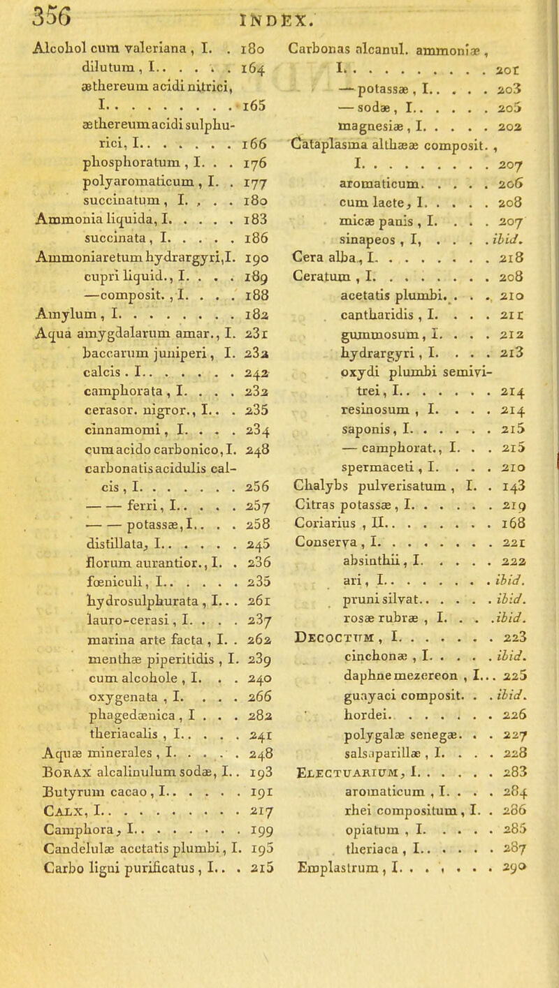 Alcohol cum valerlana ,1. .180 dilutum , 1 164 gsthereum acidi nitrici, I i65 ae thereum acidi sulphu- rici, 1 166 pliosphoratum , I. . . 176 polyaromaticum , I. . 177 succinatum, I. , . . 180 Ammonia lic£uida, I i83 succinata, 1 186 Ammoniaretumliydrargyri,!. 190 cupri liguid., I. . . . 189 —composit. , I. . . . 188 Amylum , I i8a Aç[ua amygdalarum amar., I. aSi baccarum juuiperi, I. aSa calcis . 1 24a campliorata, I. . . . 283 cerasor. uigror., I.. . 235 cinnamomi ,1. . . . 284 cumacidocarbonico,!. 248 carbonatisacidulis cal- cis, I 256 ferri, 1 267 potassce,!.. . . 268 disfillata, 1 245 florum aurantior., I. . 286 foEDiculi, 1 285 tydrosulpburata , I.. . 261 lauro-cerasi, I. . . . 287 marina arte facta , I. . 262 menthce piperitidis , I. 289 cum alcobole ,1. . . 240 oxygenata ,1. ... 266 phagedoBiiica, I . . . 28a theriacalis , 1 241 Ac[uae minérales , I. . ... 248 B0RA.X alcalinulumsodae, I.. 198 Butyrum cacao , 1 191 Calx, 1 217 Camphora , 1 199 Candelulas acetatis plumbi, I. 195 Carbo ligai puriiicatus, I.. . 2i5 Carbonas alcanul. ammonîap, 1 20t — potassae , 1 2o3 — sodae, 1 2o5 magaesiae , 1 202 Cataplasma allhaîae composit. , 1 207 aromaticum 2c6 cum laete j 1 208 micae panis ,1. ... 207 sinapeos ,1, .... ibiJ. Cera alba , 1 218 Ceratum , 1 208 acetatis plumbi. . . .,210 cantbaridis ,1. . . . 21 r gvunmosum,!. . . . 212 hydrargyri ,1. ... 2i3 oxydi plumbi semivi- trei, 1 214 resinosum ,1. ... 214 saponis, 1 2i5 — camphorat., I. . . 2i5 spermaceti ,1. ... 210 Chalybs pulverisatum, I. . 148 Citras potassae , 1 219 Coriarius ,11 168 Conserva , 1 221 absiathii, 1 222 ari, I ibidf. pvunisilvat ibicf. rosae rubrœ , I. . . .ibid. DECOCTUM , 1 223 cinchonse , I ibid. daphnemezcreon ,1... 225 guayaci composit. . . ibicf. hordei. 226 polygalae senegae. . . 227 sals.iparillae, I. . . . 228 EiECTUARIUM, 1 283 aromaticum , I. . . . 284 rhei corapositum, I. . 286 opiatum , 1 285 theriaca , 1 2B7 Eroplaslrum , I. ...... 290