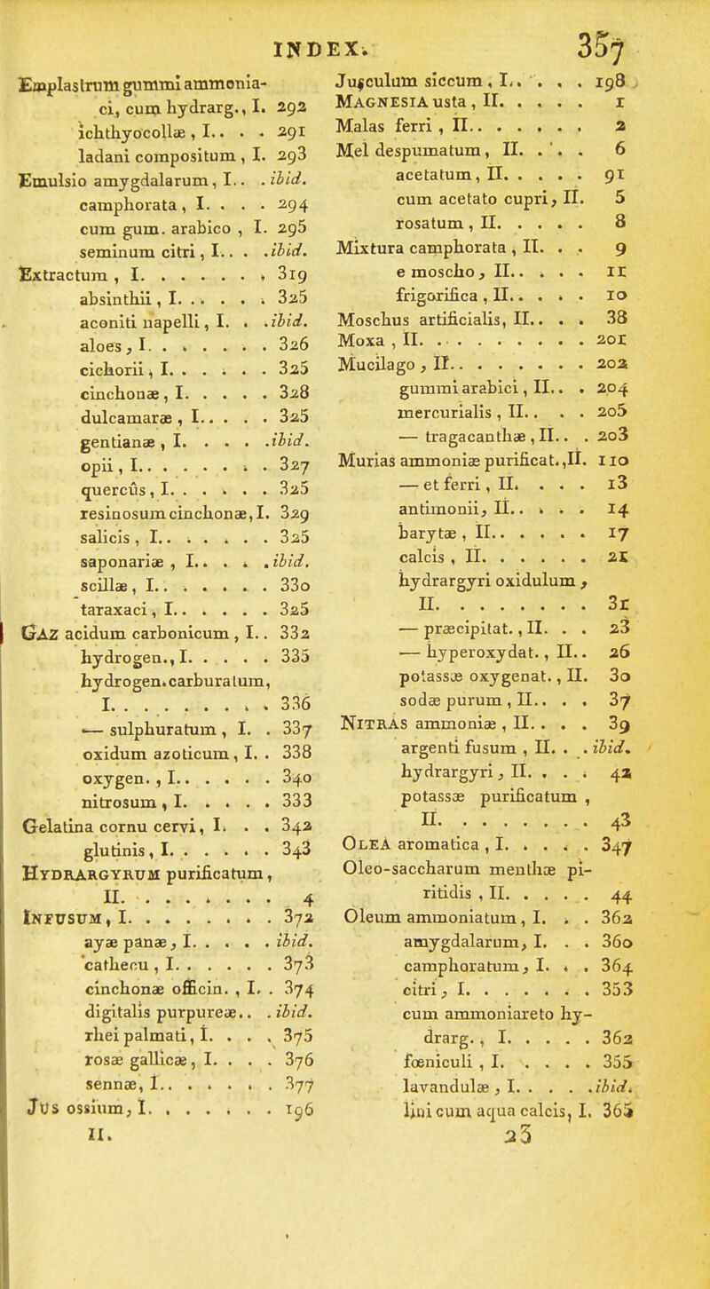 IND Eœplaslniiû gummx amtnonia- ci, cuni hydrarg., I. 292 ichthyocoUae , I.. . . 291 ladani compositum , I. 2.g3 Emulsio amygdalarum, I.. . ihid. camphorata, I. . . -294 cum gum. arabico , I. 295 seminum citri, I.. . .ibid. ïîxtractum , I • Sig absinthii, I. .. . . 325 aconid napelll, I. . . ibid. aloes, 1 3^6 cichorii ^ I. . . ; . . 3^5 cinchonae, 1 828 dulcamarae , 1 325 gentianae , I ibid. opii, I i . 827 quercûs, 1 3^5 resinosumcinclionaB,!. 829 salicis, I.. . . . . • 3^5 saponarise , I. • . i . ibid, scillae , 1 33o taraxaci, 1 325 I Gaz acidum carboaicum , I.. 882 hydrogen.,1 835 hydrogen.carburalum, I. ........ 836 •— sulpliuratum , I. . 887 oxîdum azoticum, I. ■ 338 oxygen. , 1 840 nitrosum , 1 333 Gelatina cornu cervi, 1» . . 842 glutinis , 1 848 Htdrargyrum purificatum, II 4 Infusum, I . 37a ayae panae, I ibid. cafhenu , 1 878 cinchonae oÊcin. , I. . 874 digitalis purpureae.. . ibid. rheipalmati, t. . . . 875 rosae galllcae, I- . . . 876 sennae, 1 ^ji Jus osïmm; I igô II. EXi ôb'J Ju^culum sîccum , I-. . . . 198 , MAGNESIAUSta , II I Malas ferri ,11 2 Mel despumatura, II. . '. . 6 acetatum ,11 91 cum acetato cupri, II. 5 rosatum ,11 8 MIxtura camphorata , II. . . 9 emoschoj II.. * . . II frigorifica ,11 lo Moschus artificialis, IL. . . 38 Moxa , il. 2or Mucilage ,11 20a gummi arabici, II.. . 204 merciirlalis , II.. . . 2o5 — tragacanthse , II.. . 2o3 Murias ammonias purificat. ,11. 110 — et ferri, II. ... i3 antiraonii. II.. > . . 14 barytae ,11 17 calcis ,11 as hydrargyri oxidulum , 11 3r — prsBcipitat. ,11. . . 23 — hyperoxydat., II.. 26 polassje oxygénât., II. 3o sodse purum , II.. . . 87 NiTRAS ammoniœ , II. . . . 89 argenti fusum , II. . . ibid, hydrargyri, H. . . * 4a potassae purificatum , II 43 OleA aromatica , 1 847 Oleo-saccharum menthœ pi- ritidis ,11 44 Oleum ammonlatum , I. . . 86a amygdalarum, I. . . 860 camplioratum, I. » . 864 citri, 1 853 cum ammoniareto hy- drarg. , 1 862 fœniculi , 1 355 lavandulse , I ibid» Uni cum aqua calcis, I. 365 35