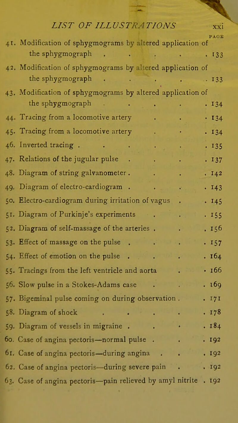 41. Modification of sphygmograms by altered application of the sphygmograph . . . . .133 42. Modification of sphygmograms by altered application of the sphygmograph . . ' . , -133 43. Modification of sphygmograms by altered application of the sphygmograph . . . .134 44. Tracing from a locomotive artery . . .134 45. Tracing from a locomotive artery . • -134 46. Inverted tracing . . . . . .135 47. Relations of the jugular pulse . . . .137 48. Diagram of string galvanometer .... 142 49. Diagram of electro-cardiogram .... 143 50. Electro-cardiogram during irritation of vagus . . 145 51. Diagram of Purkinje's experiments . . . 155 52. Diagram of self-massage of the arteries . . .156 53. Effect of massage on the pulse . . . .157 54. Effect of emotion on the pulse . . . .164 55. Tracings from the left ventricle and aorta . • 166 56. Slow pulse in a Stokes-Adams case . . . 169 57. Bigeminal pulse coming on during observation . . 171 58. Diagram of shock ..... 178 59. Diagram of vessels in migraine . . • .184 60. Case of angina pectoris—normal pulse . . . 192 6r. Case of angina pectoris—during angina . . . 192 62. Case of angina pectoris—during severe pain . . 192 62. Case of angina pectoris—pain relieved by amyl nitrite . 192