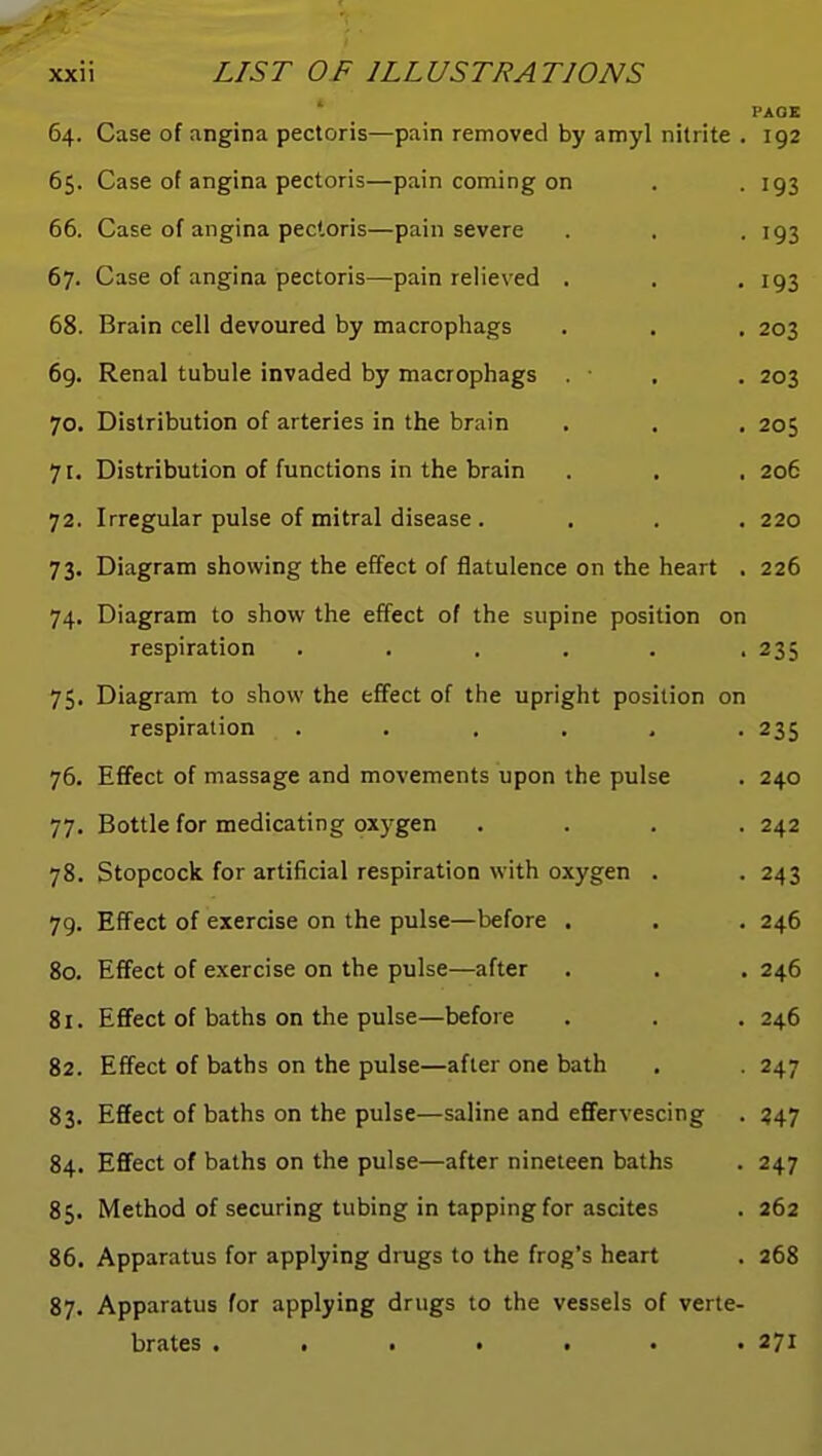 PAOK 64. Case of angina pectoris—pain removed by amyl nitrite . 192 65. Case of angina pectoris—pain coming on . . 193 66. Case of angina pectoris—pain severe . . -193 67. Case of angina pectoris—pain relieved . . • I93 68. Brain cell devoured by macrophags . , . 203 69. Renal tubule invaded by macrophags . . 203 70. Distribution of arteries in the brain , . , 205 71. Distribution of functions in the brain . . , 206 72. Irregular pulse of mitral disease .... 220 73. Diagram showing the effect of flatulence on the heart . 226 74. Diagram to show the effect of the supine position on respiration ..... . 235 75. Diagram to show the effect of the upright position on respiration ...... 235 76. Effect of massage and movements upon the pulse . 240 77. Bottle for medicating oxygen .... 242 78. Stopcock, for artificial respiration with oxygen . . 243 79. Effect of exercise on the pulse—before . . . 246 80. Effect of exercise on the pulse—after . . .246 81. Effect of baths on the pulse—before . . . 246 82. Effect of baths on the pulse—after one bath . . 247 83. Effect of baths on the pulse—saline and effervescing . 347 84. Effect of baths on the pulse—after nineteen baths . 247 85. Method of securing tubing in tapping for ascites . 262 86. Apparatus for applying drugs to the frog's heart . 268 87. Apparatus for applying drugs to the vessels of verte- brates ....... 271