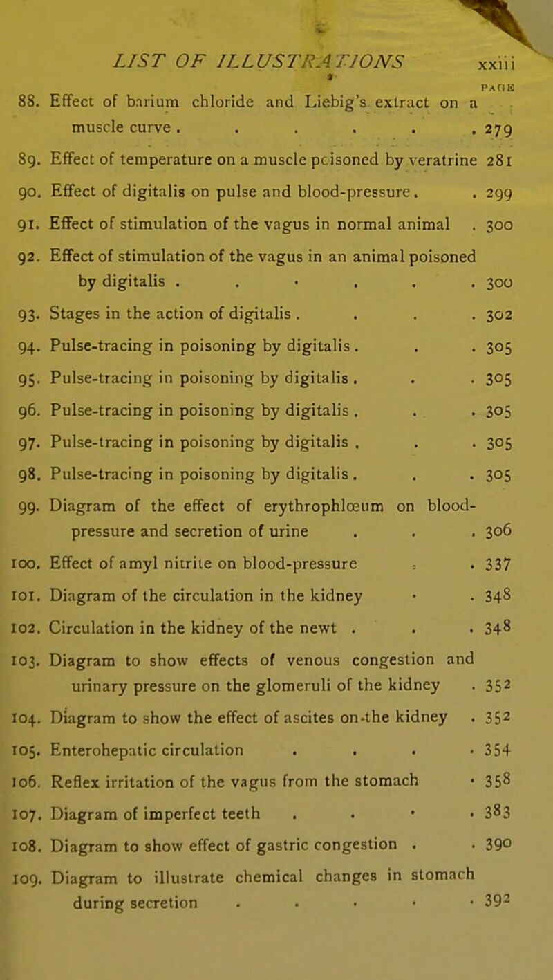 88. 89. 90. 91. 92. 93- 94. 95- 96. 97- 98. 99- 100. loi. 102, 103. 104. 105. 106. 107. 108. 109. XXI n Effect of barium chloride and Liebig's extract on a muscle curve ...... 279 Effect of temperature on a muscle poisoned by veratrine 281 Efifect of digitalis on pulse and blood-pressure. , 299 EfiFect of stimulation of the vagus in normal animal . 300 Efifect of stimulation of the vagus in an animal poisoned by digitalis 300 Stages in the action of digitalis .... 302 Pulse-tracing in poisoning by digitalis . . . 305 Pulse-tracing in poisoning by digitalis . . . 305 Pulse-tracing in poisoning by digitalis , . . 305 Pulse-tracing in poisoning by digitalis . . . 305 Pulse-tracing in poisoning by digitalis . . . 305 Diagram of the effect of erythrophloeum on blood- pressure and secretion of urine . . . 306 Effect of amyl nitrite on blood-pressure = .337 Diagram of the circulation in the kidney • . 348 Circulation in the kidney of the newt . . . 348 Diagram to show effects of venous congestion and urinary pressure on the glomeruli of the kidney . 352 Diagram to show the effect of ascites on-the kidney . 352 Enterohepatic circulation .... 354 Reflex irritation of the vagus from the stomach • 358 Diagram of imperfect teeth . . • . 383 Diagram to show effect of gastric congestion . . 39° Diagram to illustrate chemical changes in stomach during secretion . . . • • 39-