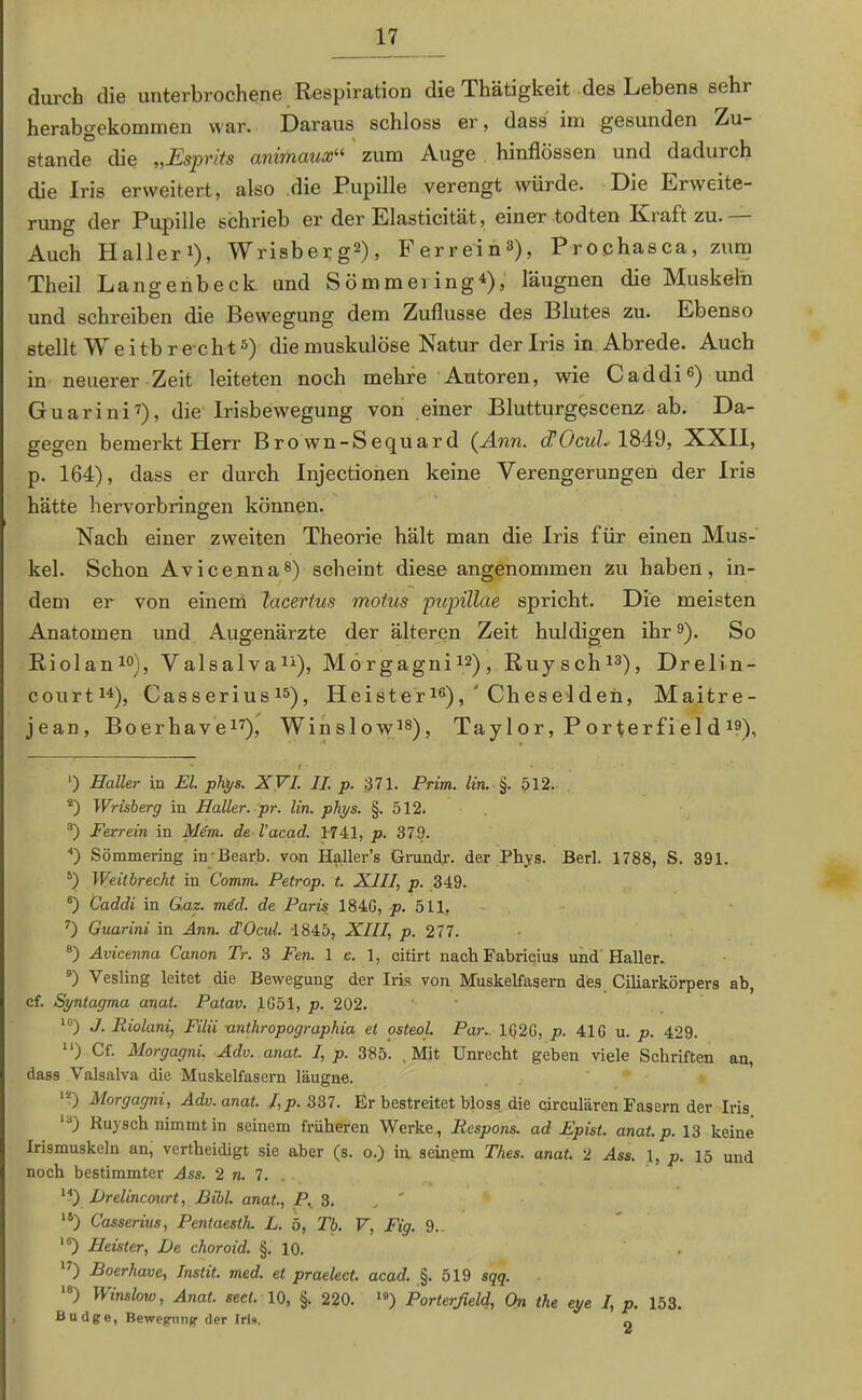 durch die unterbrochene Respiration die Thätigkeit des Lebens sehr herabgekominen war. Daraus schloss er, dass im gesunden Zu- stande die „Esprits animaux“ zum Auge hinflössen und dadurch die Iris erweitert, also die Pupille verengt würde. Die Erweite- rung der Pupille schrieb er der Elasticität, einer todten Ivraft zu. Auch Halleri), Wrisbei;g* 2), Ferrein3), Prochasca, zum Theil Langenbeck und Sömmeving4), läu0nen die fMuskelii und schreiben die Bewegung dem Zuflusse des Blutes zu. Ebenso stellt Weitbrecht5) die muskulöse Natur der Iris in Abrede. Auch in neuerer Zeit leiteten noch mehre Autoren, wie Caddi6 *) und GuarinP), die Irisbewegung von einer Blutturgescenz ab. Da- gegen bemerkt Herr Brown-Sequard (Ann. 1849, XXII, p. 164), dass er durch Injectionen keine Verengerungen der Iris hätte hervorbringen können. Nach einer zweiten Theorie hält man die Iris für einen Mus- kel. Schon Avicenna8) scheint diese angenommen zu haben, in- dem er von einem lacertus motus pupillae spricht. Die meisten Anatomen und Augenärzte der älteren Zeit huldigen ihr9). So Riolan10), Valsalva11), Morgagni12), Ruysch13), Drelin- court14), Casserius i5), Heister16), Cheselden, Maitre- jean, Boerhave17), Winslow18), Tay 1 o r, P orter fi e 1 d 19), * t • * ‘) Haller in El. pliys. XVI. II. p. 371. Prim. lin. §. 512. 2) Wrisberg in Haller, pr. lin. phys. §. 512. 3) Ferrein in Mim. de l’acad. 1741, p. 379. 4) Sömmering inBearb. von Haller’s Grundr. der Phys. Berl. 1788, S. 391. 6) Weitbrecht in Comm. Petrop. t. XIII, p. 349. 6) Caddi in Gaz. mid. de Paris 184G, p. 511. 7) Guarini in Ann. d'Ocul. 4845, XIII, p. 277. 8) Avicenna Canon Tr. 3 Fen. 1 c. 1, citirt nach Fabricius und Haller. 9) Vesling leitet die Bewegung der Iris von Muskelfasern des Ciliarkörpers ab, cf. Syntagma anat. Patav. 1G51, p. 202. 10) J. Riolani, Filii anthropographia et osteol. Par. 1G2G, p. 41G u. p. 429. ) Cf- Morgagni. Adv. anat. I, p. 385. Mit Unrecht geben viele Schriften an, dass Valsalva die Muskelfasern läugne. w) Morgagni, Adv. anat. I, p. 337. Er bestreitet bloss die circularen Fasern der Iris u) Ruysch nimmt in seinem früheren Werke, Respons. ad Epist. anat. p. 13 keine Irismuskeln an, vertheidigt sie aber (s. o.) in seinem Thes. anat. 2 Ass. 1, p. 15 und noch bestimmter .4ss. 2 n. 7. . 14) Drelincourt, Bibi anat., P. 3. 15) Casserius, Pentaestlu L. 5, Tb. V, Fig. 9. 16) Heister, De choroid. §.10. . ') Boerhave, Instit. med. et praelect. acad. §. 519 sqq. 1B) Winslow, Anat. sect. 10, §. 220. 19) Porterfield, On the eye I, p. 153. Budge, Bewegung der Irl«. 0